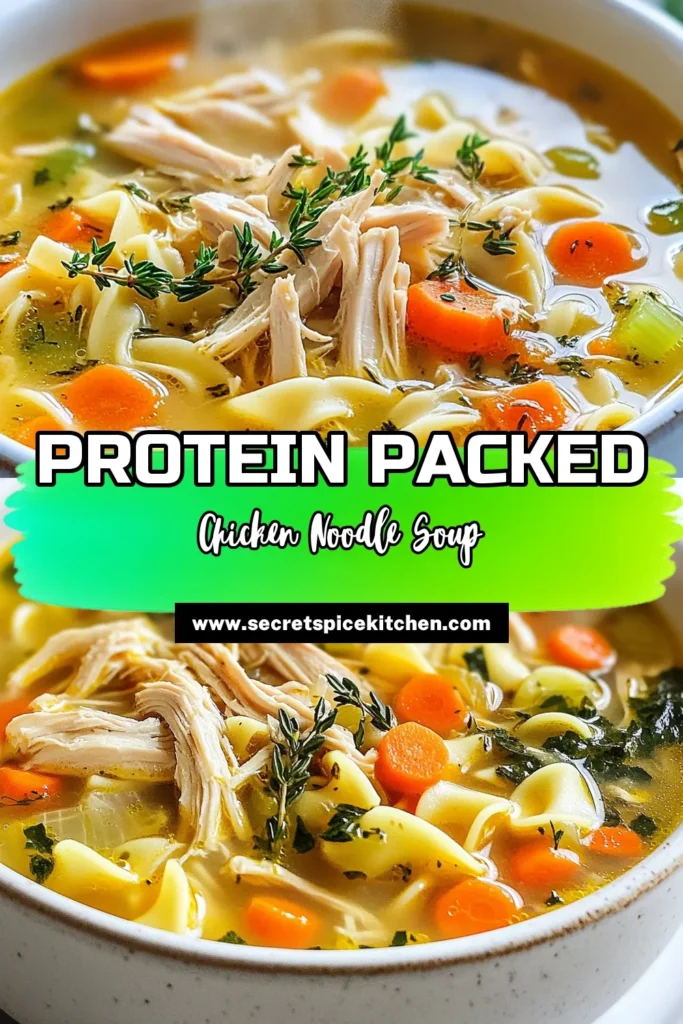 Warm up with this nutritious high protein chicken noodle soup! Packed with shredded chicken, whole grain egg noodles, and vibrant veggies, this healthy chicken soup recipe promotes wellness while being delicious. Made with low sodium chicken broth, it's perfect for everyone looking for a comforting and easy chicken noodle soup recipe. Try it today and enjoy a wholesome meal! Save this recipe for later! #ChickenNoodleSoup #HealthyRecipes #ProteinPacked #SoupRecipe