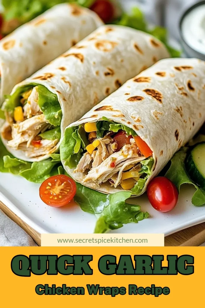 Discover this delicious Garlic Chicken Wraps recipe that's perfect for a healthy meal! These healthy chicken wraps combine tender shredded chicken, mixed greens, and a zesty Greek yogurt dressing all wrapped in whole wheat wraps with chicken. Ready in just 25 minutes, this easy garlic chicken recipe is ideal for busy nights. Try it today and enjoy a nutritious meal! Save now for later! #GarlicChickenWraps #HealthyEating #EasyRecipes #WholeWheatWraps