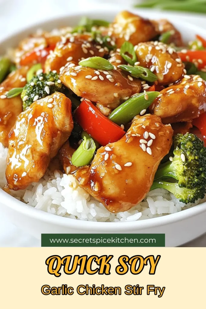 Whip up a delicious and easy chicken stir fry recipe with this Soy Garlic Chicken Stir Fry! This healthy stir fry with vegetables features tender chicken thigh stir fry with broccoli, colorful bell peppers, and snap peas, all coated in a flavorful soy garlic sauce. Perfect for quick weeknight dinner recipes, it will be a hit with the whole family. Try it tonight! Save this recipe for later! #SoyGarlicChickenStirFry #EasyChickenStirFry #HealthyStirFry #QuickDinnerRecipes