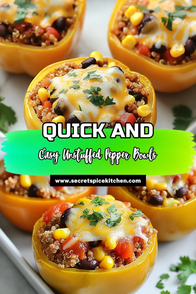 Savor the deliciousness of unstuffed pepper bowls, an easy and nutritious dinner idea! Packed with ground turkey, quinoa, and colorful bell peppers, this recipe is perfect for healthy meal prep. Ideal for busy nights, this dish combines flavorful ingredients like black beans and corn for a satisfying meal. Try these unstuffed pepper bowls tonight and enjoy a wholesome dinner. Don't forget to save this recipe! #unstuffedpepperbowls #groundturkeyrecipes #quinoameals #healthydinnerideas
