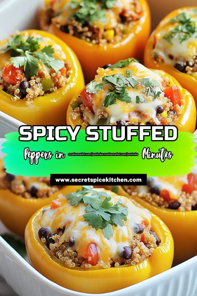 Looking for a quick and healthy dinner recipe? Try these spicy stuffed peppers! This ground chicken recipe features bell peppers filled with quinoa, black beans, and seasoned ground chicken, topped with melted cheese for a delicious meal. Perfect for a weeknight dinner, these healthy stuffed bell peppers are nutritious and satisfying. Save this recipe for your next family dinner! #SpicyStuffedPeppers #GroundChickenRecipe #QuinoaStuffedPeppers #EasyDinnerRecipe