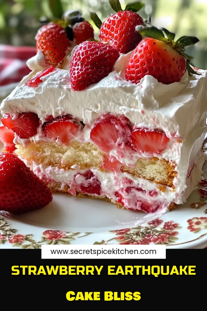 Indulge in the deliciousness of this Strawberry Earthquake Cake! This easy strawberry dessert combines moist strawberry cake and a creamy filling, making it a perfect treat any time. Enhanced with a whipped cream topping, it's the ultimate cream cheese dessert that will impress your guests. Try this delightful strawberry cake recipe today and get ready for compliments! Save this recipe for your next gathering! #StrawberryEarthquakeCake #EasyStrawberryDessert #CreamCheeseDessert #WhippedCreamToppingRecipe
