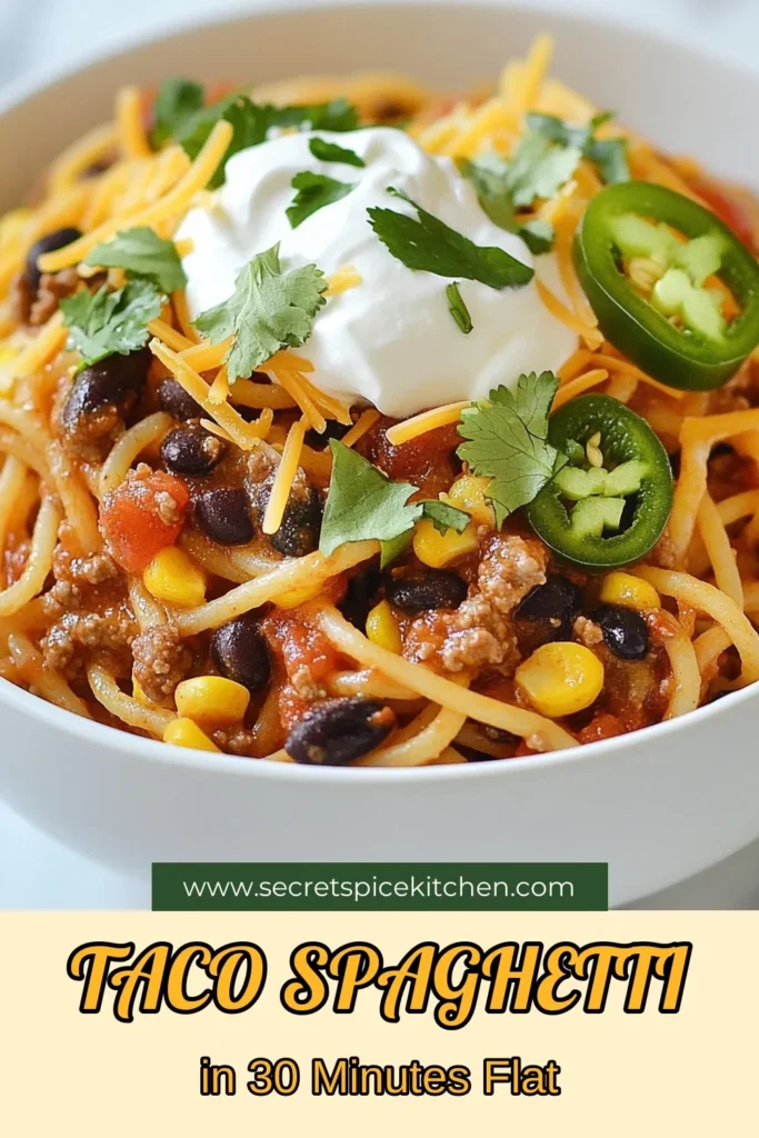 Discover the ultimate Taco Spaghetti recipe that merges the bold flavors of tacos with the comfort of spaghetti! This easy taco pasta is a one-pot wonder, making clean-up a breeze. Packed with ground beef, taco seasoning, and topped with melted cheese, this spaghetti with taco seasoning is perfect for busy weeknights. Whip up this beef taco spaghetti in just 25 minutes for a meal everyone will love. Save this recipe to try it later! #TacoSpaghetti #EasyDinner #OnePotMeal #PastaLovers