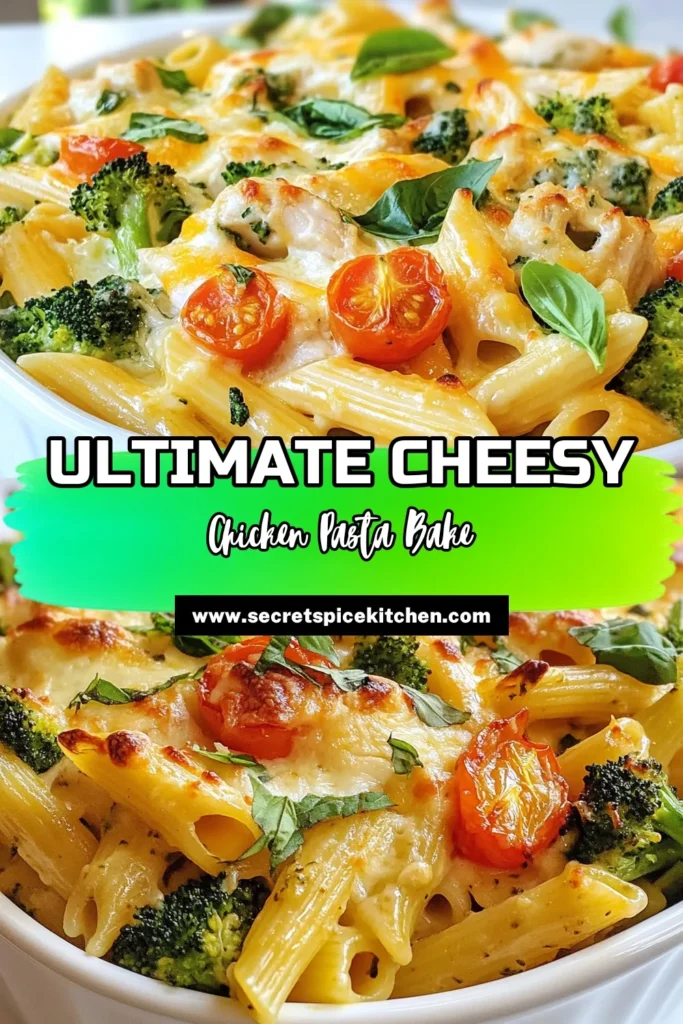 Indulge in this Cheesy Chicken Pasta Bake, the ultimate easy chicken pasta recipe perfect for any night! This baked pasta recipe combines tender chicken, creamy cheeses, and colorful veggies for a delicious comfort food pasta bake your family will love. Ready in just 45 minutes, it's a hassle-free meal that will impress. Try this cheesy chicken and cheese pasta dish today and make dinner a hit! Save this recipe for later! #CheesyChickenPastaBake #ComfortFood #BakedPasta #EasyChickenRecipe