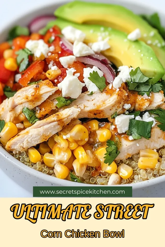 Looking for a deliciously healthy meal? Try this flavorful Street Corn Chicken Bowl! Packed with shredded chicken, quinoa, and fresh corn, it’s a perfect Chicken Quinoa Bowl for lunch or dinner. This vibrant Corn and Chicken Recipe is inspired by Mexican street corn, making it a unique Healthy Chicken Bowl Recipe. Enjoy this nutritious dish topped with avocado and creamy Greek yogurt. Save this recipe for your next meal idea! #StreetCornChickenBowl #HealthyCooking #MexicanStreetCornBowl #MealPrepIdeas
