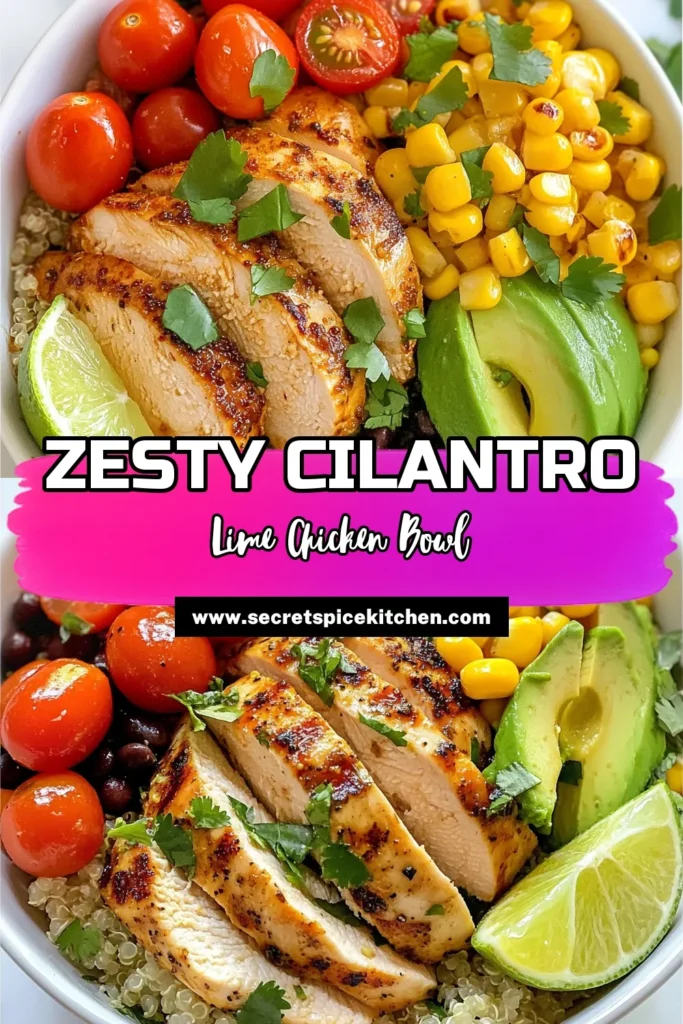 Looking for a delicious and nutritious meal? Try this Zesty Cilantro Lime Chicken Bowl! Packed with flavors and perfect for a quick weeknight meal, this easy chicken dinner features tender chicken, savory quinoa, and fresh toppings like avocado and cherry tomatoes. It's a fantastic addition to your healthy quinoa recipes. Get inspired to make this zesty chicken recipe today! Save it for later! #CilantroLimeChickenBowl #EasyChickenDinner #AvocadoChickenBowl #HealthyRecipes