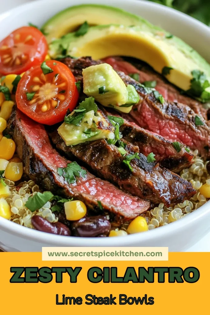 Discover the deliciousness of Cilantro Lime Steak Bowls, a perfect Flank Steak Recipe for a healthy dinner. This Grilled Steak Bowl is not only flavorful but also packed with nutrients. Combine seasoned steak with quinoa, black beans, and fresh veggies for a satisfying meal. Easy to make and ideal for meal prep! Save this recipe for your next healthy dinner idea and impress your family! #CilantroLimeSteakBowl #HealthyDinnerIdeas #QuinoaBowlRecipes #GrilledSteakBowl