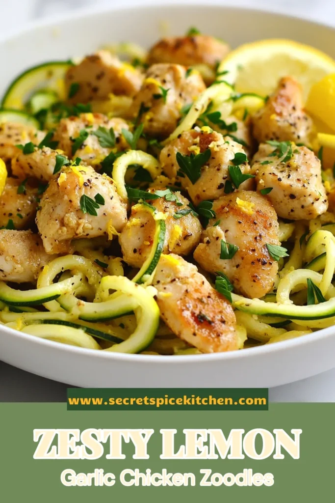 Looking for a quick and delicious dinner option? Try this Lemon Garlic Chicken Zoodles recipe! It's packed with flavor, healthy, and perfect for anyone seeking low carb chicken dishes. Using spiralized zucchini, this dish is a standout among healthy zoodle recipes. Make it in just 20 minutes for a satisfying weeknight meal. Save this recipe for an easy lemon chicken dinner that everyone will love! #HealthyRecipes #LowCarb #Zoodles #ChickenDinner