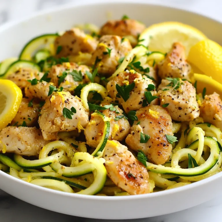 - 2 medium zucchinis (spiralized into zoodles) - 1 lb boneless, skinless chicken breast - 3 tablespoons olive oil - 4 cloves garlic, minced - Juice and zest of 1 lemon - 1 teaspoon dried oregano - Salt and pepper to taste - ¼ cup fresh parsley, chopped - Grated Parmesan cheese (optional, for serving) To make Lemon Garlic Chicken Zoodles, you need fresh ingredients. Start with two medium zucchinis. Spiralizing them turns them into zoodles, which are a fun and healthy pasta substitute. You will also need one pound of boneless, skinless chicken breast. This provides the protein that makes the dish satisfying. Next, grab three tablespoons of olive oil. This oil adds richness to the dish. You’ll want four cloves of garlic, minced finely. Garlic gives a wonderful aroma and flavor. Don’t forget the juice and zest of one lemon. This adds brightness and balance. You’ll need one teaspoon of dried oregano for an earthy note. Salt and pepper will enhance all the flavors. Finally, chop a quarter cup of fresh parsley for garnish. If you like cheese, have some grated Parmesan ready for serving. These ingredients create a simple yet flavorful meal that you can enjoy any day. Each element works together to make your dish pop with taste and color. {{ingredient_image_1}} Heat a large skillet over medium heat. Add 2 tablespoons of olive oil. Once hot, add the chicken pieces. Sprinkle salt, pepper, and dried oregano on top. This adds great flavor. Cook the chicken for about 6 to 8 minutes. You want it browned and cooked through. When done, take the chicken out of the skillet and set it aside. In the same skillet, add the last tablespoon of olive oil. Then, add the minced garlic. Sauté it for about 30 seconds. This step is key. You want it fragrant but not burnt. Keep an eye on it! Now, it’s time for the zoodles. Stir in the spiralized zucchini. Cook for about 3 to 4 minutes. You want them soft but not soggy. Keep stirring gently to avoid overcooking. Return the cooked chicken to the skillet. Now, add the lemon juice and zest. Don’t forget the chopped parsley! Toss everything gently to combine. Heat it through for about 2 minutes. This blends all the flavors nicely. Taste your dish and adjust seasonings with more salt or pepper if needed. Serve it hot on plates. Garnish with extra parsley and a sprinkle of grated Parmesan cheese if you like. This makes it look great and adds flavor too! To avoid mushy zoodles, use fresh zucchinis. Cook them briefly, just 3-4 minutes. This keeps them firm and tasty. A good spiralizer makes all the difference. I recommend the Paderno spiralizer. It’s easy to use and makes great zoodles. For juicy and flavorful chicken, cut it into small pieces. This helps it cook evenly. Season with salt, pepper, and oregano before cooking. Heat the skillet well before adding the chicken. This gives it a nice brown color and keeps it tender. You can customize the flavors. If you like it a bit spicy, add red pepper flakes. For a richer taste, try adding more garlic or herbs. Taste your dish as you cook. This way, you can adjust the seasoning to your liking. Pro Tips Use Fresh Zucchini: For the best texture and flavor, choose firm, fresh zucchini without blemishes. Older zucchinis can be watery and mushy. Adjust Garlic to Your Taste: If you're a garlic lover, feel free to add more than the suggested amount. Roasted garlic also works beautifully! Perfect Lemon Zest: Use a microplane to zest the lemon for a fine, fragrant zest that will infuse your dish with vibrant lemon flavor. Customize Your Protein: This recipe isn't limited to chicken; try shrimp or tofu for a different protein option that works wonderfully with the zoodles! {{image_2}} You can swap chicken for shrimp or tofu. Shrimp cooks quickly and adds a nice flavor. Just sauté them in the skillet until pink. Tofu is a great option for a vegetarian dish. Use firm tofu, cut it into cubes, and sauté it until golden. Both options keep your meal tasty and fun. Feel free to add more veggies to your zoodles. Bell peppers, spinach, and cherry tomatoes work well. They add color and crunch. You can also toss in broccoli florets or asparagus for a nice twist. Just make sure to cook them until they are tender but still bright. If you want to change the sauce, try a creamy version. You can mix in some heavy cream or Greek yogurt for richness. For a low-carb option, use a simple olive oil and lemon juice mix. This keeps the dish light and fresh. Each sauce brings its own flavor and makes your meal special. After enjoying Lemon Garlic Chicken Zoodles, store any leftovers to keep them fresh. First, let the dish cool to room temperature. Then, place it in an airtight container. Refrigerate it for up to three days. If you want to keep it longer, freeze the chicken and zoodles separately. This helps avoid sogginess. Use freezer-safe bags and remove as much air as possible. They can last up to three months in the freezer. To reheat your Lemon Garlic Chicken Zoodles, use the stovetop for best results. Heat a non-stick skillet over medium heat. Add a splash of olive oil to keep it moist. Place the leftovers in the skillet and stir gently. Cook for about 5 to 7 minutes until heated through. Avoid using the microwave as it can make the zoodles watery. Serve hot and enjoy your delicious meal again! Zoodles are noodles made from zucchini. You can spiralize the zucchini using a simple tool. These noodles are low in carbs and calories, making them a great choice for many diets. They add a fresh taste and a nice crunch to meals. Plus, they are high in vitamins and minerals. You get the benefits of veggies without feeling heavy. Yes, you can prepare this dish ahead of time. Cook the chicken and zoodles separately. Store them in airtight containers. When you are ready to eat, just heat them up. You can also make the zoodles a day before. Just keep them dry to avoid sogginess. This makes meal prep easy and quick. To ensure chicken is safe to eat, check its internal temperature. It should reach 165°F (75°C). You can use a meat thermometer for accuracy. The chicken should be white inside, not pink. If you cut into it and juices run clear, that’s a good sign. These tips help you cook perfectly juicy chicken every time. This blog post shared a simple and tasty recipe using zoodles and chicken. We covered the required ingredients, step-by-step instructions, tips for perfecting your dish, and variations to try. Whether using shrimp or tofu, there are many ways to enjoy this meal. Store leftovers properly for easy meals later. By using these tips, you can create a flavorful dish that delights. Enjoy making this recipe and experimenting with your own twist!