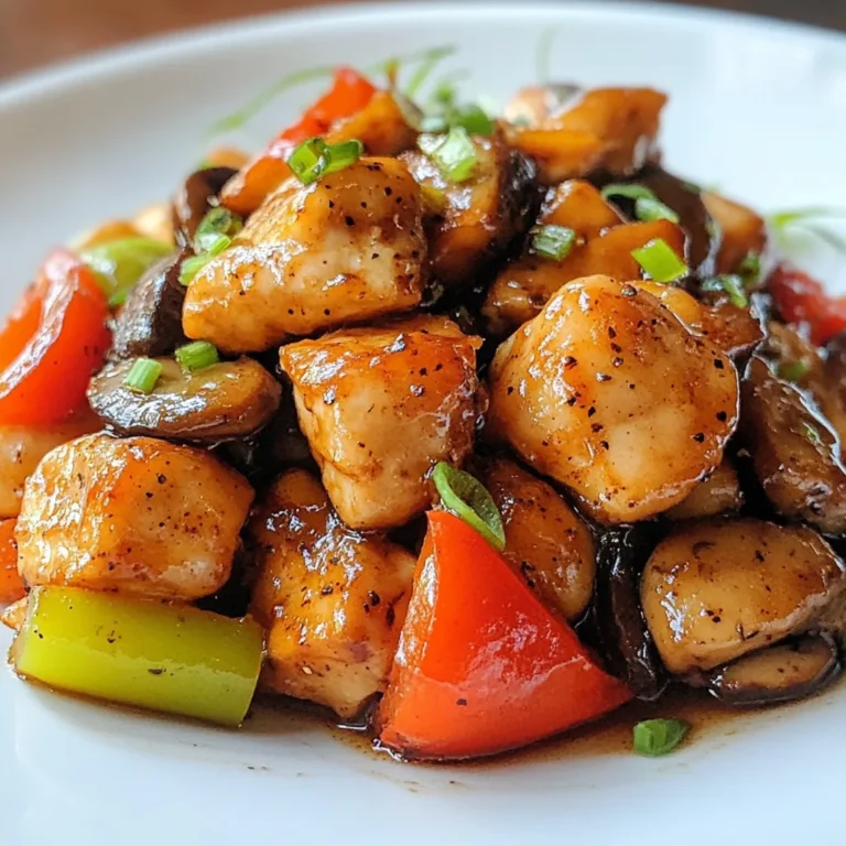 To make Black Pepper Chicken with Mushrooms, you will need: - 500g boneless chicken breasts, cut into bite-sized cubes - 200g mushrooms, sliced (shiitake or button mushrooms) - 2 tablespoons black pepper, freshly ground - 3 tablespoons soy sauce - 1 tablespoon oyster sauce - 1 tablespoon cornstarch - 2 tablespoons vegetable oil - 1 red bell pepper, sliced - 1 green bell pepper, sliced - 3 cloves garlic, minced - 1 teaspoon ginger, minced - 2 green onions, chopped for garnish - Salt to taste You can swap some ingredients based on what you have at home. - Use chicken thighs for a juicier option. - Swap soy sauce with tamari for a gluten-free dish. - Try any mushrooms you like, such as portobello or cremini. - If you don’t have oyster sauce, you can skip it or use hoisin sauce. - Use any kind of oil, like canola or peanut oil, if vegetable oil is not available. Choosing fresh ingredients is key for great flavor. - Look for chicken that is pink and firm. Avoid any with a gray color. - Select mushrooms that are firm and dry. Avoid slimy or dark spots. - Choose bell peppers that are bright and firm, with no soft spots. - Fresh garlic should be plump with no sprouting. - When buying green onions, pick ones that are green and crisp. {{ingredient_image_1}} Start by cutting 500g of boneless chicken breasts into bite-sized cubes. This helps the chicken cook evenly. In a mixing bowl, combine the chicken with 3 tablespoons of soy sauce, 1 tablespoon of oyster sauce, and 1 tablespoon of cornstarch. Mix well until the chicken is fully coated. Let it marinate for at least 20 minutes. This step adds flavor and helps tenderize the chicken. Heat 2 tablespoons of vegetable oil in a large skillet or wok over medium-high heat. Once the oil is hot, add the marinated chicken. Cook it for about 5 to 7 minutes. You want the chicken to be browned and cooked through. After cooking, remove the chicken from the skillet and set it aside. This keeps it juicy. In the same skillet, add 3 cloves of minced garlic and 1 teaspoon of minced ginger. Sauté them for about 30 seconds until they become fragrant. Next, add 200g of sliced mushrooms and sliced red and green bell peppers. Cook these vegetables for about 4 to 5 minutes until they are tender. Once done, return the chicken to the skillet. Sprinkle 2 tablespoons of freshly ground black pepper over the mix. Toss everything together for 2 to 3 minutes. This ensures all the flavors blend well. Taste and add salt if needed. Finally, remove from heat and garnish with chopped green onions. Enjoy your meal! Marinating chicken adds depth and taste. For this dish, mix soy sauce, oyster sauce, and cornstarch. This blend makes the chicken tender and flavorful. Let it sit for at least 20 minutes. If you have time, marinate it longer for more flavor. You can also add a splash of rice vinegar for extra zing. Black pepper is the star of this dish. If you love heat, use more pepper. For a milder taste, cut back. You can even add red pepper flakes for a different spice. Remember, a little goes a long way. Always taste as you go to find your perfect level of spice. Heat your skillet well before adding the chicken. This helps it sear and brown nicely. Cook the chicken until it's fully done, about 5 to 7 minutes. Remove it before adding garlic and ginger. This keeps flavors fresh and bright. When you add the veggies, stir frequently. This way, they stay crisp and colorful. Finally, toss everything together at the end to coat well with black pepper. Enjoy your cooking! Pro Tips Marinade Time: Allow the chicken to marinate for at least 20 minutes, but for best results, marinate for 1-2 hours. This enhances the flavor and tenderness of the chicken. Black Pepper Freshness: Always use freshly ground black pepper for maximum flavor. Pre-ground pepper loses its potency, so invest in a good pepper mill. Veggie Variety: Feel free to add other vegetables like broccoli or snap peas for added color and nutrition. Just adjust cooking times accordingly to keep them crisp. Serving Suggestions: This dish pairs wonderfully with steamed rice or noodles. Consider garnishing with sesame seeds for extra crunch and flavor. {{image_2}} You can add more veggies to the black pepper chicken. Try using broccoli, snap peas, or carrots. These will add color and crunch. You can also use baby corn or zucchini for a twist. The more vegetables you add, the more nutrients you get. If you want to switch up the protein, use shrimp, tofu, or beef. Shrimp cooks fast and adds a nice flavor. Tofu absorbs the sauce well and is great for a vegetarian option. Beef gives a rich taste, so choose thin strips for easy cooking. Serve this dish over rice or noodles. White rice is classic, while brown rice offers more fiber. For a lighter option, try cauliflower rice. You can also serve it with a side salad or steamed vegetables to balance the meal. Don't forget to sprinkle some extra green onions on top for a fresh touch! To keep your Black Pepper Chicken with Mushrooms fresh, let it cool. Place it in an airtight container. Store it in the fridge for up to three days. If you want to keep it longer, freezing is a great option. When you're ready to enjoy leftovers, reheat them in a skillet. Use medium heat and add a splash of water to keep it moist. Stir until heated through, about five to seven minutes. You can also use the microwave. Heat in short bursts, stirring in between, until warm. To freeze, divide the chicken into serving portions. Use freezer-safe bags or containers. Remove as much air as you can to prevent freezer burn. This dish can last up to three months in the freezer. When ready to eat, thaw overnight in the fridge. Reheat to enjoy a delicious meal again. Yes, you can use boneless thighs. They add a richer taste. Thighs stay juicy and tender during cooking. They may take a bit longer to cook through, so check them closely. You can use soy sauce or hoisin sauce as a substitute. Both add a nice flavor. If you want a sweeter taste, try hoisin sauce. You can also mix soy sauce with a bit of sugar. To make this dish gluten-free, use gluten-free soy sauce. Check the labels on sauces to be sure. Cornstarch is usually gluten-free, so you’re safe there. This way, you can enjoy the dish without worry. Yes, you can prepare this dish in advance. Cook it and let it cool. Store it in an airtight container in the fridge. Reheat it on the stove or microwave when you’re ready to eat. Just be sure to heat it well. In this post, we explored key ingredients and their substitutes for your dish. You learned how to prepare and cook chicken along with sautéing fresh veggies. I shared tips to boost flavors, tweak spice levels, and ensure great cooking. We also looked at variations and how best to store leftovers. Cooking can be fun and simple with fresh foods and good techniques. Enjoy making your meal and experimenting with variations. Happy cooking!