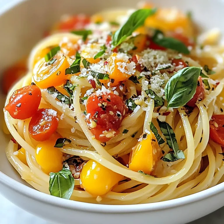 To make this fresh tomato pasta, gather these key ingredients: - 400g spaghetti or your preferred pasta - 6 ripe heirloom tomatoes, diced - 3 tablespoons extra virgin olive oil - 3 cloves garlic, minced - 1 small red onion, finely chopped - 1 teaspoon red pepper flakes (optional for heat) - Salt and pepper to taste - 1 cup fresh basil leaves, torn or chopped - 50g parmesan cheese, grated (optional for garnishing) Each ingredient plays a big part in making this dish tasty and fresh. The heirloom tomatoes bring a sweet flavor and juicy texture. The garlic and onion add depth, while the olive oil provides richness. When choosing tomatoes, I recommend using heirloom varieties. Heirloom tomatoes are sweet and have a lovely texture. You can also use Roma tomatoes for a more classic taste. They hold up well in sauces and have fewer seeds. If you want a bold flavor, try using cherry tomatoes. Their sweetness can brighten the dish. To make this pasta even better, consider adding these options: - Fresh herbs like parsley or oregano for extra flavor - A splash of balsamic vinegar for tanginess - Crushed nuts like pine nuts for texture - A sprinkle of lemon zest for brightness These additions can change the dish’s flavor profile. Feel free to mix and match based on your taste. Each option can make your meal unique and delicious! {{ingredient_image_1}} Start by boiling a large pot of salted water. Add your spaghetti and cook it until al dente. This usually takes about 8 to 10 minutes, but check the package for exact times. Once done, reserve 1 cup of the pasta water. This water has starch, which helps the sauce stick. Drain the pasta and set it aside. In a large skillet, heat 3 tablespoons of extra virgin olive oil over medium heat. Add the finely chopped red onion. Sauté it for about 3 to 4 minutes until it softens. Next, add 3 cloves of minced garlic and 1 teaspoon of red pepper flakes if you like heat. Cook this mix for 1 to 2 minutes, but don’t let the garlic burn. The smell will be amazing! Now, it’s time for the star of the dish. Add 6 diced heirloom tomatoes to the skillet. Season the mix with salt and pepper. Cook this for about 5 to 7 minutes. Stir often as the tomatoes soften and create a light sauce. The juices will blend beautifully with the onions and garlic. Once it’s ready, toss the cooked spaghetti into the skillet. If it feels dry, add some reserved pasta water. Finally, fold in 1 cup of fresh basil leaves. Taste and adjust seasoning if needed. Enjoy your vibrant, fresh tomato pasta! To cook perfect pasta, start with a large pot of salted water. Use about one tablespoon of salt for every four quarts of water. Bring the water to a rolling boil. Add your spaghetti and stir it gently. Follow the package directions for cooking time. Test the pasta a minute early. It should be firm yet tender. This is the al dente stage. After cooking, save one cup of pasta water. This water helps bind your sauce. Seasoning is key to a tasty dish. Use fresh herbs like basil to lift the flavor. Add salt and pepper to taste while cooking. If you like heat, include red pepper flakes. Sauté your garlic and onion until soft. This step makes the dish aromatic. Adding the diced heirloom tomatoes boosts flavor too. Let them cook down to create a light sauce. Adjust the seasoning as needed, tasting along the way. A beautiful dish is always more inviting. Start by plating the pasta in deep bowls. Twirl the spaghetti for a nice shape. Top with fresh basil leaves for color. Sprinkle grated parmesan cheese if you like. Add extra red pepper flakes for a pop. You can also serve with crusty bread on the side. This adds a nice touch to the meal. Enjoy your dish with friends or family for a delightful experience! Pro Tips Use Fresh Ingredients: The flavor of this dish relies heavily on the quality of the tomatoes and basil. Use the ripest, freshest produce you can find for the best results. Customize the Heat: Adjust the amount of red pepper flakes based on your heat preference. For a milder dish, use less or omit entirely, and for more heat, add a pinch more. Save the Pasta Water: The starchy pasta water helps to bind the sauce and pasta together. Always reserve some before draining the pasta to achieve the perfect consistency. Experiment with Cheese: While parmesan is a classic choice, try other cheeses like pecorino or a sprinkle of feta for a unique twist on flavor. {{image_2}} You can easily make this dish vegetarian. Simply skip the meat and focus on the fresh flavors. For a protein boost, add chickpeas or lentils. They add texture and keep it filling. You can also mix in seasonal veggies like zucchini or bell peppers. Their colors and crunch create a vibrant dish. Top it with extra basil for freshness. To make this pasta vegan, remove the parmesan cheese. You can substitute it with a mix of nutritional yeast and garlic powder for a cheesy flavor. This twist keeps the dish rich without dairy. Consider adding toasted nuts for crunch. Pine nuts or walnuts work well. They add good fats and protein. Don't forget to use a vegan-friendly pasta. For meat lovers, chicken or shrimp are great choices. If you choose chicken, cook it in the skillet first. Season it well and remove it before adding the onions. After cooking the sauce, mix the chicken back in. For shrimp, add them to the sauce last. Cook until they turn pink, about 3-4 minutes. Both options enhance the dish with savory depth. Enjoy your pasta with whatever variation you choose! To store leftover fresh tomato pasta, let it cool first. Place it in an airtight container. You can keep it in the fridge for up to three days. If you want to keep it longer, freezing is a great option. When reheating, use a skillet for the best results. Add a splash of water or olive oil to keep it moist. Heat it over low to medium heat. Stir often until it's warm. Avoid using high heat; it can dry out the pasta. To freeze your fresh tomato pasta, portion it into freezer-safe bags. Remove as much air as possible before sealing. Label the bags with the date. It can last up to three months in the freezer. When ready to eat, thaw it in the fridge overnight before reheating. Enjoy your pasta anytime! Yes, you can use canned tomatoes. They work well in a pinch. Use whole or diced tomatoes. Choose good quality brands for the best taste. Keep in mind, fresh tomatoes add brightness. They give a unique flavor and texture. If you use canned, drain excess liquid. This helps keep your sauce from becoming watery. If you need a substitute for parmesan cheese, try nutritional yeast. It gives a cheesy flavor without dairy. You can also use pecorino cheese. It has a sharper taste but works well. For a dairy-free option, try a cashew cheese blend. Blend soaked cashews with garlic and lemon juice. It creates a creamy, tasty topping. This recipe is not gluten-free as written. The spaghetti contains gluten. However, you can easily make it gluten-free. Choose gluten-free pasta made from rice or quinoa. Cook it just like regular pasta. Follow the same steps in the recipe. The flavor will still be delicious and satisfying. In this post, we explored how to make fresh tomato pasta. We discussed key ingredients and the best tomato types. I shared step-by-step instructions, tips for perfect pasta, and serving ideas. We also looked at tasty variations, storage tips, and answered common questions. Fresh tomato pasta is flexible and easy to make. With the right ingredients and techniques, you can enjoy a delicious meal. Experiment with flavors and have fun in the kitchen!