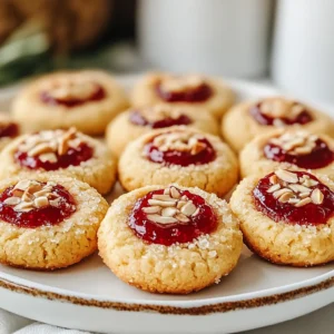 To make these delightful cookies, you will need: - 1 cup unsalted butter, softened - 3/4 cup powdered sugar - 1 teaspoon almond extract - 2 cups all-purpose flour - 1/2 teaspoon salt - 1/2 cup finely chopped almonds (for garnish) - 1/2 cup raspberry jam (or your favorite fruit jam) Each of these ingredients plays a key role. The butter gives a rich flavor and a soft texture. Powdered sugar helps create a sweet and melt-in-your-mouth feel. Almond extract adds a warm, nutty taste that pairs perfectly with raspberry. If you want to mix things up, you can try these options: - Swap raspberry jam for strawberry or apricot jam for a different flavor. - Use chopped walnuts or pecans instead of almonds for a unique crunch. - For a nut-free version, skip the nuts altogether or use seeds. These changes can add new twists to your cookies while keeping them delicious. You will need a few basic tools: - Mixing bowl - Electric mixer or whisk - Baking sheet - Parchment paper - Measuring cups and spoons - Tablespoon for rolling dough - Wire rack for cooling These simple tools will help you create perfect cookies every time. Having everything ready makes the process smooth and fun. {{ingredient_image_1}} Start by preheating your oven to 350°F (175°C). Line a baking sheet with parchment paper. This step helps the cookies not stick. In a mixing bowl, beat 1 cup of softened butter and 3/4 cup of powdered sugar together. Mix until light and creamy. Then, add 1 teaspoon of almond extract and blend until smooth. Next, slowly add 2 cups of all-purpose flour and 1/2 teaspoon of salt. Stir the mixture until a soft dough forms. Make sure that everything is well combined. Your dough should feel smooth and easy to handle. Take a tablespoon of dough and roll it into a ball. Place these balls on your baking sheet, leaving about 2 inches between them. Use your thumb or the back of a teaspoon to press down in the center of each ball. This creates a small well for the jam. Now, fill each well with about 1/2 teaspoon of raspberry jam. You can use any fruit jam you like, but raspberry adds a nice tartness. For added crunch and flavor, roll the edges of each cookie in 1/2 cup of finely chopped almonds. Bake your cookies in the preheated oven for 12 to 15 minutes. Look for lightly golden edges as a sign they are done. Once baked, take the cookies out of the oven. Let them cool on the baking sheet for 5 minutes. Then, transfer them to a wire rack to cool completely. Enjoy your delicious raspberry almond thumbprint cookies! To get the best texture for your cookies, use softened butter. Softened butter blends well with sugar, creating a light dough. Beat the butter and powdered sugar until creamy. This method adds air and makes cookies soft. Next, do not overmix the flour. Mix just until combined. Overmixing makes cookies tough. When you roll the dough into balls, keep them about two inches apart. This space allows them to spread and rise evenly. After baking, let the cookies cool on a wire rack. Once cool, store them in an airtight container. This keeps them fresh and soft. If you want to keep them longer, freeze them. Place them in a freezer-safe bag. They can last for up to three months in the freezer. These cookies are great for any occasion. Serve them with tea or coffee for a delightful treat. For a fun twist, pair them with a scoop of vanilla ice cream. You can also dress them up with a drizzle of chocolate on top. This adds a rich flavor that pairs well with raspberry and almond. Pro Tips Chill the Dough: Refrigerating the dough for at least 30 minutes before baking can help the cookies maintain their shape and create a more tender texture. Jam Alternatives: Feel free to experiment with different fruit jams such as apricot, blueberry, or even chocolate ganache for a unique twist on these cookies. Nut Variations: If you're not a fan of almonds, try using finely chopped walnuts or pecans for a different flavor that pairs wonderfully with the jam. Storage Tips: Store the cookies in an airtight container at room temperature for up to a week, or freeze them for longer-lasting freshness. {{image_2}} You can switch out raspberry jam for other jams. Try strawberry, apricot, or blueberry. Each jam brings unique flavors. You can even use lemon curd for a zesty twist. Just choose your favorite fruit spread. Fill the cookies as you normally would. Each choice will change the taste in a fun way. Almonds add a nice crunch to these cookies. However, you can use other nuts too. Try chopped walnuts, pecans, or hazelnuts. Each nut will give a different flavor and texture. Just make sure to chop them finely. Roll the cookie edges in your chosen nut before baking. It adds extra taste and looks great too. You can make these cookies vegan with a few easy swaps. Use vegan butter instead of regular butter. Replace powdered sugar with a plant-based option. To make them gluten-free, use a gluten-free flour blend. This way, everyone can enjoy these delicious treats. Just follow the same steps in the recipe. To keep your Raspberry Almond Thumbprint Cookies fresh, store them in an airtight container. This helps prevent them from drying out. Place parchment paper between layers to avoid sticking. You can keep them at room temperature for up to a week. If you want them to last longer, consider freezing them. To freeze your cookies, first let them cool completely. Then, place them in a single layer on a baking sheet. Freeze them for about an hour. Once frozen, transfer the cookies to a freezer-safe bag. Remove as much air as you can to prevent freezer burn. You can freeze these cookies for up to three months. Raspberry Almond Thumbprint Cookies stay fresh for about one week at room temperature. In the freezer, they last up to three months. For the best taste and texture, eat them within two months. Always check for any signs of spoilage before enjoying your cookies. Yes, you can use many types of jam for thumbprint cookies. Raspberry jam is a classic choice. However, you can swap it for strawberry, apricot, or even peach jam. Each jam adds its own unique flavor. Just make sure the jam is thick enough to hold its shape. To make your cookies softer or chewier, you have a few options. First, try adding an extra tablespoon of butter. This will help keep the cookies moist. You can also try baking them for a shorter time. Remove the cookies when they are just lightly golden. Lastly, store them in an airtight container to maintain their softness. Yes, you can easily make a larger batch of these cookies. Simply double or triple the ingredients. Make sure you have enough baking sheets for all the cookies. Keep an eye on the baking time, as larger batches may need a bit more time in the oven. Enjoy sharing these treats! Raspberry almond thumbprint cookies are fun and easy to make. We covered the key ingredients, tools, and step-by-step instructions to ensure you succeed. I shared tips for perfecting texture, storage, and serving ideas. You also learned about delicious variations and how to keep your cookies fresh. Remember, you can get creative with flavors and textures. Enjoy making these treats for yourself or to share. Happy baking!