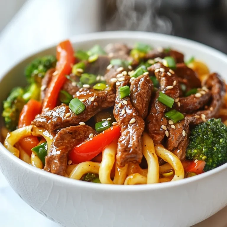 - 8 oz udon noodles - 1 lb beef sirloin, thinly sliced - 2 tablespoons black pepper, freshly ground - 3 tablespoons soy sauce - 1 tablespoon oyster sauce - 1 tablespoon sesame oil - 1 tablespoon vegetable oil - 2 cloves garlic, minced - 1-inch piece ginger, grated - 1 red bell pepper, sliced - 1 cup broccoli florets - 2 green onions, sliced (for garnish) - Sesame seeds (for garnish) Gather these ingredients before you start cooking. Udon noodles are thick wheat noodles that are chewy and satisfying. Choose a good quality beef sirloin for the best flavor. Freshly ground black pepper adds a spicy kick. Soy sauce and oyster sauce provide depth and umami to the dish. Sesame oil adds a nutty flavor that makes everything pop. Don't forget garlic and ginger for their aromatic qualities, and colorful veggies like red bell pepper and broccoli for texture and nutrition. The green onions and sesame seeds are for garnish, giving your dish a beautiful finish. Each ingredient plays a key role in making your Beef Black Pepper Udon flavorful and fun to eat. {{ingredient_image_1}} To cook the udon noodles, start by boiling water in a large pot. Add the noodles and follow the package instructions. This usually takes about 8 to 10 minutes. Cook until they are tender but still firm. After cooking, drain the noodles and set them aside. This helps keep them from getting sticky. Next, prepare the beef marinade. In a mixing bowl, combine the sliced beef, one tablespoon of soy sauce, one tablespoon of black pepper, minced garlic, and grated ginger. Mix well to coat the beef. Let it marinate for about 10 minutes. This step adds great flavor to the meat. Heat vegetable oil in a large wok or frying pan over high heat. When the oil is hot, add the marinated beef. Stir-fry for about 3 to 4 minutes. Cook until the beef is browned and cooked through. Remove the beef from the pan and set it aside. This keeps the beef juicy and flavorful. In the same pan, add the broccoli florets and sliced red bell pepper. Stir-fry for about 3 to 5 minutes. You want the vegetables to be tender yet still crisp. This helps keep their bright colors and fresh taste. Return the cooked beef to the pan with the vegetables. Add the cooked udon noodles, the rest of the soy sauce, oyster sauce, sesame oil, and remaining black pepper. Toss everything together. Make sure everything mixes evenly and heats through. Serve it hot for the best flavor. When serving the Beef Black Pepper Udon, garnish with sliced green onions and a sprinkle of sesame seeds. This adds a nice touch to your dish. Serve it in large bowls for a great presentation. Pair it with chopsticks or a fork for easy eating. Enjoy your delicious meal! Freshly ground black pepper is key for great taste. It adds a strong, spicy kick. You can easily grind black pepper at home. Just use a pepper mill or a mortar and pestle. This step makes a big difference. Choosing high-quality sauces also matters. Look for good soy and oyster sauces. They should have rich flavors. A premium sauce can elevate your dish a lot. Always check the label for quality ingredients. Timing is essential when cooking udon noodles. Follow the package instructions closely. Usually, they cook in about 8-10 minutes. You want them tender but firm. Overcooking leads to mushy noodles, which nobody wants. To avoid mushiness, drain the noodles right away. Rinse them under cold water. This stops the cooking process. It also helps keep them separate when you mix them later. Storing leftovers properly is crucial. Let the dish cool down first. Then place it in an airtight container. It can stay in the fridge for up to three days. When reheating, use a pan on low heat. Add a little water to keep it moist. Stir often to heat evenly. This method helps keep the flavors fresh and tasty. Pro Tips Use Fresh Ingredients: Fresh vegetables and high-quality beef will enhance the flavor and nutritional value of your dish. Control the Heat: When stir-frying, make sure your pan is hot enough to sear the beef quickly, locking in juices and flavor. Customize Your Spice Level: Adjust the amount of black pepper to suit your taste; you can start with less and add more as needed. Perfectly Cooked Udon: Be careful not to overcook the udon noodles; they should be tender but still have a slight bite to them (al dente). {{image_2}} You can easily make Beef Black Pepper Udon vegetarian. Just swap the beef for tofu or tempeh. Both options soak up flavor well and add protein. If you choose tofu, use firm or extra-firm varieties. Press it to remove excess water for better texture. For veggies, get creative! Add mushrooms, snap peas, or carrots. Feel free to mix your favorites. Adjust the cooking time as needed to keep them tender yet crisp. This way, you keep the dish colorful and tasty. If you want to spice things up, add chili flakes or sriracha. You can also use fresh chili peppers for a bold kick. Try adding a sliced jalapeño or Thai bird chili during cooking. For warmth, consider using spices like cayenne pepper or smoked paprika. These spices not only add heat but also depth to the flavor. Just remember to taste as you go to find your perfect level of spice! You can explore different cuisines by adding unique ingredients. Try using hoisin sauce for sweetness or fish sauce for umami. These swaps can give your udon a new twist. You can also add Asian greens like bok choy or Napa cabbage for a fresh crunch. If you want a fusion dish, toss in some Italian herbs like basil or oregano. This makes your Beef Black Pepper Udon truly your own! To keep your Beef Black Pepper Udon fresh, cool it down first. Place it in an airtight container. Store it in the fridge. Your leftovers will stay good for about 3-4 days. Check for any odd smells or changes in texture before eating. You can freeze this dish for longer storage. Divide the udon into portions. Place them in freezer-safe bags or containers. Make sure to squeeze out any air. This will help prevent freezer burn. For the best taste, use it within 2-3 months. When you’re ready to eat, thaw it overnight in the fridge. When reheating, avoid the microwave if you can. It can make the noodles mushy. Instead, use a pan on low heat. Add a splash of water or soy sauce to keep it moist. Stir often to heat evenly. It should take about 5-7 minutes. If you use a microwave, heat on low for 1-2 minutes, stirring halfway through. You can use several noodles if you can't find udon. Here are some options: - Soba noodles: These are buckwheat noodles. They cook fast and have a nutty taste. - Rice noodles: These are great for a gluten-free option. They cook quickly too. - Spaghetti or fettuccine: If you're in a pinch, regular pasta works well. Cooking times may vary. Soba noodles usually take 4-6 minutes. Rice noodles can take about 5 minutes. Spaghetti typically cooks in 8-10 minutes. Yes, you can prep this dish in advance. Here are some tips: - Cook the noodles: You can cook the udon noodles a day before. Store them in the fridge. - Marinate the beef: You can marinate the beef overnight. This makes it tastier. Storing the dish may affect the flavor and texture. The noodles can become soft. The beef may lose some of its freshness. If the dish is too spicy for you, try these suggestions: - Reduce black pepper: Use less black pepper in the recipe. Start with 1 tablespoon instead of 2. - Add sugar: A pinch of sugar can balance the heat. For alternative seasonings, consider using garlic powder or sweet soy sauce. These can add flavor without the spice. This recipe works well for meal prep. Here are some considerations: - Portion sizes: Divide the dish into single servings. This makes it easy to grab and go. - Storage: Use airtight containers to keep the food fresh. Best practices for storing meals include labeling containers with dates. This helps you keep track of freshness. Store in the fridge for up to 3 days. Beef Black Pepper Udon brings bold flavors and satisfying textures. You learned how to cook udon, marinate beef, and stir-fry fresh veggies. You now have tips for best taste and storage. You can make this dish your own with fun options like spicy or vegetarian twists. Embrace this recipe in your meal plans, and impress everyone at the table. Enjoy crafting this tasty dish that fits any occasion.