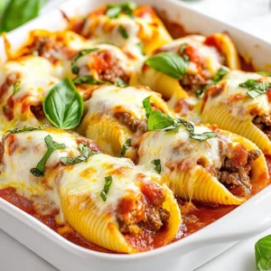 To make beef stuffed shells, gather these key ingredients: - 12 large pasta shells - 1 pound ground beef - 1 cup ricotta cheese - 1 cup shredded mozzarella cheese, divided - 1/2 cup grated Parmesan cheese - 1 large egg - 2 cups marinara sauce - 1 teaspoon garlic powder - 1 teaspoon onion powder - Salt and pepper to taste - Fresh basil leaves (for garnish) These ingredients work together to create a tasty and filling dish. The beef and cheese mix brings great flavor to every bite. You can add or swap ingredients to fit your taste. Here are some great options: - Spinach or kale for a veggie boost - Italian seasoning for more flavor - Red pepper flakes for heat - Different types of cheese like cheddar or gouda - Sautéed mushrooms for an earthy touch Feel free to explore and find what you love! If you don’t have something on hand, here are some swaps: - Ground turkey or chicken instead of beef - Cottage cheese for ricotta - Tomato sauce if you lack marinara - Egg substitute like flaxseed meal for a vegan option These substitutions keep your dish delicious. Cooking is all about experimenting, so don’t be afraid to try new things! {{ingredient_image_1}} Start by boiling a large pot of salted water. This helps flavor the pasta. Cook the large pasta shells for about 8-10 minutes. You want them al dente, which means they should still be firm. Once done, drain the shells and let them cool a bit. This step is key. If they are too hot, you might burn your fingers when stuffing them. In a large skillet, heat your stove to medium. Add the pound of ground beef to the skillet. Cook it until it turns brown and is no longer pink. Make sure to break it up into smaller pieces as it cooks. Once cooked, drain any extra grease. This helps keep your dish from being too oily. In a bowl, mix the cooked beef with ricotta cheese, half the mozzarella cheese, and grated Parmesan cheese. Add the egg, garlic powder, onion powder, salt, and pepper. Mix everything well until it looks creamy and delicious. Grab a baking dish and spread a thin layer of marinara sauce on the bottom. Now, take your stuffed shells and place them seam-side up in the dish. Pour the rest of the marinara sauce over the shells. Finally, sprinkle the remaining mozzarella cheese on top. Cover the dish with aluminum foil. This stops the cheese from burning. Bake in the oven at 375°F (190°C) for 25 minutes. After that, remove the foil and bake for another 10 minutes. You want the cheese to be bubbly and golden. Once done, let it cool for a few minutes. You can garnish with fresh basil leaves to add color and flavor. Enjoy! When you stuff your shells, use a small spoon. This helps control how much filling goes in. Make sure to pack the filling gently but firmly. If you overfill, the shells can break. Use a tray to hold the shells while you fill them. This keeps them steady and makes cleanup easier. Always preheat your oven to 375°F (190°C). This ensures even cooking. Cover your dish with foil for the first part of baking. This keeps the shells moist. Remove the foil towards the end to let the cheese brown. Keep an eye on the cheese; you want it bubbly and golden, not burnt. Serve the shells on a large platter. Drizzle some extra marinara sauce around the dish for color. Sprinkle grated Parmesan on top for a nice finish. Add fresh basil leaves as a garnish. This adds a pop of color and fresh flavor. Pair with a light salad or garlic bread for a complete meal. Pro Tips Perfectly Cooked Pasta: Make sure to cook the pasta shells al dente; they will continue to cook in the oven and avoid being mushy. Flavor Boost: For an extra layer of flavor, sauté some chopped onions and garlic in the beef before mixing in the cheese. Cheese Variations: Feel free to experiment with different cheeses like cheddar or gouda for a unique twist on the classic flavor. Make Ahead: You can prepare the stuffed shells a day in advance. Just cover and refrigerate them before baking; add a few extra minutes to the bake time. {{image_2}} If you want a meat-free option, you can change the filling. Use cooked spinach, mushrooms, or zucchini instead of beef. You can also add beans for protein. A mix of ricotta and cottage cheese gives a creamy texture. Be sure to season it well. Adding garlic, onion, and herbs enhances the flavor. You can still use marinara sauce on top for a tasty finish. For those who love heat, try adding spices to the beef. Mix in red pepper flakes or diced jalapeños to the ground beef while cooking. You can also use spicy sausage instead of beef for a different kick. Topping the shells with pepper jack cheese gives a spicy twist. Serve with a side of hot sauce for extra spice. Cheese can change the taste of your stuffed shells. While mozzarella is classic, you can mix it up. Try adding gouda or fontina for a rich flavor. For a sharper taste, use aged cheddar or blue cheese. Mixing different cheeses can create a unique taste. Don't forget to sprinkle some cheese on top before baking for a golden crust. After you make your beef stuffed shells, let them cool. Cooling helps keep the taste fresh. Place them in a shallow dish. Cover the dish tightly with plastic wrap or foil. This keeps moisture in and prevents odors from other foods. Store the dish in the fridge. You can keep them there for up to three days. If you plan to eat them later, freeze them instead. To reheat your beef stuffed shells, preheat your oven to 350°F (175°C). Take the shells out of the fridge. Place them in an oven-safe dish. Add a little marinara sauce on top to keep them moist. Cover the dish with foil to trap the heat. Bake for about 20-25 minutes. If you want the cheese extra gooey, remove the foil for the last five minutes. Freezing is great for meal prep. First, let the stuffed shells cool completely. Then, place them in a single layer on a baking sheet. Put the baking sheet in the freezer for about an hour. This makes sure they freeze without sticking together. After that, transfer the shells to a freezer-safe bag or container. Label the bag with the date. You can freeze them for up to three months. When you're ready to eat, thaw them in the fridge overnight before reheating. To make stuffed shells from scratch, follow these steps: 1. Cook the Pasta: Boil salted water and cook 12 large pasta shells until tender. Drain and cool. 2. Prepare the Filling: Brown 1 pound of ground beef in a skillet. Drain any fat. 3. Mix Ingredients: In a bowl, combine the cooked beef, 1 cup of ricotta cheese, half of the shredded mozzarella, 1/2 cup of grated Parmesan, 1 large egg, 1 teaspoon of garlic powder, and 1 teaspoon of onion powder. Add salt and pepper to taste. Mix well. 4. Stuff the Shells: Use a spoon to fill each shell with the beef mixture. 5. Assemble: Spread marinara sauce in a baking dish. Place the stuffed shells in the dish, seam-side up. Pour more marinara sauce over the top and sprinkle the remaining mozzarella cheese. 6. Bake: Cover with foil and bake at 375°F for 25 minutes. Remove the foil and bake for 10 more minutes until bubbly. Yes, you can use other meats. Ground turkey, chicken, or pork work well. Each meat adds a unique flavor. You can also mix meats for a richer taste. Just make sure to cook the meat fully before mixing it with the cheese. Beef stuffed shells pair great with many sides. Here are some ideas: - A simple green salad with a light dressing. - Garlic bread for dipping into the sauce. - Steamed vegetables like broccoli or green beans. - A side of marinara sauce for extra flavor. These sides balance the meal and add freshness. Enjoy! This article covered how to make beef stuffed shells. We explored essential ingredients, step-by-step cooking, and tips for success. You learned about variations, storage, and answers to common questions. Perfecting stuffed shells gives you delicious meals and smiles. Happy cooking! Enjoy your tasty creations and share with loved ones.