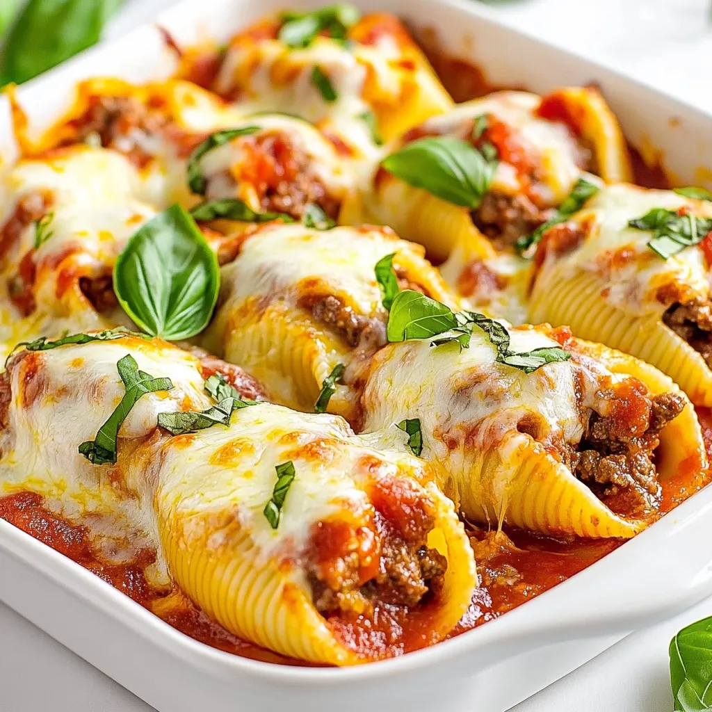 To make beef stuffed shells, gather these key ingredients: - 12 large pasta shells - 1 pound ground beef - 1 cup ricotta cheese - 1 cup shredded mozzarella cheese, divided - 1/2 cup grated Parmesan cheese - 1 large egg - 2 cups marinara sauce - 1 teaspoon garlic powder - 1 teaspoon onion powder - Salt and pepper to taste - Fresh basil leaves (for garnish) These ingredients work together to create a tasty and filling dish. The beef and cheese mix brings great flavor to every bite. You can add or swap ingredients to fit your taste. Here are some great options: - Spinach or kale for a veggie boost - Italian seasoning for more flavor - Red pepper flakes for heat - Different types of cheese like cheddar or gouda - Sautéed mushrooms for an earthy touch Feel free to explore and find what you love! If you don’t have something on hand, here are some swaps: - Ground turkey or chicken instead of beef - Cottage cheese for ricotta - Tomato sauce if you lack marinara - Egg substitute like flaxseed meal for a vegan option These substitutions keep your dish delicious. Cooking is all about experimenting, so don’t be afraid to try new things! {{ingredient_image_1}} Start by boiling a large pot of salted water. This helps flavor the pasta. Cook the large pasta shells for about 8-10 minutes. You want them al dente, which means they should still be firm. Once done, drain the shells and let them cool a bit. This step is key. If they are too hot, you might burn your fingers when stuffing them. In a large skillet, heat your stove to medium. Add the pound of ground beef to the skillet. Cook it until it turns brown and is no longer pink. Make sure to break it up into smaller pieces as it cooks. Once cooked, drain any extra grease. This helps keep your dish from being too oily. In a bowl, mix the cooked beef with ricotta cheese, half the mozzarella cheese, and grated Parmesan cheese. Add the egg, garlic powder, onion powder, salt, and pepper. Mix everything well until it looks creamy and delicious. Grab a baking dish and spread a thin layer of marinara sauce on the bottom. Now, take your stuffed shells and place them seam-side up in the dish. Pour the rest of the marinara sauce over the shells. Finally, sprinkle the remaining mozzarella cheese on top. Cover the dish with aluminum foil. This stops the cheese from burning. Bake in the oven at 375°F (190°C) for 25 minutes. After that, remove the foil and bake for another 10 minutes. You want the cheese to be bubbly and golden. Once done, let it cool for a few minutes. You can garnish with fresh basil leaves to add color and flavor. Enjoy! When you stuff your shells, use a small spoon. This helps control how much filling goes in. Make sure to pack the filling gently but firmly. If you overfill, the shells can break. Use a tray to hold the shells while you fill them. This keeps them steady and makes cleanup easier. Always preheat your oven to 375°F (190°C). This ensures even cooking. Cover your dish with foil for the first part of baking. This keeps the shells moist. Remove the foil towards the end to let the cheese brown. Keep an eye on the cheese; you want it bubbly and golden, not burnt. Serve the shells on a large platter. Drizzle some extra marinara sauce around the dish for color. Sprinkle grated Parmesan on top for a nice finish. Add fresh basil leaves as a garnish. This adds a pop of color and fresh flavor. Pair with a light salad or garlic bread for a complete meal. Pro Tips Perfectly Cooked Pasta: Make sure to cook the pasta shells al dente; they will continue to cook in the oven and avoid being mushy. Flavor Boost: For an extra layer of flavor, sauté some chopped onions and garlic in the beef before mixing in the cheese. Cheese Variations: Feel free to experiment with different cheeses like cheddar or gouda for a unique twist on the classic flavor. Make Ahead: You can prepare the stuffed shells a day in advance. Just cover and refrigerate them before baking; add a few extra minutes to the bake time. {{image_2}} If you want a meat-free option, you can change the filling. Use cooked spinach, mushrooms, or zucchini instead of beef. You can also add beans for protein. A mix of ricotta and cottage cheese gives a creamy texture. Be sure to season it well. Adding garlic, onion, and herbs enhances the flavor. You can still use marinara sauce on top for a tasty finish. For those who love heat, try adding spices to the beef. Mix in red pepper flakes or diced jalapeños to the ground beef while cooking. You can also use spicy sausage instead of beef for a different kick. Topping the shells with pepper jack cheese gives a spicy twist. Serve with a side of hot sauce for extra spice. Cheese can change the taste of your stuffed shells. While mozzarella is classic, you can mix it up. Try adding gouda or fontina for a rich flavor. For a sharper taste, use aged cheddar or blue cheese. Mixing different cheeses can create a unique taste. Don't forget to sprinkle some cheese on top before baking for a golden crust. After you make your beef stuffed shells, let them cool. Cooling helps keep the taste fresh. Place them in a shallow dish. Cover the dish tightly with plastic wrap or foil. This keeps moisture in and prevents odors from other foods. Store the dish in the fridge. You can keep them there for up to three days. If you plan to eat them later, freeze them instead. To reheat your beef stuffed shells, preheat your oven to 350°F (175°C). Take the shells out of the fridge. Place them in an oven-safe dish. Add a little marinara sauce on top to keep them moist. Cover the dish with foil to trap the heat. Bake for about 20-25 minutes. If you want the cheese extra gooey, remove the foil for the last five minutes. Freezing is great for meal prep. First, let the stuffed shells cool completely. Then, place them in a single layer on a baking sheet. Put the baking sheet in the freezer for about an hour. This makes sure they freeze without sticking together. After that, transfer the shells to a freezer-safe bag or container. Label the bag with the date. You can freeze them for up to three months. When you're ready to eat, thaw them in the fridge overnight before reheating. To make stuffed shells from scratch, follow these steps: 1. Cook the Pasta: Boil salted water and cook 12 large pasta shells until tender. Drain and cool. 2. Prepare the Filling: Brown 1 pound of ground beef in a skillet. Drain any fat. 3. Mix Ingredients: In a bowl, combine the cooked beef, 1 cup of ricotta cheese, half of the shredded mozzarella, 1/2 cup of grated Parmesan, 1 large egg, 1 teaspoon of garlic powder, and 1 teaspoon of onion powder. Add salt and pepper to taste. Mix well. 4. Stuff the Shells: Use a spoon to fill each shell with the beef mixture. 5. Assemble: Spread marinara sauce in a baking dish. Place the stuffed shells in the dish, seam-side up. Pour more marinara sauce over the top and sprinkle the remaining mozzarella cheese. 6. Bake: Cover with foil and bake at 375°F for 25 minutes. Remove the foil and bake for 10 more minutes until bubbly. Yes, you can use other meats. Ground turkey, chicken, or pork work well. Each meat adds a unique flavor. You can also mix meats for a richer taste. Just make sure to cook the meat fully before mixing it with the cheese. Beef stuffed shells pair great with many sides. Here are some ideas: - A simple green salad with a light dressing. - Garlic bread for dipping into the sauce. - Steamed vegetables like broccoli or green beans. - A side of marinara sauce for extra flavor. These sides balance the meal and add freshness. Enjoy! This article covered how to make beef stuffed shells. We explored essential ingredients, step-by-step cooking, and tips for success. You learned about variations, storage, and answers to common questions. Perfecting stuffed shells gives you delicious meals and smiles. Happy cooking! Enjoy your tasty creations and share with loved ones.