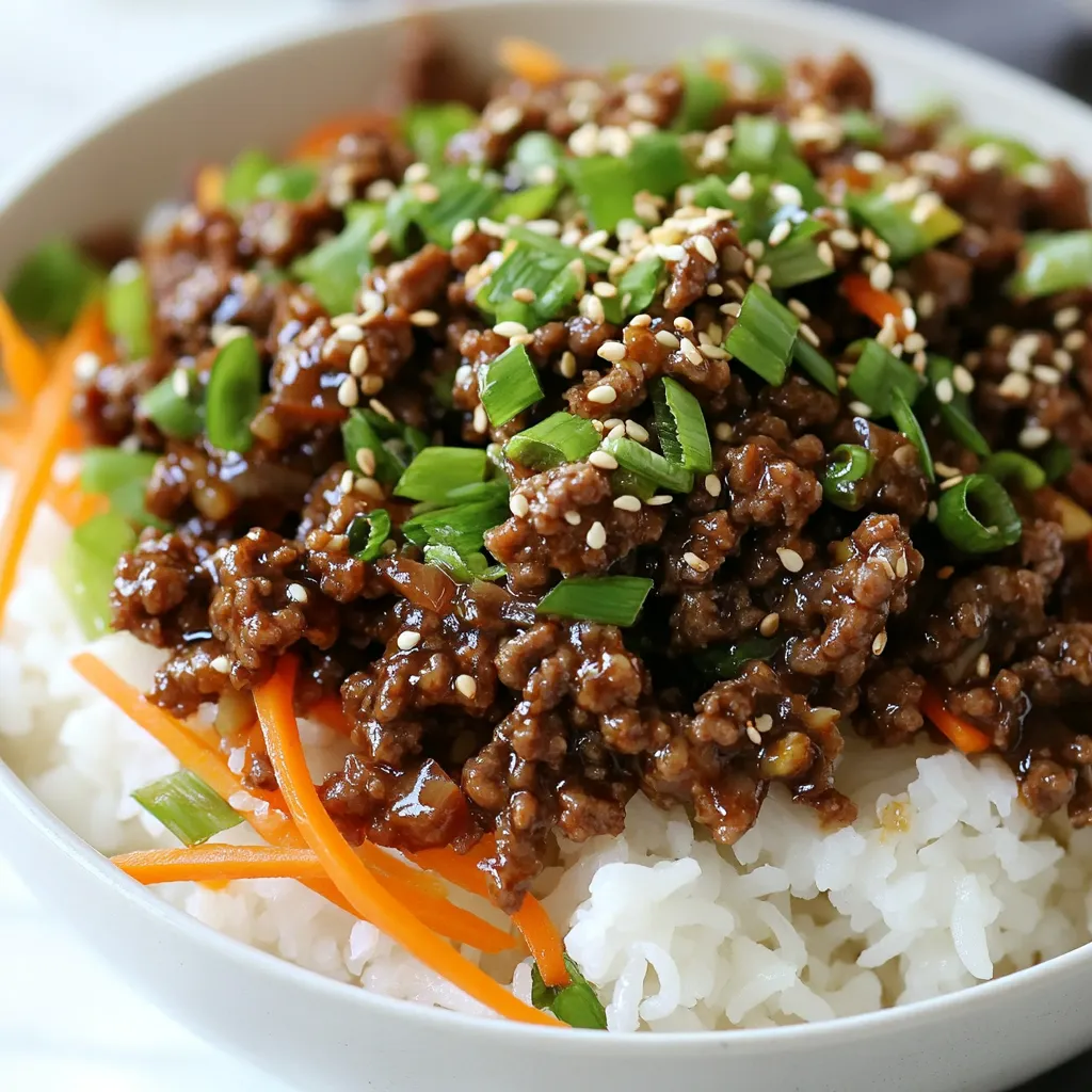 - 1 lb ground beef (preferably lean) - 3 tablespoons soy sauce (low sodium) - 1 tablespoon brown sugar - 2 teaspoons sesame oil - 3 cloves garlic, minced - 1 teaspoon fresh ginger, minced - 2 green onions, chopped (plus extra for garnish) - 1 cup shredded carrots - 1 cup cooked rice (white or brown) - 1 teaspoon sesame seeds (for garnish) - Additional green onions for garnish For this dish, I love using lean ground beef. It keeps each bite light and tasty. Using low-sodium soy sauce helps control the saltiness, making it a healthier choice. Adding brown sugar gives it a sweet touch that balances the savory flavors. Garlic and ginger are key to this recipe. They add a deep, rich flavor that makes every bite exciting. Fresh green onions bring a nice crunch and bright color, while shredded carrots add sweetness and texture. Serve your Korean ground beef bowls over cooked rice. It soaks up the delicious sauce. For a final touch, sprinkle sesame seeds and extra green onions on top. This not only looks great but also adds extra flavor. {{ingredient_image_1}} - In a medium bowl, combine: - 1 lb ground beef - 3 tablespoons soy sauce - 1 tablespoon brown sugar - 2 teaspoons sesame oil - 3 cloves garlic, minced - 1 teaspoon fresh ginger, minced - 1 tablespoon rice vinegar Mix all the ingredients well. This mix gives the beef a rich flavor. Let it sit for about 10-15 minutes. This marination makes the beef tender and tasty. - Heat a large skillet over medium-high heat. - Add the marinated ground beef to the skillet. Break it up with a spatula. Cook the beef for about 7-10 minutes. Stir it occasionally. You want it to be fully cooked and browned. Make sure any extra liquid evaporates. Season with salt and pepper to taste. This step is key for flavor. - Add 1 cup of shredded carrots to the skillet. Stir-fry for 2-3 minutes. You want the carrots to soften slightly. This adds a nice crunch and sweetness. Next, remove the skillet from heat. - Stir in the chopped green onions. Save some for garnish. These steps make your dish colorful and fresh. To enhance the taste of your Korean ground beef bowls, the right soy sauce makes a big difference. I recommend using low-sodium soy sauce. It adds flavor without making the dish too salty. You can also try different types like tamari or even coconut aminos for a gluten-free option. For sweetness, brown sugar works wonders. If you want it sweeter, add more sugar until you get your desired taste. You can also use honey or maple syrup if you prefer natural sweeteners. Browning the beef well is key to flavor. Start with a hot skillet. This helps create a nice sear on the meat. Don't overcrowd the pan; cook in batches if needed. This way, you avoid steaming the beef, which keeps it juicy and flavorful. When adding vegetables, like carrots, stir-fry them quickly. This keeps them crisp and colorful. If you cook them too long, they become mushy and lose their bright look. Garnishing your bowls makes them look tempting. I love adding extra chopped green onions and a sprinkle of sesame seeds for crunch. You can also add sliced radishes or cucumber for freshness. Pair your bowls with sides like kimchi or pickled vegetables. These add contrast and bring extra flavor to the meal. You can even serve it with a fried egg on top for a protein boost and a rich taste. Pro Tips Choose the Right Beef: For a healthier option, use lean ground beef to reduce fat, or substitute with ground turkey or chicken for a lighter dish. Marinating Time: Allowing the beef to marinate for at least 15 minutes enhances the flavor. For deeper flavor, marinate it in the fridge for up to an hour. Customize Your Veggies: Feel free to add other vegetables such as bell peppers or snap peas for extra color and nutrition in your bowls. Rice Options: You can use any type of rice, but consider brown rice for added fiber or cauliflower rice for a low-carb alternative. {{image_2}} You can swap ground beef for turkey or chicken. This change gives a lighter taste. Turkey has less fat, making your meal healthier. Chicken provides a different flavor that pairs well with the sauce. For a vegetarian option, try using tofu. Firm tofu works best. Crumble it and marinate it like you would the beef. Cook it until golden for a nice texture. This version is just as tasty! Want more spice? Add chili flakes to your beef mix. Start with a little and taste it. You can always add more if you like heat. It gives the dish a nice kick. You can also try different vegetables. Add bell peppers, snap peas, or mushrooms. They add color and crunch. Feel free to use what you have on hand. The mix of flavors will keep things exciting! If you want a lower carb option, use cauliflower rice. It cooks quickly and soaks up flavors well. Just sauté it lightly before serving. Quinoa is another great substitute. It adds protein and a nutty taste. You can also try other grains like farro or barley. Each adds unique flavor and texture to your bowl. To keep your Korean ground beef bowls fresh, use airtight containers. Glass or plastic containers work well. Store leftovers in the fridge. They will stay good for about 3 to 4 days. For reheating, the best method is using a skillet. Heat it on medium-low and add a splash of water. This helps keep the beef moist. Stir often to heat evenly. You can also use the microwave. Place the beef in a bowl with a damp paper towel. Heat in short bursts to prevent dryness. To freeze the Korean ground beef mixture, let it cool first. Then, place it in freezer-safe bags or containers. Remove as much air as possible. This helps prevent freezer burn. It can last for up to 3 months in the freezer. To thaw, move it to the fridge overnight. Reheat in the skillet or microwave as mentioned before. Enjoy your meal, even after freezing! Yes, you can prepare these bowls in advance. Here are some tips: - Cook the beef: Make the ground beef mixture and let it cool. - Store properly: Place the beef in an airtight container. - Refrigerate: Keep it in the fridge for up to 3 days. - Reheat before serving: Warm it in a skillet or microwave. - Cook rice separately: Prepare fresh rice when ready to serve for best taste. I recommend using lean ground beef. Here’s why: - Less fat: Lean beef has less grease, making the dish lighter. - Flavor: It still has enough flavor to blend well with the sauce. - Healthier option: Lean beef is a better choice for health-conscious eaters. - Fatty beef: If you prefer more flavor, you can use 80/20 ground beef, but drain excess fat after cooking. Adjusting the spice level is easy and fun. Here’s how: - Add chili flakes: Stir in some red pepper flakes for heat. - Hot sauce: Drizzle your favorite hot sauce over the bowl before serving. - Taste as you go: Start with a little, then add more if you want it spicier. - Mild option: If you want no heat, skip spicy ingredients altogether and enjoy the sweet flavors. This dish combines simple ingredients like ground beef, soy sauce, and garlic for rich flavors. You learned how to marinate and cook the beef while adding fresh veggies. I also shared tips for perfecting the taste and ideas for variations. Remember, cooking can be fun and easy. Play with flavors and spices to make it your own. Enjoy your meal and share it with others!
