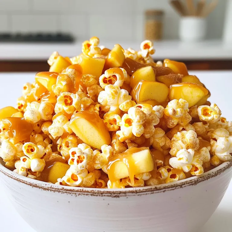- 8 cups of popped popcorn (unbuttered) - 1 cup granulated sugar - 1/4 cup unsalted butter - 1/4 cup light corn syrup - 1/2 teaspoon vanilla extract - 1/2 teaspoon baking soda - 1/2 teaspoon salt - 1 medium tart apple, finely chopped - 1/2 teaspoon ground cinnamon (optional) Gather these ingredients before you start. The popcorn gives a great crunch. The sugar and butter form a sweet caramel. The corn syrup adds stickiness, while the apple adds freshness. The salt balances the sweetness. If you like, add ground cinnamon for a warm flavor. Each ingredient plays a role in making the clusters tasty. Using a tart apple like Granny Smith will give a nice contrast. You want the sweet caramel and the tart apple to dance together. This mix creates a treat that everyone will love. Have fun with the recipe, and feel free to adjust the apple or spice to fit your taste. 1. Preheat your oven to 300°F (150°C). 2. Line a large baking sheet with parchment paper. This makes clean-up easy. 3. In a large bowl, place the popped popcorn. 4. Finely chop the apple and add it to the popcorn. 5. Gently toss the popcorn and apple together. Set this aside while you make the caramel. 1. In a medium saucepan, combine granulated sugar, unsalted butter, light corn syrup, and salt. 2. Cook this mixture over medium heat. Stir it constantly until it comes to a boil. 3. Once boiling, stop stirring and let it boil for 4-5 minutes. Watch for a light golden color. 4. Remove the saucepan from heat. Carefully stir in vanilla extract, baking soda, and ground cinnamon if you like. 5. Be careful, as the mixture will bubble up when you add the baking soda! 1. Pour the hot caramel over the popcorn and apple mixture. 2. Quickly and carefully toss everything together. Make sure every piece gets coated with caramel. 3. Spread the caramel-coated popcorn evenly on the prepared baking sheet. 4. Bake in the preheated oven for 10-15 minutes. Stir halfway through to ensure even cooking. 5. Remove from the oven and let it cool completely. Once cool, break it into clusters. Enjoy your crunchy and sweet caramel apple popcorn clusters! To make great caramel, you must avoid crystallization. Crystallization happens when sugar forms crystals instead of a smooth syrup. To prevent this, always stir the sugar mixture until it boils. Once it boils, stop stirring. Watch it closely to ensure it doesn't burn. The right temperature for caramel is key. You want it to reach a light golden brown color. Use a candy thermometer to check the heat. Aim for 240°F (115°C) to get that perfect texture. If it cooks too long, it will become hard. Get creative when presenting popcorn clusters. Use clear cellophane bags tied with ribbons for a fun touch. You can also serve them in decorative paper bags. This makes them great for parties or gifts! For party favors, consider adding a personalized tag. Write a fun note or recipe on it. This adds a nice personal touch. You can also mix in some nuts or sprinkles for extra flair. Choose the right pots and pans for the best results. A heavy-bottomed saucepan helps distribute heat evenly. This reduces the chance of burning your caramel. A large mixing bowl is also helpful for combining popcorn and apples. Using parchment paper is a must! Line your baking sheet with it to prevent sticking. This way, you can easily lift off the clusters after they cool. It makes cleanup a breeze! {{image_2}} You can change the flavor of your caramel apple popcorn clusters in fun ways. Adding nuts gives a nice crunch. Try walnuts, pecans, or almonds. You can also mix in chocolate chips. They melt a bit and add richness. Experiment with different apple types too. Tart apples like Granny Smith work well. They balance the sweetness of the caramel. You can also try sweeter apples like Fuji or Honeycrisp for a different taste. Each apple brings its own unique flavor. Make your clusters special for each season. Adding spices like nutmeg or cloves gives warmth to the caramel. These spices can really change the taste. For holidays, get festive with colored sprinkles. Red and green for Christmas or pastel colors for Easter. These little touches make your treat look fun and inviting. You can make a healthier version of this snack. Air-popping popcorn is a great choice. It uses no oil or butter. This keeps the clusters light and crispy. If you're short on time, use microwave popcorn. It’s quick and still delicious. Just remember to pick a plain variety without butter. This way, you can add your own caramel on top. To keep your caramel apple popcorn clusters fresh, store them in an airtight container. This will help maintain their crunch and flavor. I recommend using a glass jar or a plastic container with a tight lid. Avoid using paper bags, as they let in air and moisture. For longer storage, place a piece of parchment paper between layers if stacking. You can freeze caramel apple popcorn clusters for up to three months. To freeze, place the clusters in a single layer on a baking sheet. Freeze them for about an hour until firm. Then, transfer the clusters to a freezer-safe bag or container. When you're ready to enjoy them, thaw the clusters in the fridge overnight. This helps keep their texture intact. At room temperature, your clusters can last about one week. Keep them in a cool, dry place away from sunlight. If they start to lose their crunch or smell off, it’s time to toss them. Signs that the clusters are no longer good include a soft texture or a stale taste. Always trust your senses when checking food! You can use honey or maple syrup as a substitute. Both add sweetness and flavor. You can also try brown sugar with a bit of water. This mix will help mimic the texture of corn syrup. Keep in mind, the taste may change slightly. Honey gives a floral note, while maple syrup adds a rich flavor. Yes, air-popped popcorn works well. It’s a bit lighter and less oily. This means it will absorb the caramel better. The texture might be less crunchy, but it still tastes great. If you prefer a richer flavor, you might want to try popcorn made with oil. For this treat, tart apples work best. I recommend using Granny Smith or McIntosh apples. Their tartness balances the sweet caramel. You can also use Fuji or Honeycrisp for a sweeter option. These apples add a nice crunch and flavor to your clusters. This blog post covered how to make caramel apple popcorn clusters. We looked at ingredients, step-by-step instructions, and helpful tips. You learned how to perfect caramel and explore fun variations. Remember, you can customize this treat to match any season or event. Use fresh apples and your favorite toppings. With proper storage, these clusters will stay fresh for longer. Enjoy your making and sharing this tasty snack!