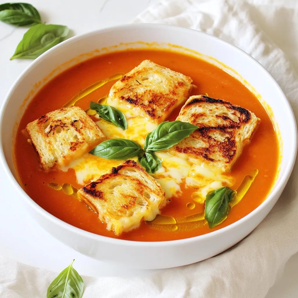 - 2 tablespoons olive oil - 1 medium onion, diced - 3 cloves garlic, minced - 2 cans (14 oz each) crushed tomatoes - 2 cups vegetable broth - 1 teaspoon sugar - 1/2 teaspoon dried oregano - 1/2 teaspoon salt - 1/4 teaspoon black pepper - 1 cup heavy cream (or coconut cream for a dairy-free version) - 1 cup fresh basil, chopped - 4 slices of bread (your choice) - 4 slices of cheese (cheddar, mozzarella, or your preference) - 2 tablespoons butter To make creamy tomato basil soup, you need fresh and simple ingredients. Olive oil adds a nice flavor base. The onion and garlic create a savory aroma. Crushed tomatoes bring a rich, sweet taste. Vegetable broth gives depth to the soup. Sugar balances the acidity of the tomatoes. Oregano adds a touch of earthiness, while salt and pepper enhance all the flavors. Next, for the creaminess, you can use heavy cream or coconut cream. Fresh basil is a must for that bright, herbal note. It’s key to adding freshness to the dish. For the grilled cheese croutons, choose your favorite bread. This can be anything from sourdough to whole grain. The cheese is where you can get creative! Cheddar gives a nice sharpness, while mozzarella melts beautifully. Butter is essential for grilling the bread to a perfect crisp. This combination of ingredients will transform your soup into a comforting meal that warms the heart. 1. Sautéing onions and garlic: Start by heating 2 tablespoons of olive oil in a large pot over medium heat. Add 1 diced onion and cook for about 5 minutes. You want the onion to be soft and translucent. Then, stir in 3 minced garlic cloves. Cook for 1 more minute until you smell that lovely garlic aroma. 2. Adding tomatoes and broth: Now, it’s time to add flavor! Pour in 2 cans of crushed tomatoes and 2 cups of vegetable broth. Add 1 teaspoon of sugar to balance the acidity. Then, sprinkle in 1/2 teaspoon of dried oregano, 1/2 teaspoon of salt, and 1/4 teaspoon of black pepper. Stir well and bring the mixture to a gentle simmer. Let it cook for about 20 minutes. Stir occasionally to prevent sticking. 3. Simmering the mixture: As the soup simmers, the flavors will deepen. This step is key for a rich-tasting soup. 1. Blending the soup to desired consistency: After 20 minutes, take the pot off the heat. Use an immersion blender to blend the soup until smooth. If you don’t have one, carefully transfer the soup to a regular blender. Blend in batches if needed, then return it to the pot. 2. Stirring in cream and basil: Now for the creamy part! Stir in 1 cup of heavy cream and 1 cup of chopped fresh basil. This gives the soup a nice richness and fresh taste. 3. Heating through without boiling: Place the pot back on low heat and let it warm for about 5 minutes. Be careful not to let it boil, as boiling can alter the creaminess. 1. Buttering the bread: While the soup warms, grab 4 slices of your favorite bread. Butter one side of each slice with 2 tablespoons of butter. 2. Cooking the grilled cheese: Place cheese between two slices of bread, buttered side out. Heat a skillet over medium heat. Cook the sandwich until golden brown and the cheese melts, flipping once. 3. Cutting into croutons: Once the grilled cheese is ready, remove it from the skillet. Let it cool slightly before cutting it into bite-sized croutons. Now, you have a delicious creamy tomato basil soup topped with crunchy grilled cheese croutons! Enjoy your meal! To make your creamy tomato basil soup shine, adjust the seasonings to your taste. A pinch of sugar balances the acidity from the tomatoes. If you want more flavor, add extra oregano or a dash of cayenne. Always taste as you go. Choosing the right tomatoes is key. I recommend using high-quality crushed tomatoes for a rich base. San Marzano tomatoes are a great choice. They bring sweetness and depth. If you want a fresh kick, use fresh tomatoes when they are in season. For the best grilled cheese croutons, pick the right bread and cheese. Sourdough or whole grain bread adds great texture. As for cheese, cheddar melts well, but mozzarella adds a nice stretch. Try mixing cheeses for extra flavor. Cooking techniques matter too. Use medium heat to get a golden crust without burning. Butter both sides of the bread for that perfect crisp. Flip the sandwich carefully to keep the cheese inside. Once golden, cut into bite-sized croutons for easy dipping. {{image_2}} You can easily make this soup dairy-free. Use coconut cream instead of heavy cream. It adds a nice, rich flavor and keeps the soup creamy. For cheese, try plant-based cheese. Many brands offer tasty options that melt well. You can also skip the cheese altogether if you prefer a lighter dish. Want to boost the flavor? Add roasted red peppers to the soup. They add a sweet, smoky taste. A pinch of cayenne pepper brings warmth and spice. You can also try fresh herbs like thyme or parsley instead of basil. Each herb brings a new layer of taste. Experiment and find your favorite mix! To keep your creamy tomato basil soup fresh, store it in an airtight container. Let it cool to room temperature first. Then, place it in the fridge. This soup stays good for about 3 to 4 days. For reheating, you can use the microwave or stovetop. If you use the microwave, heat it in 30-second bursts. Stir in between to avoid hot spots. If using the stovetop, heat in a pot over low heat. Stir often to keep it from sticking. To store leftover grilled cheese croutons, place them in a separate airtight container. They will stay fresh for up to 2 days in the fridge. Avoid stacking them to keep them from getting soggy. To re-crisp the croutons, you can use a toaster oven or a regular oven. Heat them at 350°F (175°C) for about 5 minutes. This brings back the crunchiness you love. You can also pan-fry them briefly for extra crispness. You can reheat creamy tomato soup in two main ways: the microwave or the stovetop. - Microwave: Pour the soup into a microwave-safe bowl. Cover it with a paper towel to prevent splatters. Heat on high for 1-2 minutes. Stir halfway to ensure even heating. - Stovetop: Pour the soup into a pot. Heat over low to medium heat, stirring often. This method keeps the soup smooth and creamy. I prefer the stovetop method for even heat. It helps keep the flavors fresh. Yes, you can freeze creamy tomato basil soup! It’s easy to store for later use. - Freezing: Let the soup cool completely. Pour it into airtight containers or freezer bags. Leave some space at the top for expansion. - Thawing: When ready to eat, thaw overnight in the fridge. Reheat using the stovetop or microwave. If the soup looks separated, just stir it well before serving. There are several ways to thicken creamy tomato basil soup. - Add more cream: Stir in a bit more heavy cream for a richer texture. - Use a thickener: Mix in cornstarch or flour. Make a slurry with a bit of cold water first, then add it to the soup. - Blend longer: If you want a thicker soup, blend it longer. This makes it creamier and denser. Experiment with these methods to find the perfect thickness for your taste! This blog post walked you through making creamy tomato basil soup and grilled cheese croutons. You learned about key ingredients, simple cooking steps, and helpful tips to enhance flavor. Remember, you can adjust ingredients to suit your taste or diet. Experimenting with different herbs and spices can make your dish unique. Whether you enjoy it fresh or as leftovers, this recipe offers comfort and satisfaction. Enjoy every spoonful and share with friends for a delightful meal.