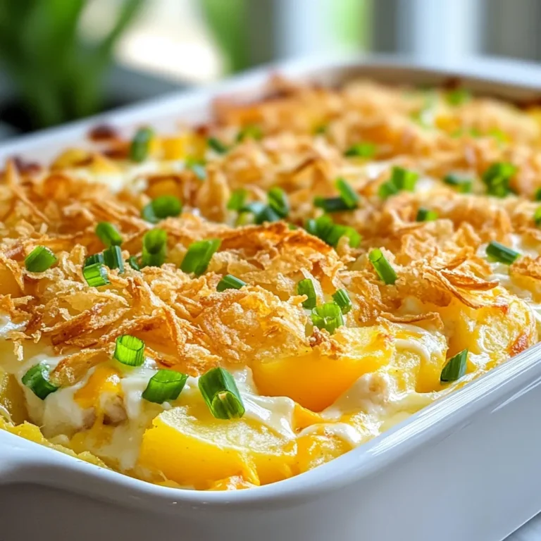 To make a tasty baked potato chicken casserole, you need these ingredients: - 4 large russet potatoes, peeled and cubed - 2 cups cooked chicken, shredded (rotisserie chicken works great) - 1 cup sour cream - 1 cup shredded sharp cheddar cheese - 1 cup shredded mozzarella cheese - 1/2 cup milk - 1/2 cup green onions, chopped (plus extra for garnish) - 1 teaspoon garlic powder - 1 teaspoon onion powder - 1 teaspoon salt - 1/2 teaspoon black pepper - 1/4 teaspoon smoked paprika - 1/4 cup crispy fried onions for topping (optional) You can swap some ingredients for different flavors. If you want a lighter option, use Greek yogurt instead of sour cream. For a cheesy twist, try pepper jack cheese instead of cheddar. If you don’t have green onions, use regular onions or chives. For a vegetarian version, replace chicken with mushrooms or cooked lentils. You can also use sweet potatoes for a different taste. When picking potatoes, look for firm ones with no spots or bruises. Fresh chicken should smell clean and have a nice pink color. For cheese, choose blocks instead of pre-shredded for better melting. Check the date on sour cream to ensure freshness. Always buy green onions with bright green tops, as they will taste better in your dish. Fresh ingredients make your casserole more delicious! {{ingredient_image_1}} Start by washing the russet potatoes. Peel them and cut them into small cubes. Now, take a large pot, fill it with water, and add salt. Bring the water to a boil, then add the potato cubes. Cook them for about 15 to 20 minutes until they are tender. You can check by poking them with a fork. Drain the potatoes and set them aside. For the chicken, I prefer using rotisserie chicken. It is easy, tasty, and saves time. Shred the chicken into bite-sized pieces. This will help it mix well with the other ingredients. Grab a large mixing bowl. In this bowl, combine the shredded chicken, sour cream, and both types of cheese—sharp cheddar and mozzarella. Add in the milk, chopped green onions, garlic powder, onion powder, salt, black pepper, and smoked paprika. Stir everything until it’s mixed well. Be gentle when you add the drained potatoes. Fold them into the mixture slowly. You want to avoid mashing them too much. The potatoes should remain chunky for the best texture. Preheat your oven to 375°F (190°C). Now, take a greased 9x13 inch baking dish. Spoon the chicken and potato mixture into the dish, spreading it out evenly. If you love a little crunch, sprinkle crispy fried onions on top. Cover the dish with aluminum foil. Place it in the oven and bake for 25 minutes. After that, remove the foil and bake for another 10 to 15 minutes. Look for the casserole to bubble and the top to turn golden brown. Once it’s done, let it cool for about 5 minutes. Before serving, add some extra chopped green onions on top for a fresh touch. When making baked potato chicken casserole, avoid these common mistakes: - Overcooking potatoes: Boil them until tender but not mushy. Aim for about 15-20 minutes. - Skipping the mixing step: Mix the chicken and sauces well. This ensures even flavor. - Using too much salt: Be mindful, especially if your chicken is salted. Taste as you go. - Not letting it cool: Let the casserole sit for about five minutes before serving. This helps flavors settle. To boost flavors in your casserole, try these tips: - Use fresh herbs: Add chopped parsley or dill for a fresh taste. You can mix them in or use them as a garnish. - Experiment with spices: Try adding a pinch of cayenne pepper for heat or more smoked paprika for depth. - Try different cheeses: Mixing sharp cheddar with pepper jack cheese can add a creamy and spicy twist. - Squeeze fresh lemon juice: A bit of acidity can brighten the dish and balance the richness of cheese. This casserole pairs well with several sides to create a complete meal: - Green salad: A fresh salad with vinaigrette balances the richness of the casserole. - Steamed veggies: Broccoli or green beans add color and nutrients to your plate. - Garlic bread: A slice of toasted garlic bread makes for a comforting addition. - Pickles or olives: A small side of pickles or olives can add a nice tangy crunch. Pro Tips Choose the Right Potatoes: Russet potatoes are ideal for this casserole due to their fluffy texture when cooked, which complements the creamy ingredients perfectly. Use Rotisserie Chicken: For a quicker prep time, using rotisserie chicken not only saves time but also adds great flavor to the dish. Mix Cheeses for Depth: Combining sharp cheddar and mozzarella gives a nice balance of flavor and creaminess. Feel free to experiment with other cheese varieties! Let It Rest: Allowing the casserole to cool for a few minutes before serving helps it set, making it easier to portion and serve. {{image_2}} You can easily make a vegetarian version of the casserole. Swap the chicken for hearty veggies. Good choices include broccoli, bell peppers, or mushrooms. You can also use canned beans for protein. Replace the sour cream with a plant-based version. Use a dairy-free cheese to keep it creamy and cheesy. If you like heat, add some spice! Mix in diced jalapeños or a few dashes of hot sauce. You can also use pepper jack cheese for a kick. Another option is to sprinkle crushed red pepper flakes on top. These small changes bring bold flavors to the dish. For a low-carb twist, replace the potatoes with cauliflower. Steam the cauliflower until soft, then mash it. This keeps the creamy texture without the carbs. You can also skip the milk or use unsweetened almond milk. This way, you enjoy the casserole while staying on track with your diet. After enjoying your baked potato chicken casserole, let it cool to room temp. Then, cover it tightly with plastic wrap or aluminum foil. You can also use an airtight container. Store it in the fridge for up to four days. This way, it stays fresh and safe to eat. When you're ready to enjoy leftovers, reheating is key. Preheat your oven to 350°F (175°C). Place the casserole in an oven-safe dish. Cover it with foil to keep it moist. Heat for about 20-25 minutes or until hot throughout. You can also microwave individual portions for about 2-3 minutes. Stir halfway for even heating. If you want to keep your casserole longer, freezing is a great option. Cut the casserole into portions, then wrap each piece in plastic wrap. Place them in a freezer-safe bag or container. Label with the date. You can freeze it for up to three months. To reheat, thaw in the fridge overnight and follow the oven instructions above. Yes, you can use different types of cheese. I love mixing flavors. Try gouda or pepper jack for a twist. You could also use cream cheese for a creamy texture. Just remember, each cheese adds its unique taste. Keep your favorite cheese on hand for easy swaps. Making this casserole ahead of time is simple. You can prepare it a day before. Just follow the recipe up to the baking step. Cover it with foil and store it in the fridge. When you’re ready, bake it straight from the fridge. Just add a few extra minutes to the baking time. This casserole pairs well with many side dishes. A fresh green salad adds a nice crunch. You might enjoy steamed broccoli or sautéed green beans for color. Garlic bread is another great option for dipping. Feel free to mix and match your favorites! This blog post detailed how to make a tasty Baked Potato Chicken Casserole. We covered key ingredients, substitutions, and how to pick fresh ones. You learned step-by-step instructions for prep, mixing, and baking. Tips helped avoid common mistakes and enhance flavor. We explored variations like vegetarian options and low-carb choices. Finally, I shared storage tips for leftovers and reheating. Now you're ready to impress friends and family with this dish. Enjoy cooking and sharing your delicious casserole!