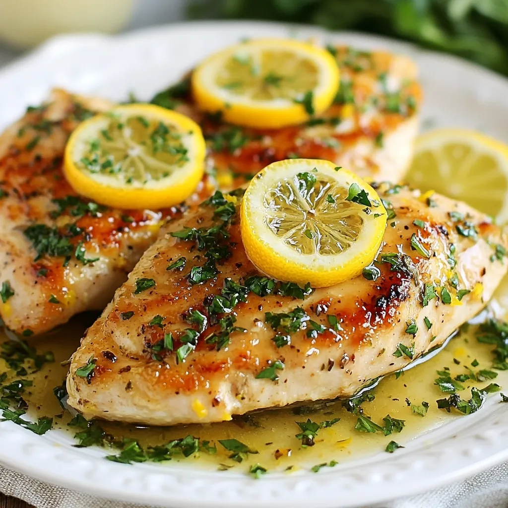 - 4 boneless, skinless chicken breasts - 4 cloves of garlic, minced - 1/4 cup fresh lemon juice (about 2 lemons) - 1 tablespoon lemon zest - 1 tablespoon olive oil - 1 teaspoon dried oregano - 1 teaspoon dried thyme - Salt and pepper to taste - 1 cup low-sodium chicken broth - Fresh parsley, chopped (for garnish) Each ingredient in this dish offers great benefits for those managing diabetes. - Chicken breasts provide lean protein. Protein helps you feel full longer and supports muscle health. - Garlic may lower blood sugar levels. It also helps improve heart health, which is vital for diabetics. - Lemon juice adds flavor and vitamin C. Vitamin C boosts your immune system and has antioxidant properties. - Olive oil is a healthy fat. It can help lower bad cholesterol and improve heart health. - Herbs like oregano and thyme add flavor without extra salt or sugar. They also provide antioxidants. You can easily swap some ingredients if needed: - If you don't have chicken breasts, use skinless chicken thighs. They can add more flavor. - Instead of fresh lemon juice, use bottled lemon juice. Just check for added sugars. - If you are out of olive oil, try avocado oil. It has a similar flavor and health benefits. - For a different herb, consider rosemary or basil. Both will add a unique taste. {{ingredient_image_1}} Start by gathering all your ingredients. You will need four boneless, skinless chicken breasts, garlic, lemons, olive oil, and herbs. It is essential to measure everything beforehand. This will make the process smooth and easy. Take a large bowl and add the minced garlic, fresh lemon juice, and lemon zest. Next, pour in the olive oil. Sprinkle in the dried oregano and thyme. Add salt and pepper to taste. Mix everything well to form a marinade. Now, add the chicken breasts to the bowl. Make sure every piece is well coated. Cover the bowl and put it in the fridge. Let it marinate for at least 30 minutes. You can marinate for up to 2 hours for more flavor. Preheat your oven to 375°F (190°C). While the oven heats, take an oven-safe skillet or baking dish. Place the marinated chicken breasts inside. Pour the low-sodium chicken broth around the chicken. Now, place the dish in the oven. Bake for 25 to 30 minutes. The chicken is ready when it reaches 165°F (75°C) inside. After baking, take it out and let it rest for 5 minutes. This helps keep the chicken juicy. Finally, slice the chicken and serve it with the broth. Garnish with fresh parsley to add a nice touch. To boost flavor in your lemon garlic chicken, focus on herbs. Fresh herbs like parsley add brightness. You can also try basil or cilantro for a twist. Zest from the lemon gives a punch without any sugar. Using garlic enhances taste and adds health benefits. For a spicy kick, add crushed red pepper flakes. This will keep your dish exciting and low in sugar. Cooking chicken well is key. Bake your chicken at 375°F (190°C) for 25-30 minutes. Always check the internal temp. It should reach 165°F (75°C) for safety. If you use a thicker piece, you may need extra time. Let the chicken rest for 5 minutes after cooking. This keeps it juicy and tender. Making your plate look good is easy! Start with a nice white plate to show off your chicken. Drizzle some broth over the chicken for shine. Add a sprinkle of fresh parsley on top for color. Serve with lemon wedges for a pop of yellow. This makes your meal look fresh and inviting. Use bright veggies as a side for a full plate. Pro Tips Marinate for Maximum Flavor: Allow the chicken to marinate for up to 2 hours. This enhances the flavor and ensures the chicken is juicy and tender. Use a Meat Thermometer: To ensure your chicken is perfectly cooked, use a meat thermometer. The internal temperature should reach 165°F (75°C). Rest the Chicken: Let the chicken rest for at least 5 minutes after baking. This allows the juices to redistribute, making for a more succulent bite. Customize the Herbs: Feel free to experiment with other herbs like rosemary or basil for a unique flavor profile that suits your taste. {{image_2}} You can change the marinade to fit your taste. Here are some ideas: - Honey: Use a small amount of honey for sweetness. It adds flavor but watch the amount. - Mustard: Add Dijon mustard for a tangy twist. It pairs well with garlic and lemon. - Soy Sauce: Swap olive oil for low-sodium soy sauce. This gives a nice umami taste. - Herbs: Try fresh herbs like basil or cilantro. They can add vibrant flavors. These swaps can make your dish exciting and new. Serving sides with your chicken can round out the meal. Here are some great options: - Steamed Veggies: Broccoli, green beans, or carrots add color and nutrients. - Quinoa or Brown Rice: These whole grains are filling and healthy. They provide fiber and keep blood sugar stable. - Salad: A fresh salad with leafy greens and a light dressing can complement the chicken well. - Cauliflower Rice: This low-carb option is a great substitute for regular rice. Choose sides that you love and that fit your diet. You can cook this chicken in different ways. Each method brings out unique flavors. - Grilling: Marinate the chicken as usual. Grill it over medium heat for 6-8 minutes on each side. This gives a nice char and smoky flavor. - Air Frying: Preheat your air fryer to 375°F (190°C). Cook the chicken for about 15-18 minutes. It will be crispy outside and juicy inside. - Oven-Baking: This method is great for juicy chicken. Bake at 375°F (190°C) as per the recipe instructions. Each cooking method can help you enjoy this dish in your own way. To store your lemon garlic chicken, let it cool first. Place it in an airtight container. You can keep it in the fridge for up to four days. Make sure to seal it tightly. This keeps the chicken fresh and moist. You can also store the broth with it for extra flavor. When you are ready to eat your leftovers, take them out of the fridge. Preheat your oven to 350°F (175°C). Place the chicken in an oven-safe dish. Add a splash of chicken broth to keep it moist. Cover the dish with foil to avoid drying it out. Heat for about 15-20 minutes or until warm. You can also use the microwave. Heat in short bursts to avoid overcooking. If you want to freeze your lemon garlic chicken, do it right after cooking. Let it cool completely first. Then, portion it out into freezer-safe bags or containers. Remove as much air as you can before sealing. Label each bag with the date. You can freeze it for up to three months. When you are ready to eat, thaw it overnight in the fridge. Then, reheat as mentioned above. This is a great way to have quick meals ready. Yes, this recipe works great for meal prep. You can make it ahead and store it. Cook the chicken and let it cool. Then, place it in airtight containers. It will stay fresh in the fridge for up to four days. Just reheat when you are ready to eat. You can use bone-in chicken, but cooking times will change. Bone-in chicken takes longer to cook. You need to bake it for about 35 to 45 minutes. Always check that it reaches 165°F to ensure it’s safe to eat. The flavor will still be amazing! This dish is healthy and low in carbs. Each serving has about 200 calories. It has 30 grams of protein, 8 grams of fat, and only 2 grams of carbs. This makes it great for anyone watching their sugar levels. Plus, it is full of flavor and very satisfying! This blog covered key aspects of cooking chicken for people with diabetes. We discussed ingredients, health benefits, and substitutions. I shared detailed cooking steps and tips to enhance flavor. You learned about variations and how to store leftovers. In the end, these steps make cooking easy and tasty. Enjoy delicious meals that fit your needs. Get creative and tailor this dish to your taste!