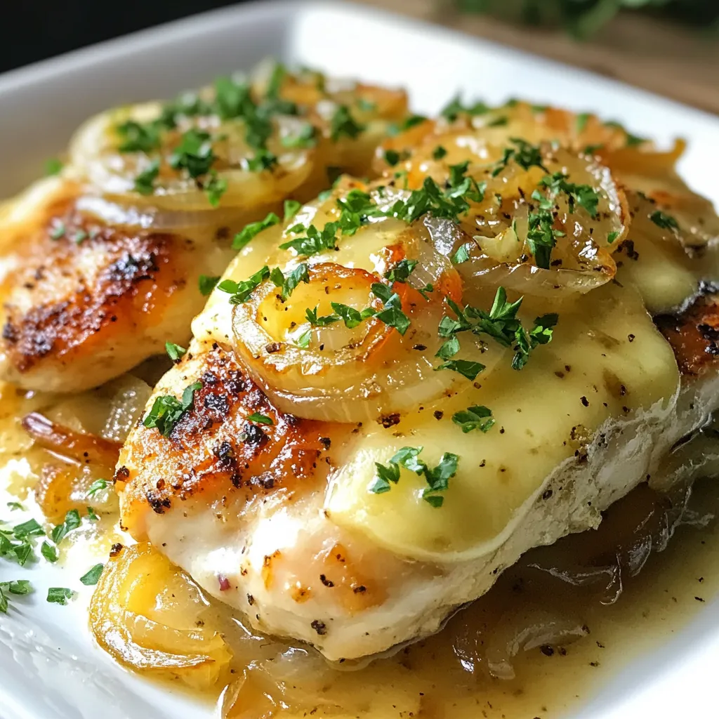 To make French Onion Chicken, gather these items: - 4 boneless, skinless chicken breasts - 2 large onions, thinly sliced - 3 cloves garlic, minced - 2 tablespoons olive oil - 2 tablespoons butter - 1 cup beef broth - 1 tablespoon balsamic vinegar - 1 teaspoon fresh thyme leaves (or ½ teaspoon dried thyme) - 1 cup shredded Gruyère cheese - Salt and pepper to taste - Fresh parsley, chopped (for garnish) You can swap ingredients as needed: - Chicken: Use boneless, skinless thighs for more flavor. - Onions: Sweet onions work well if you want a milder taste. - Beef broth: Vegetable broth is a great option for a lighter dish. - Thyme: Use Italian seasoning instead for a different flavor. - Gruyère cheese: Try mozzarella or cheddar if you prefer. Here are some helpful conversions: - 1 tablespoon = 3 teaspoons - 1 cup = 8 fluid ounces - 1 teaspoon = 5 milliliters - 2 tablespoons = 1 ounce - 1 pound = 16 ounces These conversions can help you adjust the recipe easily. Feel free to mix and match ingredients to suit your taste! {{ingredient_image_1}} To start, grab a large skillet. Heat two tablespoons of olive oil and two tablespoons of butter over medium heat. Once the butter melts, add two large onions that are thinly sliced. Cook the onions for about 15 to 20 minutes. Stir them often. You want them to turn caramelized and a nice golden brown. Near the end, add three cloves of minced garlic. Cook for one to two more minutes until it smells great. Now, let's prepare the chicken. Take four boneless, skinless chicken breasts and season them well. Use salt, pepper, and one teaspoon of fresh thyme leaves. Push the cooked onions to the side of the skillet. Place the chicken breasts in the center. Cook each side for about five minutes. You want the chicken to brown nicely. Next, pour in one cup of beef broth and one tablespoon of balsamic vinegar. This adds a rich flavor. Make sure to scrape the bottom of the skillet. This helps release all those tasty bits stuck to the pan. Bring the mixture to a gentle simmer. Cover the skillet and lower the heat. Let it cook for about 15 to 20 minutes. The chicken should reach an internal temperature of 165°F to be fully cooked. To get sweet, golden onions, start with medium heat. Use olive oil and butter for rich flavor. Stir the onions often. This helps them cook evenly. Aim for about 15 to 20 minutes. If they stick, add a splash of broth. This also helps lift the tasty bits from the pan. Keep going until they are soft and brown. To keep chicken moist, start with boneless, skinless breasts. Season them well with salt and pepper. Searing the chicken helps lock in juices. Cook it for about 5 minutes on each side. Make sure the heat is not too high. This prevents burning while keeping the inside juicy. After adding broth, cover the skillet. This keeps the steam in, making the chicken tender. For the best cheese melt, use Gruyère. It has a nice, creamy texture. After cooking, sprinkle it over the chicken. Cover the pan again for 2 to 3 minutes. This allows the cheese to get gooey and delicious. If you want more flavor, try adding a sprinkle of garlic powder or a dash of paprika before melting. Enjoy the cheesy goodness! Pro Tips Caramelization is Key: Make sure to cook the onions slowly over medium heat to achieve the perfect caramelization. This brings out their natural sweetness and enhances the dish's flavor. Deglaze for Depth: When adding the beef broth, don't forget to scrape the bottom of the skillet. This will lift the flavorful brown bits, adding depth to your sauce. Use a Meat Thermometer: To ensure your chicken is perfectly cooked, use a meat thermometer to check for an internal temperature of 165°F. Experiment with Cheese: While Gruyère is traditional, feel free to mix in other cheeses like Swiss or provolone for a unique twist on flavor. {{image_2}} To make a vegetarian version, swap the chicken for hearty mushrooms. Use portobello or cremini mushrooms for great flavor. Sauté them just as you would the chicken. They will soak up the broth and balsamic vinegar nicely. You can also add extra vegetables like bell peppers or zucchini for more texture. For a gluten-free dish, replace beef broth with a gluten-free version. Many brands offer gluten-free broth that works well. Always check the label to ensure it fits your needs. You can also use cornstarch or arrowroot to thicken the sauce if needed. To elevate the taste, try adding a splash of white wine along with the broth. This adds depth and richness. Fresh herbs like rosemary or sage can give a unique twist too. For a spicy kick, sprinkle in some red pepper flakes while cooking the onions. These small changes can make your dish stand out. After enjoying your French onion chicken, cool it down to room temperature. Place the chicken in an airtight container. Store it in the fridge for up to three days. Make sure to keep the onions and cheese with the chicken. This way, you keep all the great flavors together. To reheat, you can use a skillet or the microwave. If using a skillet, add a splash of broth to keep it moist. Heat over medium-low until hot. For the microwave, place the chicken on a plate. Cover it with a damp paper towel. Heat for 1-2 minutes, checking often. Both methods will help keep the chicken juicy. You can freeze French onion chicken too! Wrap each piece tightly in plastic wrap. Then place them in a freezer-safe bag. This will help avoid freezer burn. You can store it in the freezer for up to three months. When ready to eat, thaw it overnight in the fridge. Reheat as mentioned before for best results. French onion chicken is a savory dish. It combines tender chicken breasts with sweet, caramelized onions. The dish often features a rich beef broth and a layer of melted Gruyère cheese. This meal is comforting and delicious. It brings the classic flavors of French onion soup into a new form. You can serve it over rice, pasta, or with crusty bread. The blend of flavors makes it a family favorite. Yes, you can use other cheeses! While Gruyère adds a nice flavor, feel free to try Swiss or mozzarella. Cheddar also works well if you want a sharper taste. Just remember that different cheeses melt in unique ways. Experiment to find your favorite combination. Mixing cheeses can also add depth to the dish. Cooking chicken takes about 20 to 25 minutes total. Start by browning the chicken for about 5 minutes on each side. Then, let it simmer in the broth for another 15 to 20 minutes. Always check the internal temperature. It should reach 165°F for safety. This ensures that the chicken is cooked properly and safe to eat. In this blog post, we explored the key ingredients and steps for making French Onion Chicken. You learned about ingredient substitutions, precise measurements, and step-by-step cooking methods. The tips helped ensure delicious results, like juicy chicken and perfect caramelization. We discussed variations for dietary needs and how to store your dish properly. Cooking should be fun and simple. Experiment with flavors and make this recipe your own. Your kitchen is a space for creativity, so dive in and enjoy feeding others.