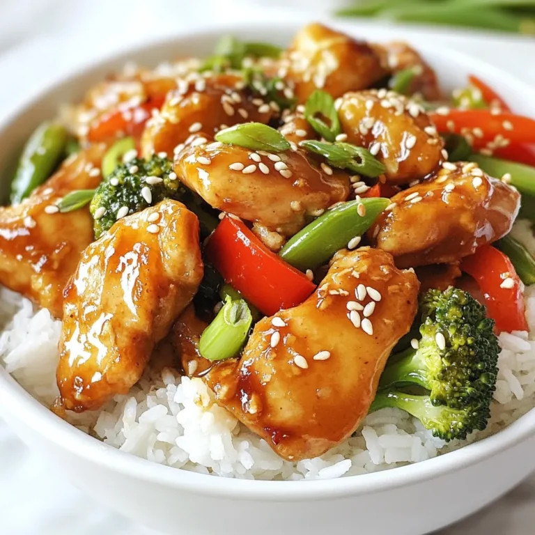 To make a tasty soy garlic chicken stir fry, you'll need these main items: - 1 lb (450g) boneless, skinless chicken thighs, sliced into strips - 3 tablespoons soy sauce - 2 tablespoons honey - 4 cloves garlic, minced - 1-inch piece ginger, grated - 2 tablespoons vegetable oil - 1 red bell pepper, sliced - 1 cup broccoli florets - 1 cup snap peas - 1 tablespoon sesame oil - 1 teaspoon cornstarch mixed with 2 tablespoons water (for thickening) - Salt and pepper to taste These ingredients blend well to create rich flavors. The chicken thighs are juicy and tender. The soy sauce adds a savory touch, while honey gives a hint of sweetness. Garlic and ginger provide warmth and depth. For extra flair, consider these garnishes and enhancements: - Sesame seeds - Sliced green onions Adding these toppings makes your dish look appealing. They also add texture and flavor. You can sprinkle sesame seeds for a nutty crunch. Green onions give a fresh bite. Not all ingredients need to be strict. Here are some easy swaps: - Chicken: You can use chicken breast or tofu for a vegetarian option. - Soy Sauce: If you're avoiding gluten, use tamari or coconut aminos. - Veggies: Swap in bell peppers, carrots, or zucchini based on your taste. These substitutions keep the dish tasty while fitting your needs. Don’t hesitate to get creative with what you have on hand. {{ingredient_image_1}} First, gather your ingredients. In a medium bowl, mix soy sauce, honey, minced garlic, and grated ginger. Whisk until well combined. Next, add the sliced chicken thighs to the bowl. Make sure each piece gets coated in the marinade. Cover the bowl and let it sit for at least 15 minutes. This step helps the chicken soak up all the good flavors. Heat vegetable oil in a large skillet or wok over medium-high heat. Once the oil is hot, carefully add the marinated chicken. Keep some marinade aside for later. Cook the chicken for about 5 to 7 minutes. Stir often until it turns golden brown and is fully cooked. Remove the chicken from the skillet and set it aside on a plate. In the same skillet, add the sliced red bell pepper, broccoli florets, and snap peas. Stir-fry the vegetables for about 4 to 5 minutes. You want them to be bright and crisp-tender. This step adds color and crunch to your dish. Keep stirring to ensure even cooking. Return the cooked chicken to the skillet with the veggies. Pour in the reserved marinade and drizzle with sesame oil. Stir everything together, making sure all the flavors blend. If you like a thicker sauce, add the cornstarch mixed with water. Stir constantly for about 1 to 2 minutes until the sauce thickens. Taste and add salt and pepper as needed. Once done, it's time to serve! To get that ideal stir fry texture, you need high heat. Heat your oil until it shimmers before adding the chicken. This sears the meat, locking in juices and flavor. Don't crowd the pan. Cook in batches if needed. This way, your chicken turns golden and crisp. Prep all your ingredients before you start cooking. Slice the chicken and veggies ahead of time. You can even marinate the chicken the night before. This cuts down on cooking time and makes dinner stress-free. Keep your workspace clean to move quickly through each step. Want to change the taste? Add fresh herbs like cilantro or basil for a twist. You can also swap honey for brown sugar if you like it sweeter. For a spicy kick, toss in red pepper flakes or sriracha. Taste as you cook to find your perfect balance. Pro Tips Marinate Longer for Flavor: For a more intense flavor, consider marinating the chicken for at least 30 minutes or even overnight in the refrigerator. Use Fresh Vegetables: For the best taste and texture, opt for fresh vegetables. They will add more vibrant colors and nutrients to your dish. Adjust Sweetness: Feel free to adjust the amount of honey based on your taste preference. If you like it sweeter, add a bit more, or reduce it for a less sweet dish. Perfect Your Stir-Frying Technique: Keep the ingredients moving in the pan to ensure even cooking and to prevent burning. A high heat is key for a good stir fry! {{image_2}} You can change the protein in this dish easily. Instead of chicken, try beef or shrimp. Thinly sliced beef cooks fast and adds a rich flavor. Shrimp gives a sweet taste that pairs well with the sauce. Use about 1 pound of either protein for the same effect. Just remember, adjust your cooking time. Shrimp cooks in just a few minutes, while beef may take a bit longer. To make a vegetarian option, swap the chicken for tofu or tempeh. Firm tofu absorbs flavors well, making it a great choice. Cut it into cubes and marinate just like the chicken. Tempeh offers a nutty taste and has a different texture. Cook it until golden before adding the veggies. This way, you still get that savory taste without any meat. Feel free to mix up the veggies based on what you have or what’s fresh. In spring, add asparagus or snap peas for a crunchy texture. In summer, zucchini and bell peppers add color and taste. Fall favors butternut squash or carrots for a sweet touch. Winter vegetables like kale or Brussels sprouts can also work well. This makes your stir fry not only colorful but also full of nutrients! To keep your soy garlic chicken stir fry fresh, let it cool first. Then, place it in an airtight container. Store it in the fridge. It can last for about three days. Make sure to keep it away from strong-smelling foods. This helps maintain its flavor. When you're ready to eat again, reheating is easy. You can use the microwave or a pan. If using a microwave, heat it for about 1-2 minutes. Stop to stir halfway through. This helps heat it evenly. If you prefer a pan, warm it on low heat. Add a splash of water or soy sauce to keep it moist. If you want to save some for later, freezing works great too. Place the cooled stir fry in a freezer-safe container. It can stay in the freezer for up to three months. When you are ready to eat, thaw it overnight in the fridge. Reheat it just like before for a tasty meal. You can serve this dish with many sides. I recommend white rice or quinoa. Both soak up the sauce well. You can also add a side of steamed vegetables. This adds more color and nutrients to your meal. If you want something crunchy, try fried spring rolls. Yes, you can use other types of chicken. Chicken breasts work well, too. Just slice them thinly like the thighs. You can also use cooked chicken if you’re short on time. Just skip the marinating step and add the cooked chicken to the stir fry. To make this dish gluten-free, use gluten-free soy sauce. Many brands offer a great taste without gluten. Check the label to be sure. You can also use coconut aminos as a substitute. It has a sweet flavor and works well in this recipe. The marinade needs to sit for at least 15 minutes. This allows the chicken to soak up the flavors. If you have more time, let it marinate for up to 1 hour. The longer it sits, the more flavor it will have. Just keep it in the fridge while it marinates. This blog post covered how to make Soy Garlic Chicken Stir Fry. We looked at key ingredients, step-by-step cooking methods, helpful tips, and different variations. Remember, you can use various proteins or vegetables. Don’t forget to store leftovers properly for later meals. Enjoy experimenting with flavors and ingredients! This dish is simple yet full of taste. With practice, your stir fry will impress everyone. Get cooking and savor each bite!