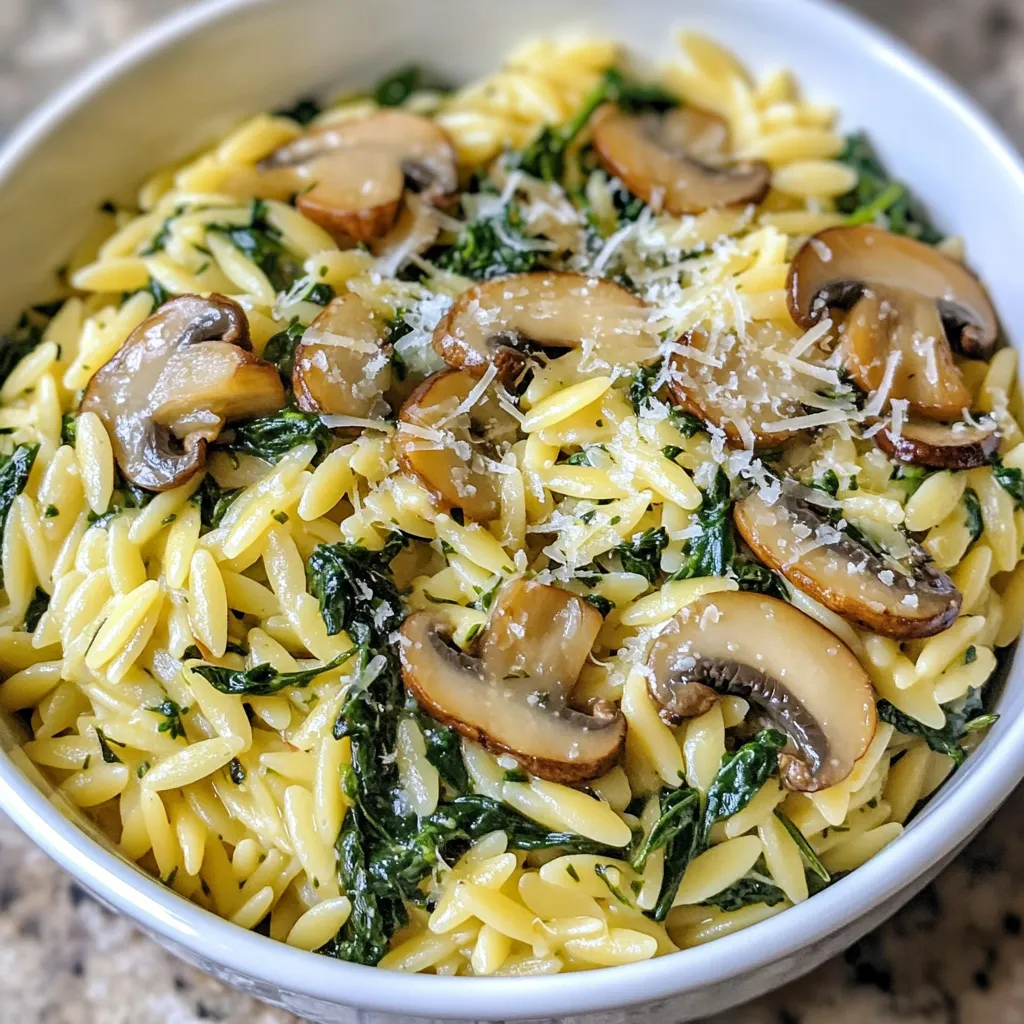 To make Spinach Mushroom Orzo, gather these key ingredients: - 1 cup orzo pasta - 2 cups fresh spinach, chopped - 1 cup mushrooms, sliced (cremini or button) - 1 small onion, diced - 2 cloves garlic, minced - 1 cup vegetable broth - 1/2 cup heavy cream - 1 tablespoon olive oil - 1 teaspoon dried thyme - Salt and pepper to taste - Grated parmesan cheese for garnish (optional) Using the right measurements makes a big difference. Here are some tips: - Orzo pasta is the star, but you can swap it for rice or quinoa if needed. - Fresh spinach gives great flavor. If you don't have it, use frozen spinach. Just thaw and squeeze out excess water. - You can use any mushrooms, but I love cremini for their rich taste. Button mushrooms work too. - If you're out of heavy cream, try milk or a dairy-free cream for a lighter option. - Dried thyme is great, but fresh thyme adds more flavor. Use three times more fresh if you have it. Fresh ingredients bring life to this dish. They enhance flavor and nutrition. Fresh spinach adds vibrant color and vital nutrients. Fresh mushrooms provide a meaty texture that makes the meal hearty. Always choose fresh whenever you can. The taste will shine through in every bite. Plus, local farmers’ markets often have the best produce. When you use fresh ingredients, you make cooking fun and rewarding! {{ingredient_image_1}} Gather all your ingredients. You need: - 1 cup orzo pasta - 2 cups fresh spinach, chopped - 1 cup mushrooms, sliced - 1 small onion, diced - 2 cloves garlic, minced - 1 cup vegetable broth - 1/2 cup heavy cream - 1 tablespoon olive oil - 1 teaspoon dried thyme - Salt and pepper to taste - Grated parmesan cheese for garnish (optional) Wash the spinach and mushrooms well. Chop the spinach into small pieces. Slice the mushrooms thinly. Dice the onion small, and mince the garlic finely. This prep makes cooking quick and easy. Heat the olive oil in a large skillet over medium heat. Once hot, add the diced onion. Cook for about 3-4 minutes until the onion looks clear. Next, add the sliced mushrooms. Cook for another 5 minutes. You want them soft and golden. Now, stir in the minced garlic and dried thyme. Cook this for one more minute. The smell will be lovely and fragrant. This base adds great flavor to your dish. Add the orzo pasta to the skillet. Stir it well with the mushroom mix. Next, pour in the vegetable broth. Bring it to a simmer. Cook uncovered, stirring often for about 10 minutes. The orzo should be tender, and most of the liquid should be gone. Once the orzo is ready, stir in the chopped spinach and heavy cream. Cook for another 2-3 minutes. The spinach will wilt nicely, and the mix will become creamy. Season with salt and pepper. Taste it to make sure the flavors are just right. Serve warm and add grated parmesan cheese on top if you like. Enjoy! To make great Spinach Mushroom Orzo, use a large skillet. This helps heat evenly. Start by heating olive oil over medium heat. Sauté the onion first until it turns soft. Then, add mushrooms and let them cook until golden. This step builds a nice flavor base. Always stir often to avoid sticking. When adding garlic and thyme, cook briefly to keep the flavors fresh. To boost flavor, use fresh ingredients. Fresh spinach and mushrooms bring life to the dish. Adding a splash of lemon juice at the end can brighten it up. You can also sprinkle some chili flakes for a touch of heat. If you love cheese, try using different kinds of cheese for depth. Grated parmesan is a classic choice, but feta can add a nice twist. One common mistake is overcooking the orzo. Keep an eye on it so it stays al dente. Another mistake is not seasoning enough. Taste the dish as you cook and adjust salt and pepper. If it feels bland, it likely needs more seasoning. Lastly, avoid adding spinach too early. Add it just before serving to keep its vibrant color and nutrients. Pro Tips Use Fresh Ingredients: Fresh spinach and mushrooms will enhance the flavor and texture of the dish, making it more vibrant and delicious. Adjust Creaminess: For a lighter version, you can replace heavy cream with half-and-half or a plant-based cream alternative while maintaining a creamy texture. Flavor Boost: Consider adding a splash of white wine after sautéing the mushrooms for an extra layer of flavor before adding the broth. Perfect Cooking Time: Keep an eye on the orzo as it cooks; stirring occasionally ensures even cooking and prevents it from sticking to the pan. {{image_2}} You can add protein to make this dish heartier. Chicken or shrimp works great. For chicken, use cooked, diced pieces. Simply stir them in with the spinach. For shrimp, add raw shrimp during the last few minutes of cooking. They cook quickly and add a nice flavor. Both options make the dish filling and tasty. To make this recipe vegan, swap the heavy cream for coconut milk or a nut cream. These alternatives give a creamy texture without dairy. Use vegetable broth with no added animal products too. You can also skip the cheese or use a vegan cheese. These simple swaps keep the dish rich and satisfying. If you need a gluten-free meal, choose gluten-free orzo. Many brands offer this option, so check your local store. You can also use rice or quinoa instead of orzo. They will change the texture but still taste great. Just adjust the cooking time based on what you choose. To store leftovers, let the orzo cool to room temperature. Then, place it in an airtight container. This will keep it fresh for about 3 to 4 days in the fridge. Make sure to label the container with the date. This way, you remember when you made it! If you want to freeze the orzo, first cool it completely. Then, put it in a freezer-safe container or a zip-top bag. Press out as much air as you can before sealing. This orzo can last up to 3 months in the freezer. Just remember to label it! To reheat, you can use the microwave or the stovetop. If using the microwave, place it in a bowl and add a splash of broth or water. This keeps it moist. Heat it in short bursts, stirring in between. If using the stovetop, warm it in a skillet over low heat. Stir occasionally, adding more broth as needed. Enjoy your tasty meal again! Yes, you can use frozen spinach. Just thaw and drain it first. Frozen spinach works well in this dish. It saves time and still offers great flavor. Fresh spinach adds a nice texture, but frozen is a good option. To make this dish vegan, replace heavy cream with coconut cream or cashew cream. Use vegetable broth without any animal products. Omit grated parmesan or use a vegan cheese. These swaps will keep the dish creamy and tasty. You can serve Spinach Mushroom Orzo with a simple salad or garlic bread. A light soup pairs well too. For protein, grilled chicken or roasted chickpeas are great choices. This dish is versatile and complements many sides. This article explored the key ingredients for Spinach Mushroom Orzo, along with their measurements and the need for freshness. We covered simple steps to prepare and cook the dish, plus useful tips to avoid common mistakes. You can also try various proteins or make it vegan and gluten-free. Remember to store your leftovers properly and reheat them well. Enjoy making this hearty dish, and don’t hesitate to get creative with flavors!