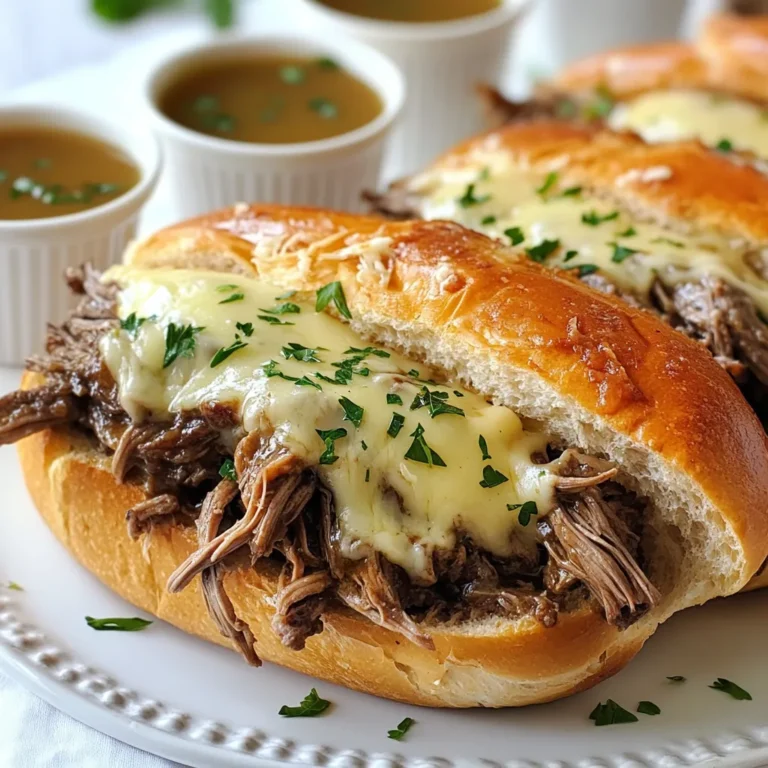 - 3 lbs beef chuck roast - 1 onion, sliced - 4 cloves garlic, minced - 4 cups beef broth - 1 tablespoon Worcestershire sauce - 2 teaspoons dried thyme - 2 teaspoons dried rosemary - Salt and pepper to taste - 6 hoagie rolls - 2 cups shredded provolone cheese - Fresh parsley, chopped (for garnish) When I make these sandwiches, I love to focus on the main ingredients. The beef chuck roast is key. It gives depth and richness to the dish. I slice an onion and mince garlic to add flavor. The broth is the heart of the dish. It keeps the beef moist and makes a great dip. I also add some seasonings. Worcestershire sauce brings a savory kick. Dried thyme and rosemary add warmth and aroma. Don’t forget salt and pepper. They enhance all the flavors. For the bun, I use hoagie rolls. They hold up well against the juicy beef. I top the sandwiches with provolone cheese. It melts nicely and adds creaminess. A sprinkle of fresh parsley gives a nice finish and color. These ingredients come together to create a warm, hearty meal. Each bite is a blend of rich beef, savory broth, and melted cheese. It's comfort food at its best! {{ingredient_image_1}} - Prepare the Roast: Season the beef chuck roast generously with salt and pepper. Make sure to coat all sides well. This adds flavor to the meat. - Sear the Meat: Heat olive oil in a large skillet over medium-high heat. Brown the roast for about 4-5 minutes on each side. This step is key for adding rich flavor. - Combine Ingredients: Transfer the seared roast to the slow cooker. Add sliced onion, minced garlic, beef broth, Worcestershire sauce, thyme, and rosemary. Stir everything together well. - Cook: Cover the slow cooker and set it to low. Cook for 8 hours until the beef is tender. It should shred easily with a fork when done. - Shred the Beef: Once the roast is cooked, remove it from the slow cooker. Use two forks to shred the beef. Return the shredded meat to the broth and mix it well. - Assemble the Sandwiches: Preheat your oven to broil. Place hoagie rolls on a baking sheet. Open each roll and fill them with the shredded beef mixture. Top with shredded provolone cheese. - Melt Cheese: Broil the sandwiches for about 2-3 minutes. Keep an eye on them until the cheese is melted and bubbly. Enjoy this savory delight with a side of broth for dipping! To season beef for optimal taste, use salt and pepper first. Generously coat all sides of the roast. This simple step brings out the beef's natural flavors. Next, add dried thyme and rosemary. They add depth and aroma. Also, consider using fresh herbs if you have them. Fresh herbs can enhance the dish even more. To enhance the broth flavor, add Worcestershire sauce to the slow cooker. This sauce brings a savory kick to the dish. You can also add more garlic for extra richness. If you want a deeper taste, try adding a splash of red wine. It can create a lovely balance in the broth. Slow cookers can vary in heat levels. If you have a higher wattage cooker, you may need less time. For most slow cookers, cook on low for 8 hours. If your cooker runs hot, check the meat after 6 hours. The beef should be tender and easy to shred. If it’s not, let it cook longer. Always trust your cooker and adjust the time as needed. For melting cheese, place the hoagie rolls under the broiler. This step gives the cheese a nice melt and bubbly texture. Keep the sandwiches on a baking sheet for easy handling. When broiling, watch the cheese closely. The broiler can burn the cheese quickly. Check it every minute or so. Once the cheese melts and gets golden, remove the sandwiches. Enjoy the deliciously gooey bites that follow! Pro Tips Choose the Right Cut: For the best flavor and texture, use a well-marbled beef chuck roast. It becomes tender and juicy after slow cooking. Enhance the Broth: Add a splash of red wine to the broth for a deeper flavor profile that complements the beef beautifully. Let It Rest: Allow the cooked roast to rest for 10-15 minutes before shredding. This helps retain moisture and improves the overall texture. Optimal Cheese Melting: For perfectly melted cheese, place the hoagie rolls under the broiler for just a couple of minutes, watching closely to prevent burning. {{image_2}} You can switch up the beef for a new taste. Beef chuck is great, but consider using brisket or round roast. These cuts can also work well in the slow cooker. If you want a twist, try pork shoulder. It gives a sweet flavor that pairs nicely with the broth. You can even use turkey breast for a lighter option. Just make sure to adjust the cooking time for leaner meats. While provolone is classic, other cheeses can change the game. Swiss cheese melts well and has a mild taste. Cheddar adds a sharp flavor that many people love. If you want something creamy, try mozzarella. For a bold kick, consider pepper jack cheese. Each cheese brings its own flair to the sandwich. The hoagie rolls are perfect, but you can explore other types of bread too. A crusty baguette holds up well and adds texture. If you like a softer bite, consider using brioche or ciabatta. For a whole grain option, look for whole wheat rolls. Each type of bread can give your sandwich a new feel and taste. After you enjoy your savory slow cooker French dip sandwiches, store the leftovers in an airtight container. Make sure to separate the meat from the buns to keep them fresh. You can keep the shredded beef in the fridge for up to four days. If you want to store the sandwiches as a whole, they will last about two days. When it’s time to enjoy your leftovers, reheat the beef in a pot over low heat. This method helps keep the meat moist. If you prefer the oven, wrap the sandwich in foil and heat it at 350°F for about 10-15 minutes. This will keep the bread soft while warming the beef. Yes, you can freeze French dip beef! Store it in a freezer-safe container. It can last for up to three months in the freezer. When you’re ready to eat, let it thaw in the fridge overnight. To reheat, warm it gently on the stove or in the microwave. This way, you’ll keep that great taste and texture. Slow Cooker French Dip Sandwiches are tasty sandwiches made with tender beef. The beef simmers in a savory broth. This method makes the meat juicy and full of flavor. The dish comes from French cuisine and has roots in the United States. People love these sandwiches for their rich taste and ease of preparation. Yes, you can! To prepare ahead, cook the beef the day before. Let it cool and then store it in the fridge. The next day, shred the beef and reheat it in the broth. This method keeps the meat moist and tasty. You can also prepare the hoagie rolls and cheese in advance. Just assemble the sandwiches right before serving. These sandwiches pair well with many sides. Here are some great options: - Crispy French fries - Fresh coleslaw - Steamed green beans - Potato chips - A simple garden salad Each side adds a nice touch to the meal and balances the flavors. You can get creative with toppings and condiments. Here are some fun ideas: - Add sliced jalapeños for heat. - Top with sautéed mushrooms for extra flavor. - Use horseradish sauce for a kick. - Try different cheeses like cheddar or Swiss. - Sprinkle fresh herbs like basil or oregano for a fresh taste. Use your favorite flavors to make the sandwich your own! This recipe for Slow Cooker French Dip Sandwiches blends rich flavors with easy steps. You learned about key ingredients, cooking methods, and how to customize your meal. You can choose different meats, cheeses, and bread to make it your own. These sandwiches are perfect for any occasion, and they store well too. Try making them ahead for a hassle-free meal. Enjoy sharing this tasty treat with friends and family. Happy cooking!