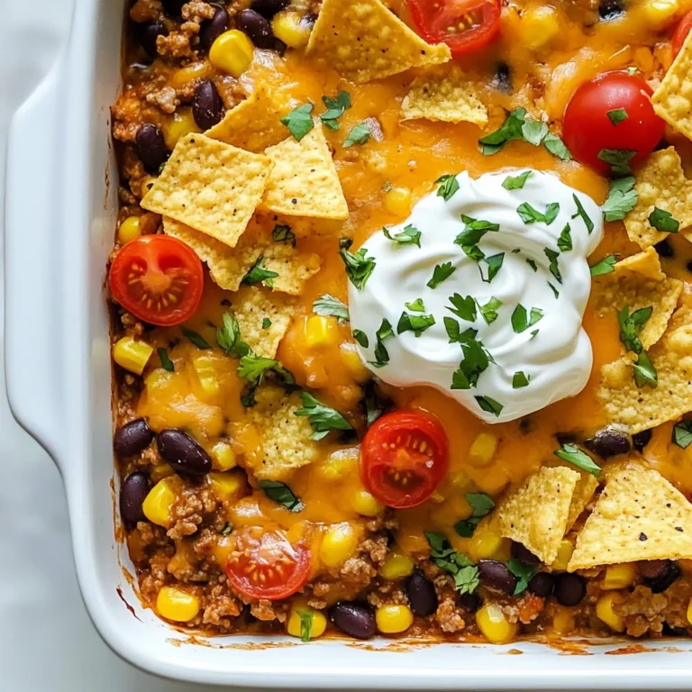 For a great Loaded Taco Beef Casserole, you need some key ingredients. Here’s what you will need: - 1 lb ground beef - 1 packet taco seasoning - 1 cup black beans, rinsed and drained - 1 cup corn kernels (fresh or frozen) - 1 cup diced tomatoes (canned or fresh) - 1 cup cooked rice (white or brown) - 2 cups shredded cheddar cheese - 1 cup sour cream - 1 cup salsa - 1 cup crushed tortilla chips These ingredients work together to create a hearty and tasty dish. The ground beef gives it a rich flavor, while the beans add texture. Make sure to use fresh or quality canned tomatoes for the best taste. You can change things up with optional ingredients. Here are some ideas: - Fresh cilantro for garnish - Avocado slices for serving Adding cilantro gives a fresh taste. Avocado adds creaminess and makes the dish even better. Feel free to add your favorite veggies or spices for a twist. Toppings can enhance your casserole. Here are some of my favorites: - Extra shredded cheese - Jalapeños for spice - Sour cream for creaminess - Chopped green onions These toppings add flavor and crunch. They also make the dish look more appealing. You can mix and match based on what you like. {{ingredient_image_1}} Start by preheating your oven to 350°F (175°C). This step ensures your casserole cooks evenly. While the oven heats up, grab a 9x13 inch baking dish. Grease it lightly with cooking spray or a bit of oil. This helps the casserole come out easily. Next, heat a large skillet over medium heat. Add 1 pound of ground beef. Cook it until the beef is browned and fully cooked. Make sure to break it up with a spatula. This way, it cooks evenly. Once cooked, drain any excess fat. Then, sprinkle in one packet of taco seasoning. Stir in 1/2 cup of water. Let it simmer for about 5 minutes. This helps the seasoning mix well and thicken. In a large mixing bowl, combine the seasoned beef with the other ingredients. Add 1 cup of black beans, 1 cup of corn kernels, and 1 cup of diced tomatoes. Also, toss in 1 cup of cooked rice and 1 cup of salsa. Then, mix in 1 cup of shredded cheddar cheese. Stir everything until well combined. Once mixed, spread the beef mixture evenly in your greased baking dish. Next, spoon 1 cup of sour cream over the top. Then, sprinkle the remaining cheddar cheese on top of the sour cream. Finish by adding 1 cup of crushed tortilla chips. Press them gently into the cheese. This helps them stick. Now, it’s time to bake! Place the dish in the oven and bake for 25-30 minutes. Look for bubbly cheese and a golden top. Once done, remove the casserole and let it cool for a few minutes. If you’d like, garnish with fresh cilantro for a pop of color. To get that perfect cheese melt, use high-quality cheddar. Shredded cheese melts better than block cheese. When adding cheese to your casserole, layer it. Start with some in the mix, then add more on top. Bake it until bubbly and golden for the best melt. This adds flavor and a nice texture. Want to boost the flavor? Try adding diced jalapeños for heat. Fresh lime juice adds a zesty kick. You can also mix in some chopped onions or bell peppers for crunch. For a smoky taste, add a dash of smoked paprika. These small changes can make your casserole stand out. One mistake is not draining the beef well. This can make your casserole greasy. Another is skipping the simmer step with the taco seasoning. This helps the flavors blend. Don’t overload the dish with too many toppings. Stick to a few key toppings for the best texture. Lastly, avoid opening the oven too soon. This can affect the cooking time and cheese melt. Pro Tips Use Lean Beef: Opt for lean ground beef to reduce fat content and make the dish a bit healthier without sacrificing flavor. Customize Your Toppings: Feel free to add your favorite toppings like jalapeños, olives, or even a drizzle of hot sauce for added flavor. Make It Vegetarian: Substitute the ground beef with lentils or a meat alternative for a delicious vegetarian version of this casserole. Prep Ahead: You can prepare the casserole up to a day in advance, just cover and refrigerate it before baking. This saves time on busy nights! {{image_2}} If you want a meat-free option, you can easily make a vegetarian loaded taco casserole. Start by swapping the ground beef with one of these options: - 1 cup of cooked lentils - 1 cup of crumbled tofu - 1 cup of mushrooms, chopped finely You can keep the rest of the ingredients the same. Mix in black beans and corn for protein. This dish stays hearty and tasty without meat. You will still get a lot of flavor from the taco seasoning and cheese. To make this casserole gluten-free, use gluten-free tortilla chips. Also, check the taco seasoning for gluten. Some brands add gluten as a filler. You can also make your own taco seasoning with spices like cumin, paprika, and chili powder. This way, you control all the ingredients. The rest of the recipe stays the same, giving you a great gluten-free meal. Adding more vegetables is a smart way to boost nutrition. Here are some ideas: - 1 cup of bell peppers, diced - 1 cup of zucchini, diced - 1 cup of spinach or kale, chopped Mix these into the casserole with the beef and beans. This adds color and nutrients. Plus, it keeps the dish fresh and tasty. You can sneak in extra veggies without changing the flavor too much. Enjoy experimenting! To keep your Loaded Taco Beef Casserole fresh, store leftovers in an airtight container. Make sure to let it cool first. This way, you stop extra moisture from forming. It stays good in the fridge for up to three days. If you want to keep it longer, freezing is a great option. When you’re ready to eat your leftovers, reheating is easy. Preheat your oven to 350°F (175°C). Place the casserole in an oven-safe dish. Cover it with foil to keep it from drying out. Bake for about 20 minutes, or until it's hot all the way through. You can also use a microwave. Just heat it in short bursts, stirring often to help it warm evenly. Freezing is perfect for this dish if you want to save it for later. First, let the casserole cool completely. Then, cut it into portions for easy thawing. Wrap each portion tightly in plastic wrap and then place them in a freezer bag. Label and date the bags. It can stay in the freezer for up to three months. When you are ready to eat it, thaw it overnight in the fridge before reheating. Yes, you can use ground turkey in this recipe. It will taste great and be leaner. Ground turkey has less fat than beef. Just follow the same cooking steps. Brown the turkey in the skillet and drain any fat. The taco seasoning works well with turkey too. You can make your own taco seasoning. Use equal parts of chili powder and cumin. Add garlic powder, onion powder, and paprika for more flavor. A pinch of salt and pepper can also help. Mix these spices well. You can adjust the amounts to fit your taste. Leftover Loaded Taco Beef Casserole lasts about 3 to 5 days in the fridge. Store it in an airtight container. Make sure it cools down before you put it in the fridge. Reheat in the oven or microwave until hot. Enjoy your tasty leftovers! In this blog post, we explored the ingredients and steps needed for loaded taco beef casserole. You learned how to customize it with options and tops. We also shared tips for the best cheese melt and common mistakes to avoid. Variations include vegetarian and gluten-free options. Lastly, we covered storage tips and answered some common questions about the dish. Now, you have all the tools to make a delicious casserole. Enjoy creating your own tasty version!