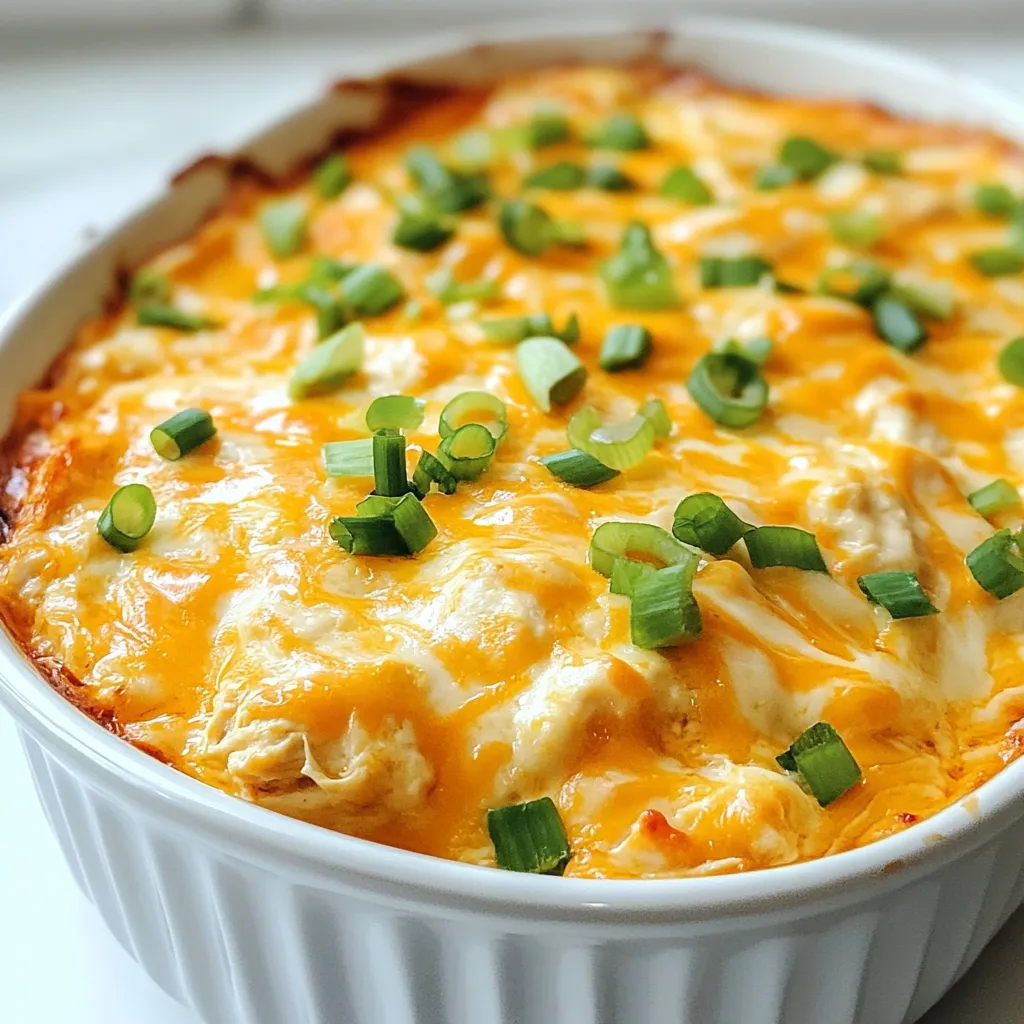 - 2 cups cooked shredded chicken - 1 package (8 oz) cream cheese, softened - 1 cup Frank's RedHot sauce or favorite hot sauce - 1 cup ranch dressing - 1 cup shredded cheddar cheese - 1/2 cup crumbled blue cheese (optional) - 1 tablespoon garlic powder - 1 tablespoon onion powder - 1/4 cup green onions, chopped (for garnish) For Frank’s Buffalo Chicken Dip, you need simple and tasty ingredients. The first star is the cooked shredded chicken. It gives the dip its hearty flavor. Next is cream cheese. It makes the dip creamy and smooth. Frank's RedHot sauce is the key to that spicy kick. You can use any hot sauce you like, but Frank's is a classic. Ranch dressing adds a nice, tangy taste that balances the heat. Shredded cheddar cheese melts beautifully and adds richness. If you like blue cheese, you can sprinkle some on top for a strong flavor. Garlic powder and onion powder boost the taste further. Finally, don’t forget the green onions. They add a fresh crunch on top. This mix of ingredients creates a dip that is perfect for parties and gatherings. Every bite is packed with flavor! {{ingredient_image_1}} Start by preheating your oven to 350°F (175°C). This step is key for getting that perfect melt. In a large mixing bowl, combine the softened cream cheese, Frank's RedHot sauce, and ranch dressing. Mix these ingredients until they blend smoothly. You want a creamy base that is well incorporated. Next, stir in 2 cups of cooked shredded chicken. This is where the dip gets its heartiness. Add in the garlic powder, onion powder, and half of the shredded cheddar cheese. Mix everything well. The spices add flavor, making each bite exciting. Now it’s time to transfer the mixture to a baking dish. Spread it evenly for even cooking. Sprinkle the remaining cheddar cheese and crumbled blue cheese on top if you like. Bake your dip in the preheated oven for 20-25 minutes. Look for bubbly edges and slightly golden cheese. This is when the magic happens! Once done, let it cool a bit before serving. Enjoy it warm with your favorite dippers. To get the best cheese consistency, use brick cream cheese. It mixes better than whipped cream cheese. Make sure the cream cheese is at room temperature. This helps it blend smoothly with the other ingredients. For a creamier texture, add more ranch dressing. You can also mix in Greek yogurt for a tangy twist. If you want it extra creamy, try mixing in more cheese. For dipping, tortilla chips are my favorite. They add a nice crunch. You can also use celery sticks for a fresh, crisp taste. Crackers work well too, especially buttery ones. Serve the dip warm for the best flavor. It stays good for a while in the oven. Just keep an eye on it to make sure it doesn’t get too hot. Pro Tips Use Fresh Ingredients: Freshly cooked chicken and high-quality cheeses will elevate the flavor of your dip. Adjust Spice Level: Feel free to mix in additional hot sauce or use a milder sauce to customize the heat to your preference. Make It Ahead: Prepare the dip a day in advance and keep it in the fridge. Bake it just before serving for a fresh taste. Experiment with Dippers: Try using different dippers like pita chips, carrot sticks, or even bread for a unique twist. {{image_2}} You can make Frank’s Buffalo Chicken Dip even better by mixing in different cheeses. Adding mozzarella gives it a melty texture. Pepper jack can add a fun kick. You can also play with the spice level. If you want it hotter, add more Frank's RedHot sauce. If you prefer it milder, use less. This makes the dip just right for your taste. You can swap ranch dressing for blue cheese dressing to change the flavor. This adds a tangy twist. If you want a lighter dip, try using Greek yogurt instead of cream cheese. Greek yogurt gives a nice creamy texture while cutting down on fat. These swaps let you create a dip that fits your needs. After your gathering, store any leftover Frank’s Buffalo Chicken Dip in an airtight container. Let the dip cool to room temperature first. Once cooled, seal it tightly and place it in the fridge. It will stay fresh for about three to four days. When you want to enjoy it again, just reheat it in the oven or microwave until warm. If you want to keep it longer, freezing is a great option. To freeze, first let the dip cool completely. Then, place the dip in a freezer-safe container. Make sure to leave some room at the top, as the dip will expand when frozen. You can freeze it for up to three months. To reheat, thaw it overnight in the fridge. Then, warm it in the oven at 350°F (175°C) until it's hot and bubbly. Enjoy your dip even after the party! Can I make this dip ahead of time? Yes, you can make this dip ahead of time. Prepare the dip and place it in a baking dish. Cover it and store it in the fridge for up to 24 hours. When ready to serve, just bake it until hot and bubbly. How spicy is Frank's RedHot sauce compared to other hot sauces? Frank's RedHot sauce has a medium heat level. It is milder than many other hot sauces. If you want more heat, try adding more sauce or use a spicier brand. What can I serve with Frank’s Buffalo Chicken Dip? This dip pairs well with many snacks. You can serve it with tortilla chips, celery sticks, or crackers. Veggie sticks work great, too! Make sure to have plenty for dipping. This blog post highlights the tasty Frank’s Buffalo Chicken Dip recipe. You learned about the key ingredients, step-by-step instructions, and handy tips to make it perfect. I shared variations to fit your taste and ways to store leftovers. Now, you can enjoy a flavorful dip for parties or game days. Keep experimenting with different ingredients to find your favorite combo. With this guide, impress friends and family with your easy and delicious dip. Enjoy making and sharing it!