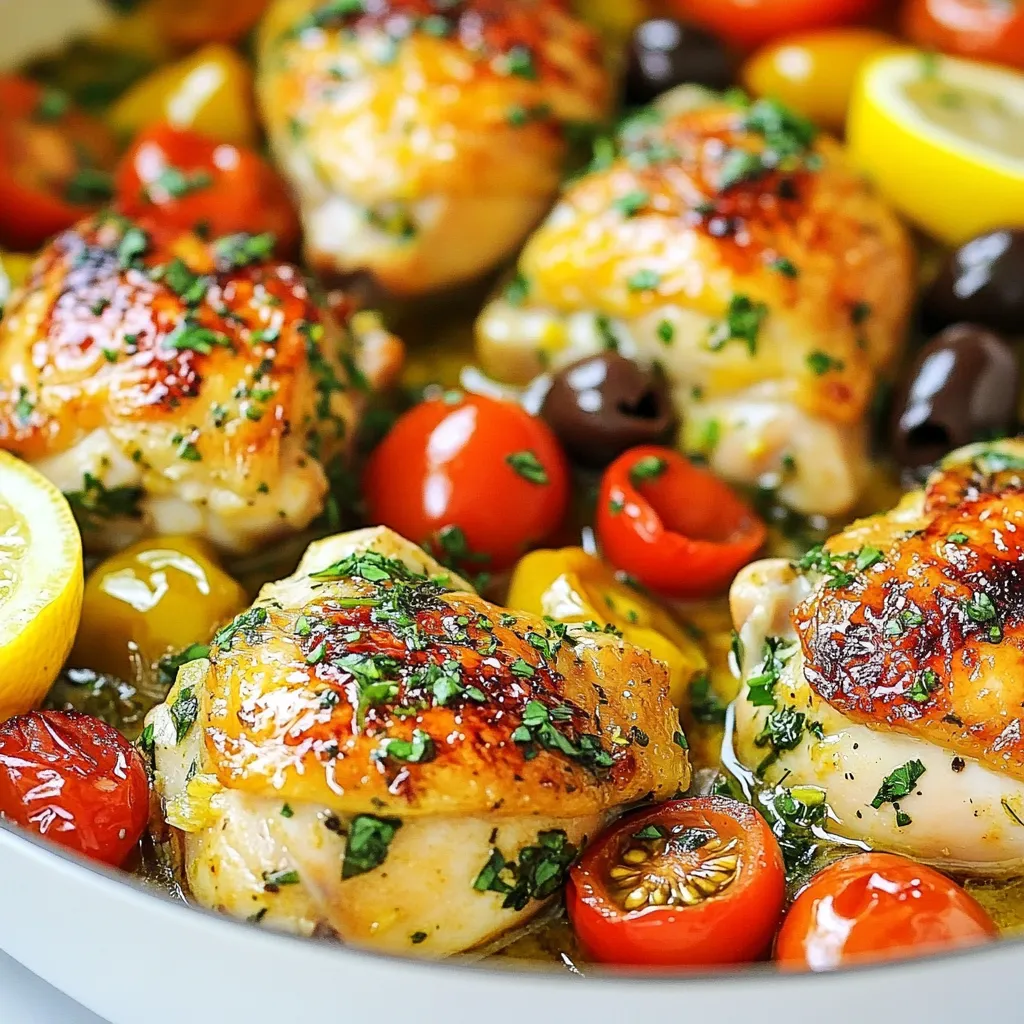 To make Greek Lemon Chicken, you need fresh and simple ingredients. Each one adds a burst of flavor. Here is what you will need: - 4 boneless, skinless chicken thighs - 2 lemons (zested and juiced) - 3 cloves garlic, minced - 1 tablespoon fresh oregano (or 1 teaspoon dried) - 1 tablespoon olive oil - Salt and pepper to taste - 1 cup chicken broth - 1 cup cherry tomatoes, halved - 1 cup Kalamata olives, pitted and halved - Fresh parsley for garnish Chicken thighs are juicy and tender. They soak up the zesty marinade well. Lemons give the dish its bright flavor. The zest adds a nice aromatic touch. Garlic brings warmth, while oregano adds a hint of earthiness. Olive oil keeps the chicken moist. Salt and pepper enhance all the flavors. Chicken broth adds richness to the dish. Cherry tomatoes add sweetness and color. Kalamata olives bring a salty bite. Fresh parsley makes a lovely garnish. Gather these ingredients, and you are ready to cook a delightful meal! {{ingredient_image_1}} First, grab a bowl. In it, combine the juice and zest of two lemons. Add three minced garlic cloves, one tablespoon of oregano, and one tablespoon of olive oil. Don’t forget to sprinkle in salt and pepper to taste. Mix it all up well. Now, take your four chicken thighs and add them to the marinade. Make sure they get fully coated. Cover the bowl and pop it in the fridge. Let it marinate for at least 30 minutes. If you have time, two hours will give you even better flavor. Next, preheat your oven to 400°F (200°C). Heat a large oven-safe skillet over medium heat. Take the marinated chicken thighs out of the fridge. Sear the chicken in the skillet for about 3-4 minutes on each side. You want them golden brown. Once done, remove the chicken and set it aside. In the same skillet, pour in one cup of chicken broth. Add halved cherry tomatoes and pitted Kalamata olives. Stir this mixture and bring it to a gentle simmer. Nestle the seared chicken thighs back into the skillet. Now, transfer the skillet to your preheated oven. Bake for 25-30 minutes. Make sure the chicken reaches an internal temperature of 165°F. When the chicken is done, take the skillet out of the oven. Sprinkle fresh parsley on top for that nice touch. Now your Greek Lemon Chicken is ready to serve! Enjoy the bright flavors and juicy chicken. - Optimal marinating time: Marinate your chicken for at least 30 minutes. For the best taste, go for 2 hours. This time lets the flavors seep in well. - How to enhance flavor: Add more garlic or herbs for a bolder taste. You can also include red pepper flakes for a spicy kick. Don't forget to coat the chicken fully in the marinade. - Searing vs. baking methods: Start by searing the chicken to lock in juices. This step gives the chicken a golden color and a nice crust. After that, bake it to finish cooking. This two-step method keeps it juicy. - Temperature tips for juiciness: Bake at 400°F (200°C). This temperature cooks the chicken evenly. Use a meat thermometer to check for doneness. Aim for an internal temperature of 165°F. - Best sides to pair with Greek Lemon Chicken: Serve it with lemon rice or a fresh Greek salad. These sides balance the dish's rich flavors. You can also add crusty bread to soak up the tasty broth. Pro Tips Marinate Longer for Flavor: For the best flavor, marinate the chicken thighs for at least 2 hours. If you have time, marinating overnight will infuse even more zest and tenderness. Use Fresh Herbs: While dried oregano works well, using fresh oregano will elevate the dish with a brighter flavor. If possible, try to use fresh herbs whenever you can. Check Chicken Temperature: Ensure the chicken is fully cooked by checking its internal temperature with a meat thermometer. The chicken should reach an internal temperature of 165°F (75°C) for safe consumption. Serve with a Side: This dish pairs wonderfully with a side of rice, couscous, or a fresh Greek salad to complement the zesty flavors of the chicken. {{image_2}} You can change the cuts of chicken if you like. Chicken breasts work well too. Thighs stay juicy, but breasts are leaner. You can also use bone-in chicken for more flavor. Herbs and spices are easy to swap. If you don’t have oregano, use thyme or rosemary. Fresh herbs add a nice touch. Dried herbs can work in a pinch. For gluten-free options, check your chicken broth. Some broths may contain gluten. Use a gluten-free brand for a safe choice. You can also skip the olives if needed. If you want low-calorie alternatives, use less olive oil. You can also reduce the amount of chicken. Instead of using thighs, try skinless breasts. They are lower in fat. Add some heat if you like spice. A pinch of red pepper flakes will do the trick. You can also add a chopped jalapeño for more kick. Mix in different veggies for a colorful dish. Bell peppers or zucchini pair well. They add flavor and nutrients. Try adding spinach for a healthy twist. To store your Greek Lemon Chicken safely, let it cool first. Once cool, place it in an airtight container. This helps keep it fresh and tasty. Make sure to use a container that seals well. Glass containers are great, but sturdy plastic works too. You can store it in the fridge for up to three days. When you want to enjoy leftovers, simply reheat them. You can use a microwave or oven. If using the oven, cover the dish with foil to keep it moist. To freeze Greek Lemon Chicken, first let it cool completely. Then, wrap each piece in plastic wrap. After that, place the wrapped chicken in a freezer bag. Be sure to remove as much air as possible. This will help prevent freezer burn. You can freeze it for up to three months. When you’re ready to eat, take it out of the freezer. Place it in the fridge overnight to thaw slowly. For quicker thawing, you can use the microwave. Once thawed, reheat in the oven or on the stove. Make sure it reaches an internal temperature of 165°F for safe eating. Enjoy your flavorful meal again! For the best flavor, marinate Greek Lemon Chicken for at least 30 minutes. If you have more time, you can marinate it for up to 2 hours. This longer time helps the chicken soak up the lemon, garlic, and herbs. The result? Juicy and tasty chicken bursting with flavor. Yes, you can use other chicken cuts if you prefer. Boneless, skinless chicken breasts work well, too. Just remember that they cook faster than thighs. Adjust your cooking time to avoid drying them out. You can also use chicken drumsticks or wings for a fun twist. Pair Greek Lemon Chicken with dishes that complement its bright flavors. Here are some great side options: - Greek salad with cucumbers and feta - Roasted vegetables like zucchini and bell peppers - Rice pilaf with herbs - Crusty bread to soak up the juices For drinks, a crisp white wine, like Sauvignon Blanc, pairs nicely. If you prefer non-alcoholic options, try sparkling water with a slice of lemon. Enjoy! This blog post covered the key ingredients and steps for making Greek Lemon Chicken. You learned how to prepare a tasty marinade, cook the chicken, and serve it beautifully. Remember to try different herbs or veggies for new flavors. Storing leftovers properly ensures you enjoy this dish even later. Embrace these tips for a delightful meal that impresses every time. Happy cooking!