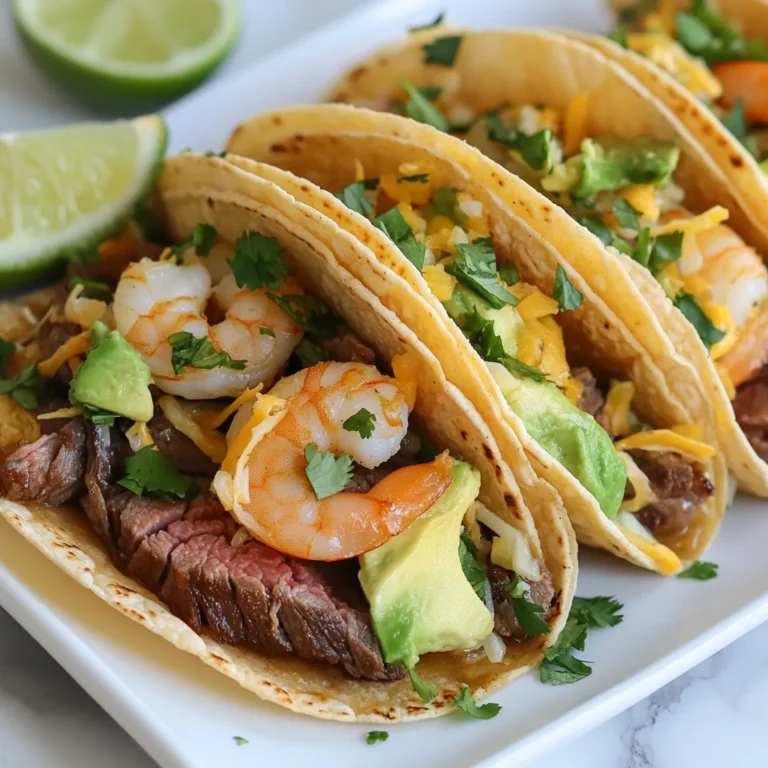 Here’s what you need for your surf and turf tacos: - 8 small corn tortillas - 1 lb shrimp, peeled and deveined - 1 lb flank steak - 1 tablespoon olive oil - 1 teaspoon chili powder - 1 teaspoon garlic powder - 1 teaspoon cumin - Salt and pepper to taste - 1 avocado, sliced - 1 cup shredded cabbage (green or purple) - ½ cup fresh cilantro, chopped - 1 lime, cut into wedges - ½ cup sour cream (optional) This mix of fresh ingredients brings the dish to life. The shrimp and flank steak provide great flavors. The spices add warmth and depth. Don't skip the lime juice; it brightens everything. The avocado adds creaminess, while the cabbage gives crunch. This combination makes each bite exciting and enjoyable. {{ingredient_image_1}} To start, you need to mix the marinade. In a small bowl, blend one tablespoon of olive oil, one teaspoon of chili powder, one teaspoon of garlic powder, and one teaspoon of cumin. Add salt and pepper to taste. Rub this mixture all over the flank steak. Let it marinate for at least 30 minutes. This step makes the meat juicy and packed with flavor. Next, preheat your grill or grill pan to medium-high heat. Grill the flank steak for about 5 to 7 minutes on each side. You want it cooked to your liking. Once done, let the steak rest for 5 minutes. Resting helps keep the juices inside the meat. After resting, slice the steak thinly against the grain for the best texture. Now, let’s cook the shrimp. Heat a dash of olive oil in a skillet over medium heat. Season the shrimp with salt and pepper. Sauté them for about 3 to 4 minutes. You know they are done when they turn pink and opaque. Once cooked, remove them from heat and set aside. Warming the tortillas is easy. You can use a dry skillet or place them directly on the grill. Warm each tortilla for about 30 seconds on each side. This will make them soft and easy to fold. Now it's time to build your tacos. Take a warmed tortilla and layer it with slices of flank steak. Next, add the sautéed shrimp. Top it off with avocado slices and shredded cabbage. Finally, sprinkle fresh cilantro over the top for a burst of flavor. When serving, squeeze some lime juice over the tacos. This adds a nice zing. You can also drizzle sour cream on top if you like. This creamy touch enhances the flavors and makes the dish even more enjoyable. Marinating makes meat and seafood taste better. It adds flavor and tenderizes the meat. For surf and turf tacos, use a blend of olive oil, chili powder, garlic powder, cumin, salt, and pepper. This marinade takes just 30 minutes. To get perfect grill marks, preheat your grill. Cook flank steak for 5-7 minutes on each side. Let it rest for 5 minutes after cooking. This keeps it juicy. For shrimp, cook in a skillet. Avoid overcooking them. They should turn pink and opaque in about 3-4 minutes. You can add more flavor with toppings. Try avocado slices for creaminess. Shredded cabbage adds crunch. Fresh cilantro gives a bright taste. Lime juice enhances all the flavors. If you like, drizzle sour cream on top for extra richness. Pro Tips Marinate the Steak Longer: For even more flavor, consider marinating the flank steak for a few hours or overnight. This will enhance its tenderness and taste. Use Fresh Shrimp: Opt for fresh shrimp instead of frozen if possible. Fresh shrimp has a better texture and flavor, elevating your tacos. Warm Tortillas Properly: Ensure your tortillas are warm and soft before assembling. This makes them pliable and prevents tearing when filled. Customize Your Toppings: Feel free to add additional toppings such as diced tomatoes, jalapeños, or a drizzle of your favorite hot sauce for an extra kick. {{image_2}} You can swap shrimp for other seafood like fish or scallops. Fish like tilapia or mahi-mahi work well. They add a mild taste that pairs nicely with steak. Scallops bring a sweet, tender flavor to the mix. If you prefer meat, chicken or pork are great options too. Marinate chicken thighs or pork tenderloin just like the flank steak for great flavor. Think about the type of taco you want. Soft corn tortillas are classic, but hard shells add crunch. You can use flour tortillas for a different bite. They hold fillings well and make for a soft taco. Experiment with different shapes and sizes to find what you love best. Spice up your tacos with seasonings based on what you enjoy. Besides chili powder, try paprika for smokiness. Cumin adds earthiness, while lime zest brings brightness. If you like heat, add cayenne pepper or hot sauce. Fresh herbs like cilantro or parsley boost flavor and freshness. Each option lets you create a unique taste just for you. To keep your cooked meat and shrimp fresh, store them in airtight containers. This will help seal in moisture and flavor. Make sure to cool them to room temperature before sealing. You can keep cooked shrimp in the fridge for up to three days. The flank steak can last for four days if stored properly. When reheating tacos, I recommend using an oven or a skillet. Preheat your oven to 350°F. Place the tacos on a baking sheet for about ten minutes. If using a skillet, heat it on medium. Add a few drops of oil, then place the tacos in the skillet. Heat for about three minutes on each side. This method keeps the tortillas soft and the filling warm. You can freeze assembled tacos, but it’s best to freeze the meat and shrimp separately. Wrap them in plastic wrap and place them in a freezer bag. They can last up to three months. When ready to eat, thaw them overnight in the fridge. Reheat as mentioned above, then assemble your tacos fresh! Surf and Turf Tacos are a fun mix of land and sea flavors. They combine juicy flank steak and tender shrimp, wrapped in corn tortillas. You add fresh toppings like avocado and cabbage for extra crunch. This dish offers a great balance of savory meat and sweet seafood. It's perfect for taco night or any casual meal. To kick up the heat, add sliced jalapeños or a hot sauce of your choice. You can use a spicy marinade with more chili powder or paprika. Another option is to mix diced chipotle peppers in adobo sauce into the sour cream. These simple changes will give your tacos a delicious kick. Yes, you can prep some parts ahead of time. Marinate the steak and store it in the fridge for up to 24 hours. Cook the shrimp and steak the day before, then keep them in the fridge. Warm them up before serving. You can also slice the avocado and store it in lemon juice to keep it fresh. Great sides include Mexican rice or refried beans for a filling meal. You can also serve chips with fresh salsa or guacamole. A light salad with lime vinaigrette adds a fresh touch. Don't forget some corn on the cob for a fun, summery vibe! In this blog post, we explored how to make delicious surf and turf tacos. We covered all the key ingredients, from shrimp to flank steak. I shared step-by-step instructions to ensure each component tastes great. Additionally, I offered helpful tips for marinating and cooking. You can also transform this recipe with variations and toppings to suit your taste. Overall, these tacos are a fun way to enjoy seafood and meat together. Try making them for your next meal and impress your family or friends with these tasty flavors!