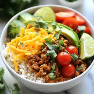 To make a tasty Turkey Taco Bowl, you need: - 1 lb ground turkey - 1 small onion, diced - 2 cloves garlic, minced - 1 red bell pepper, diced - 1 can (15 oz) black beans, rinsed and drained - 1 cup corn (fresh or frozen) - 1 teaspoon ground cumin - 1 teaspoon chili powder - 1 teaspoon paprika - Salt and pepper to taste - 2 cups cooked brown rice (or quinoa) These ingredients bring a mix of protein, fiber, and vibrant flavors. You can add extra fun with these toppings: - Avocado slices - Cherry tomatoes, halved - ½ cup shredded cheddar cheese - ¼ cup fresh cilantro, chopped These toppings add color, texture, and a fresh taste to your bowl. For the base of your bowl, choose: - Brown rice - Quinoa Both options provide a hearty foundation for your meal. Quinoa is a great choice if you want more protein. Brown rice gives a nice, nutty flavor. {{ingredient_image_1}} 1. Sauté onion and garlic: Start by heating olive oil in a large skillet over medium heat. Add diced onion and cook for about 3-4 minutes. Stir until the onion is soft and fragrant. Then, add minced garlic and diced red bell pepper. Cook for another 2-3 minutes until the pepper is tender. 2. Cook ground turkey until browned: Now it’s time to add 1 pound of ground turkey. Break it apart with a spatula as it cooks. Stir the turkey until it turns brown, which takes about 5-7 minutes. Make sure to cook it well for a safe and tasty meal. 1. Mix in black beans, corn, and spices: Once the turkey is browned, stir in 1 can of rinsed and drained black beans and 1 cup of corn. Add 1 teaspoon each of ground cumin, chili powder, and paprika. Season with salt and pepper to taste. Cook everything together for about 3-4 minutes. This step makes the flavors blend nicely. 2. Layering the bowl with base and toppings: For serving, take 2 cups of cooked brown rice or quinoa as the base in each bowl. Then, add the turkey mixture on top. Finish off with sliced avocado, halved cherry tomatoes, shredded cheddar cheese, and chopped cilantro for a colorful and tasty meal. 1. Ideal presentation tips: To make your taco bowl look great, layer the ingredients carefully. Use bright colors from the veggies and toppings. This makes the meal inviting. 2. Best practices for serving with lime: Don’t forget to serve lime wedges on the side. Squeeze fresh lime juice over the bowl just before eating. This adds a zesty flavor that brightens up the dish. To speed up prep time, gather all your ingredients first. Chop the onion, garlic, and bell pepper before you start cooking. This way, you can work fast and keep the flow going. Use a sharp knife for quick cuts. For the ideal skillet temperature, heat your olive oil over medium heat. This allows the onion to soften without burning. A hot skillet helps the turkey brown nicely, which adds flavor. For a flavor boost, try adding spices like oregano or cayenne. Mix in a pinch of salt and pepper for a better taste. You can also marinate the turkey before cooking. A simple mix of lime juice, salt, and cumin will add great flavor. To make your bowl look great, layer the ingredients neatly. Start with the brown rice, then add the turkey mix. Top with avocado slices and cherry tomatoes. Finally, sprinkle cheese and cilantro on top. Drizzle fresh lime juice over the bowl before serving. This adds a zesty kick and brightens the dish. A colorful, well-presented meal makes each bite more enjoyable. Pro Tips Use Lean Turkey: Opt for lean ground turkey to reduce fat content while still enjoying a hearty meal. Add More Veggies: Feel free to include additional vegetables like zucchini or spinach for extra nutrients and color. Customize the Spice Level: Adjust the amount of chili powder and cumin according to your taste preferences for a milder or spicier dish. Make Ahead: Prepare the turkey mixture in advance and store it in the refrigerator for easy assembly on busy nights. {{image_2}} For a low-carb meal, try using lettuce wraps instead of rice. Just take large lettuce leaves and fill them with the turkey mix. This gives you a fresh crunch and cuts carbs. You can also swap brown rice for cauliflower rice. Cauliflower rice is light and still adds a nice texture to your bowl. If you want a vegetarian option, use plant-based ground meat. This works well and keeps the flavor. You can also try other protein options like lentils or chickpeas. These choices add fiber and protein, making your meal hearty. To add some heat, consider adding hot sauces or salsa on top. This gives your bowl a spicy kick. You can also change up the spices. Try using taco seasoning or smoked paprika for a different flavor. Each change can bring a new taste to your turkey taco bowl! To store leftovers of your turkey taco bowl, let it cool first. Place the food in an airtight container. This keeps it fresh and tasty. You can store it in the fridge for up to three days. If you want to enjoy it later, keep it sealed well. When reheating, make sure it’s hot all the way through. You can freeze your turkey taco bowl, too. Start by storing each part separately. Put the turkey mix in one container and the rice or quinoa in another. Use freezer bags for veggies and toppings. This method helps keep the flavors intact. You can freeze these items for up to three months. When it’s time to eat, take them out of the freezer. Let them thaw in the fridge overnight. To reheat, warm the turkey mix in a skillet. Heat the rice or quinoa in the microwave or on the stove. Enjoy your meal just as fresh as the first time! You can use other meats or plant-based options. Here are some ideas: - Ground chicken: A leaner option, similar in texture. - Ground beef: Adds rich flavor but is higher in fat. - Ground pork: Offers a unique taste and moisture. - Tofu: Crumbled tofu can mimic turkey’s texture. - Lentils: Cooked lentils provide protein and fiber. These options work well in the turkey taco bowl. Choose what you like best! This turkey taco bowl recipe serves four people. If you need more, simply double the ingredients. For fewer servings, cut the recipe in half. It’s easy to adjust based on your needs! Yes, you can prepare the turkey taco bowl in advance. Here are some tips: - Cook the turkey mixture: Make it a day ahead and store it in the fridge. - Prep the toppings: Slice avocado and chop cilantro just before serving to keep them fresh. - Assemble before serving: Layer everything in bowls right before you eat. This keeps the rice warm and the toppings crisp. Meal prepping helps save time and makes for quick, healthy meals! You now know how to make a delicious turkey taco bowl. We covered the main ingredients like ground turkey and fresh veggies, plus tasty toppings. I shared steps for preparation and ways to make it look great. With quick tips and variations, you can change this dish to fit your needs. Enjoy experimenting with flavors and storage methods for easy meals. Get cooking and make this your new favorite!