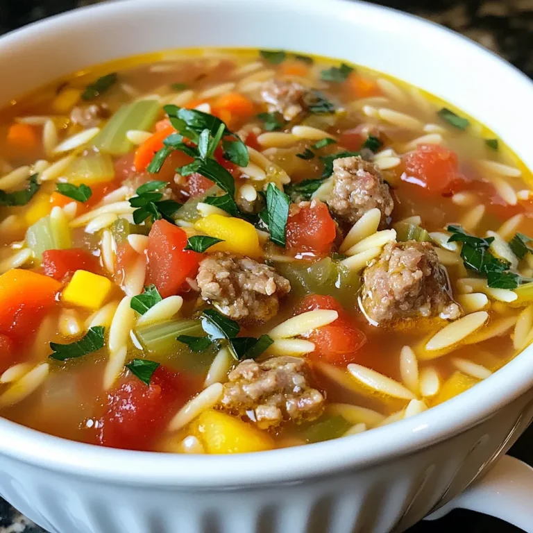 To make this tasty Sausage Orzo Soup, you will need: - 1 lb Italian chicken sausage, casing removed - 1 cup orzo pasta - 1 medium onion, diced - 2 cloves garlic, minced - 2 medium carrots, diced - 2 stalks celery, diced - 1 can (14 oz) diced tomatoes - 6 cups chicken broth - 1 cup baby spinach - 1 teaspoon dried oregano - 1 teaspoon Italian seasoning - Salt and pepper to taste - 2 tablespoons olive oil - Fresh parsley, chopped (for garnish) Most of these ingredients are easy to find. If you can't get Italian chicken sausage, use any ground sausage you like. For orzo, you can swap in other small pasta shapes like ditalini or even quinoa for a gluten-free option. Fresh tomatoes work well instead of canned if you prefer. Feel free to mix in other veggies, such as bell peppers or zucchini, to suit your taste. Using fresh ingredients makes a big difference in flavor. Fresh vegetables bring brightness and crunch to the soup. Fresh herbs, like parsley, add a pop of color and taste. The chicken broth should be good quality for a rich base. When you use fresh ingredients, your soup will taste more vibrant and delicious. You can really taste the love you put into your cooking! {{ingredient_image_1}} Start by gathering your veggies. You will need one medium onion, two carrots, and two stalks of celery. Dice the onion and carrots into small pieces. Cut the celery into similar-sized bits. This helps all the veggies cook evenly. You can also mince two cloves of garlic. Minced garlic gives the soup a great flavor. Heat two tablespoons of olive oil in a large pot over medium heat. Once the oil is hot, add the diced onion, carrots, and celery. Sauté them for about five to seven minutes. You want them to soften up. Stir often to prevent burning. After they are soft, add the minced garlic. Cook for one more minute until you smell that yummy garlic aroma. Next, it’s time for the sausage. You will use one pound of Italian chicken sausage. Remove the casing from the sausage. Then, break it up and add it to the pot with the veggies. Use a wooden spoon to stir and cook the sausage. You need to cook it for about eight to ten minutes. The sausage should turn brown and be cooked through. This step adds a rich, savory flavor to the soup. Now it’s time to bring everything together. Pour in one can of diced tomatoes with their juices and six cups of chicken broth. Stir well and bring the mixture to a simmer. This base creates a hearty soup. Once it’s simmering, add one cup of orzo pasta. Sprinkle in one teaspoon of dried oregano and one teaspoon of Italian seasoning. These herbs add depth to the flavor. Cook the orzo according to the package instructions, which is about eight to ten minutes. Stir occasionally to keep the pasta from sticking. When the orzo is tender, stir in one cup of baby spinach. Cook for one to two minutes until the spinach wilts. Finally, season the soup with salt and pepper to taste. Your Sausage Orzo Soup is now ready! Serve it hot, garnished with fresh parsley for a burst of color and flavor. Start by heating the olive oil in a large pot. Use medium heat to avoid burning. Add diced onion, carrots, and celery. Sauté these veggies for about 5-7 minutes. You want them soft but not mushy. After that, add minced garlic and cook for one more minute. This brings out its great taste. When you add the Italian sausage, break it apart with a wooden spoon. This helps it cook evenly. Brown it well for about 8-10 minutes. This step adds a lot of flavor to your soup. To make your soup pop, use fresh herbs. Fresh parsley on top gives a nice touch. You can also sprinkle some red pepper flakes for heat. If you want a richer taste, add a splash of white wine when you cook the sausage. Let it simmer for a minute before adding broth. This step creates a deeper flavor. Don’t forget to taste your soup as it cooks. Adjust salt and pepper to your liking. The right seasonings make all the difference. If you have leftover soup, let it cool first. Then, store it in an airtight container. It can last in the fridge for up to three days. For longer storage, you can freeze it. Make sure to use freezer-safe containers. Label them with dates so you know when to use them. When you reheat, do it on low heat. Stir it well to heat evenly. This way, your soup stays tasty and safe to eat. Pro Tips Use Fresh Ingredients: Fresh vegetables and herbs can significantly enhance the flavor of your soup, making it more vibrant and delicious. Adjusting Thickness: If you prefer a thicker soup, reduce the amount of broth or add more orzo to achieve your desired consistency. Spice It Up: For an extra kick, consider adding red pepper flakes to the soup while cooking for some heat. Meal Prep Friendly: This soup can be made ahead of time and stored in the refrigerator for up to 3 days or frozen for longer storage, making it a great meal prep option. {{image_2}} You can boost this soup with extra veggies. Try adding zucchini or bell peppers for more color and flavor. Mushrooms also work well, adding depth to the taste. For some crunch, throw in some green beans or peas. They cook quickly and add nice texture. You can also add greens like kale or Swiss chard instead of baby spinach. If you want a lighter option, you can swap the Italian sausage for ground turkey or chicken. This keeps the soup healthy but still tasty. For a vegetarian version, use plant-based sausage or skip the meat entirely. You can replace orzo with quinoa or rice for gluten-free options. Just adjust the cooking time as needed. To spice things up, add red pepper flakes or diced jalapeños while cooking. This adds a nice kick to the soup. You can also add a splash of hot sauce just before serving. For extra flavor, try adding a squeeze of lemon juice. It brightens the dish and balances the richness of the sausage. Fresh herbs like basil or thyme can also elevate the taste. To keep your Sausage Orzo Soup fresh, let it cool first. Then, pour it into an airtight container. This method helps prevent spills and keeps flavors locked in. You can store it in the fridge for up to three days. If you plan to eat it later, freezing is a great option. Freezing your soup is easy. Use freezer-safe containers or bags. Leave some space at the top for expansion. Label the container with the date. Sausage Orzo Soup can last in the freezer for up to three months. When you’re ready to enjoy it, just thaw it in the fridge overnight. Reheating Sausage Orzo Soup is simple. You can use a pot on the stove or a microwave. If using the stove, heat over medium until hot. Stir often to avoid sticking. If using the microwave, heat in short bursts, stirring in between. Make sure it’s hot all the way through before serving. Enjoy your warm, comforting soup! Yes, you can use various sausages in this soup. Choose spicy sausage for heat or turkey sausage for a lighter option. Each type will change the taste but still keep it delicious. I love using Italian chicken sausage for its great flavor. Feel free to experiment with your favorites! Orzo is not gluten-free. It is made from wheat, which contains gluten. If you need a gluten-free option, use rice or gluten-free pasta. These alternatives fit well in the soup and provide a similar texture. Just watch the cooking times, as they may vary. This soup lasts about three to four days in the fridge. Store it in an airtight container to keep it fresh. Before serving, check for any changes in smell or color. If you want it to last longer, you can freeze it for up to three months. This blog covered key aspects of Sausage Orzo Soup. We looked at essential ingredients and their importance. You learned preparation and cooking tips to ensure great flavors. We also explored ingredient variations and how to store leftovers safely. In closing, embrace these tips and use fresh ingredients. Your soup will taste even better. Enjoy making this dish and share it with friends and family. They’ll love it!