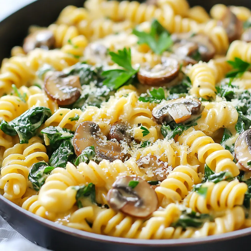For the Parmesan Spinach Mushroom Pasta Skillet, gather these ingredients: - 8 ounces of fusilli pasta - 2 tablespoons olive oil - 1 medium onion, finely chopped - 3 cloves garlic, minced - 8 ounces mushrooms, sliced - 5 ounces fresh baby spinach - 1 cup vegetable broth - 1 cup heavy cream - 1 cup grated Parmesan cheese - 1 teaspoon Italian seasoning - Salt and pepper to taste - Fresh parsley, chopped These ingredients create a creamy and rich dish filled with flavor. Using fresh ingredients makes a huge difference. Fresh spinach tastes vibrant. It wilts nicely in the skillet. Fresh mushrooms add depth. They cook down to a rich, earthy flavor. Dried herbs can work, but fresh is best for this recipe. If you use dried Italian seasoning, use less. Dried herbs are stronger than fresh ones. Quality matters in cooking. For pasta, I like Barilla or De Cecco. They offer great flavors and textures. For olive oil, try California Olive Ranch or Colavita. Their oils have a nice taste and good quality. When it comes to cheese, look for imported Parmigiano-Reggiano. It has a rich flavor that makes the dish shine. For vegetable broth, Swanson or Pacific Foods are both reliable choices. {{ingredient_image_1}} First, you need to cook the pasta. Bring a large pot of salted water to a boil. Add 8 ounces of fusilli pasta. Follow the package directions to cook it until it's al dente. This should take about 8-10 minutes. Once done, drain the pasta and set it aside. The pasta should be firm, not mushy. Next, let's sauté the aromatics. Heat 2 tablespoons of olive oil in a large skillet over medium heat. Add 1 medium onion that you finely chopped. Cook for 3-4 minutes until the onion is soft and clear. Then, add 3 cloves of minced garlic. Cook for one more minute until it smells great. This step adds deep flavor to your dish. Now it’s time to add the mushrooms. Toss in 8 ounces of sliced mushrooms, either cremini or button. Cook them for about 5-7 minutes. They should turn golden brown and release their moisture. Once they're ready, add 5 ounces of fresh baby spinach. Stir it in until it wilts, which takes about 2 minutes. This adds color and nutrients. After the spinach wilts, make the sauce. Pour in 1 cup of vegetable broth and 1 cup of heavy cream. Stir well and bring this mixture to a gentle simmer. Then, add 1 cup of grated Parmesan cheese and 1 teaspoon of Italian seasoning. Let it simmer for 2-3 minutes until the sauce thickens a bit. Season with salt and pepper to taste. Finally, add the cooked pasta to the skillet. Toss everything gently until the pasta is fully coated in the creamy sauce. Serve hot and garnish with some fresh chopped parsley on top. Enjoy your meal! To ensure your pasta turns out just right, cook it until it's al dente. This means it should be firm but not hard. Follow the package instructions for best results. Always add salt to the boiling water. It enhances flavor and helps the pasta absorb taste. After draining, toss the pasta with a little olive oil to prevent sticking. When sautéing, heat your olive oil over medium heat. If the oil is too hot, it can burn your garlic and onion. Start with the onion, stirring for 3 to 4 minutes. Wait until it becomes translucent. Then, add the minced garlic. Cook it for just one minute to keep its flavor strong. Finally, add the mushrooms and sauté until golden brown. This step adds depth to your dish. For extra flavor, try adding a pinch of red pepper flakes. It gives a nice kick. You can also experiment with fresh herbs like basil or thyme. They can brighten the dish. Don’t forget to season with salt and pepper at the end. Garnish with chopped parsley for a fresh touch before serving. This adds color and enhances the dish's appeal. Pro Tips Perfect Pasta: To achieve al dente pasta, make sure to follow the package instructions and taste the pasta a minute or two before the recommended cooking time. Fresh Ingredients: For the best flavor, use fresh baby spinach and high-quality Parmesan cheese. Fresh ingredients significantly enhance the overall taste of the dish. Customize Your Veggies: Feel free to add other vegetables like bell peppers, zucchini, or asparagus for added color and nutrition. Just sauté them along with the mushrooms. Leftover Love: This pasta dish tastes even better the next day! Store leftovers in an airtight container in the refrigerator for up to 3 days. {{image_2}} You can swap out the fusilli pasta for gluten-free pasta. This keeps the meal tasty for those with gluten issues. Other pastas like penne or rotini work too. If you want a lighter option, try zucchini noodles. They add a fresh crunch and pair well with the sauce. Use vegetable broth instead of chicken broth to keep it vegetarian. You can also replace heavy cream with coconut milk for a dairy-free option. Feel free to play with the veggies in this dish. You can add bell peppers for sweetness. Broccoli or asparagus can bring a nice crunch. Carrots add color and a bit of sweetness too. If you like spice, throw in some red pepper flakes or diced jalapeños. The more veggies, the more nutrients and flavor. To make this dish vegan, you can replace Parmesan cheese with a plant-based cheese. Nutritional yeast can give you that cheesy flavor without dairy. Use almond milk or cashew cream instead of heavy cream for the sauce. Make sure to use vegetable broth and add more spices for extra flavor. This way, you can enjoy a creamy, rich meal without any animal products. Store your Parmesan Spinach Mushroom Pasta Skillet in an airtight container. Let it cool down first. This helps keep the flavors fresh. Place the container in your fridge. It can stay good for up to three days. To reheat, scoop out the amount you want. Place it in a skillet over low heat. Add a splash of water or broth to keep it creamy. Stir gently until it’s hot. You can also use a microwave. Heat in short bursts, stirring in between. This keeps the pasta from drying out. If you want to freeze this dish, it’s best to do it before reheating. Let it cool completely. Then, use a freezer-safe container. It can last up to two months in the freezer. When you’re ready, thaw it in the fridge overnight. Reheat it using the methods above. The texture might change a bit, but it will still taste great! Yes, you can use any pasta you like. Penne or spaghetti works well too. Just adjust the cooking time as needed. Make sure to check the package for al dente cooking times. Different shapes add unique textures to your dish. To make this dish dairy-free, swap heavy cream for coconut cream or almond milk. Use a dairy-free cheese instead of Parmesan. Nutritional yeast can add a cheesy flavor without dairy. Adjust seasonings to enhance the taste. This pasta dish pairs well with a simple salad. A side of garlic bread is also a great choice. You can serve it with grilled chicken or shrimp for more protein. For a light meal, add roasted vegetables on the side. This dish lasts about three to four days in the fridge. Store it in an airtight container to keep it fresh. When you're ready to eat, reheat it gently on the stove or in the microwave. Add a splash of water or broth to help it stay creamy. This post covered key aspects of making a tasty pasta dish. We explored ingredients, cooking steps, tips, and variations. You can easily adapt this recipe to suit your needs. Remember to focus on quality ingredients for the best taste. Experiment with different flavors and textures to make it your own. Store it correctly to enjoy leftovers later. With these steps, you’re ready to create a delicious meal that you and others will love. Enjoy cooking!