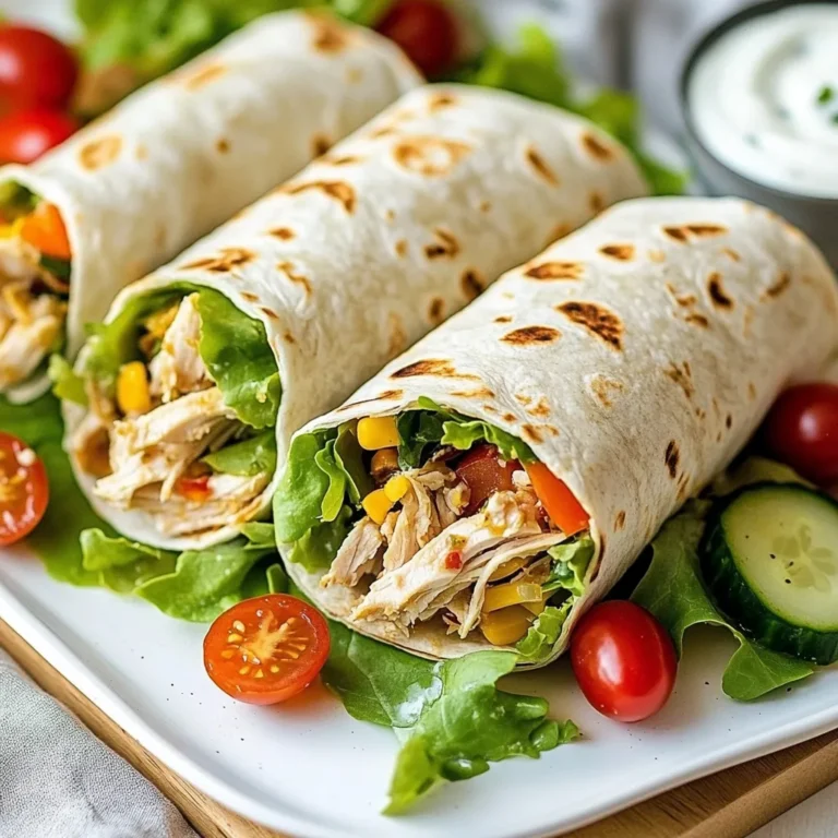 - 2 cups cooked shredded chicken - 4 whole wheat wraps or tortillas - 3 tablespoons olive oil - 4 cloves minced garlic - Spices: paprika, dried oregano, salt, pepper - 1 cup mixed greens - ½ cup cherry tomatoes - ½ cup cucumber slices - Greek yogurt and lemon juice When making garlic chicken wraps, the right ingredients matter. The main base starts with cooked shredded chicken. I prefer using chicken breast for its tenderness and flavor. Whole wheat wraps or tortillas add a nice texture and healthy touch. Seasonings bring the chicken to life. Olive oil helps cook the garlic, adding richness. Minced garlic gives the wrap its signature flavor. Paprika adds warmth, while oregano gives a hint of earthiness. Salt and pepper enhance all the flavors. Next, fresh ingredients add crunch and color. Mixed greens offer a fresh bite. Cherry tomatoes add sweetness, while cucumber slices bring coolness. Finally, Greek yogurt mixed with lemon juice creates a tangy dressing. This dressing ties everything together beautifully. Gather these ingredients, and you are ready to create a tasty meal! {{ingredient_image_1}} 1. First, heat 2 tablespoons of olive oil in a skillet over medium heat. 2. Add 4 cloves of minced garlic and sauté for 1-2 minutes. Watch the garlic to avoid burning it. 3. Next, stir in 2 cups of shredded chicken. Sprinkle in 1 teaspoon of paprika, 1 teaspoon of dried oregano, ½ teaspoon of salt, and ½ teaspoon of black pepper. 4. Cook for about 5-7 minutes. Stir occasionally until the chicken is warm and mixed well with the spices. 1. While the chicken cooks, mix ½ cup of Greek yogurt with the juice of 1 lemon in a bowl. This makes a nice dressing. 2. Lay out 4 whole wheat wraps or tortillas on a clean surface. 3. On each wrap, add a generous amount of the garlic chicken mixture. 4. Top with 1 cup of mixed greens, ½ cup of halved cherry tomatoes, and ½ cup of thinly sliced cucumber. 5. Drizzle a spoonful of the yogurt dressing over the top of the chicken and veggies. 1. To wrap, fold in the sides of the tortilla first. 2. Then, roll it up tightly from the bottom. This keeps the filling inside. 3. Repeat this with the other wraps. 4. If you want a crispy touch, heat a clean skillet over medium heat. Toast the wraps seam-side down for about 2-3 minutes. This adds a nice crunch. To avoid burning garlic while sautéing, keep the heat low. Garlic cooks fast, so watch it closely. Sauté for just 1-2 minutes until it smells great. For the chicken mixture, cook for about 5-7 minutes. Stir often to heat it through and mix well with spices. This step is key to getting rich flavor. Layering matters for flavor. Start with the chicken mixture, then add greens, tomatoes, and cucumber. This order keeps the vegetables fresh. To wrap the tortilla, fold in the sides first. Then, roll from the bottom up. This method helps keep all the tasty filling inside. Cut the wraps in half diagonally for serving. This makes them easy to eat and looks nice on a platter. For garnishing, add extra cherry tomatoes and a dollop of yogurt dressing on the side. This adds color and invites guests to dip! Pro Tips Use Fresh Ingredients: Always opt for fresh garlic and vegetables to enhance the flavor profile of your wraps. Customize Your Greens: Feel free to mix and match your greens based on what you have on hand or your personal preferences. Make It Spicy: Add a pinch of red pepper flakes or sliced jalapeños to the chicken mixture for an extra kick. Meal Prep: Prepare the chicken mixture and yogurt dressing in advance for a quick and easy meal throughout the week. {{image_2}} You can easily change up the greens and veggies in these wraps. Try arugula or kale for a peppery bite. You can also use crunchy bell peppers or shredded carrots for added texture. If you want a lighter wrap, swap whole wheat tortillas for lettuce leaves. This keeps your wraps fresh and low-carb. If you want to save time, use shredded rotisserie chicken. It gives you great flavor without cooking. For a vegetarian or vegan twist, try using chickpeas or black beans. You can also use tempeh, which absorbs flavors well. These options keep your wraps tasty and satisfying. You can make different yogurt dressings to change the flavor. Mix Greek yogurt with herbs like dill or basil. For a spicy kick, add a pinch of cayenne or chili powder. You can also use hummus or avocado as a spread. These swaps help you find the perfect taste for your wraps. To keep your Garlic Chicken Wraps fresh, store leftovers in the fridge. Place them in an airtight container. This helps prevent air from making them soggy. If you have extra yogurt dressing, store it separately. It stays fresh longer this way. If you want to save wraps for later, freezing is a great option. Wrap each Garlic Chicken Wrap in plastic wrap. Then, place them in a freezer bag. This keeps them safe from freezer burn. When you’re ready to eat, take a wrap out and let it thaw overnight in the fridge. For reheating, wrap it in foil and bake at 350°F for about 20 minutes. This warms it up without drying it out. To keep your wraps tasty, eat them within three days when stored in the fridge. After that, they may lose their flavor. Use fresh ingredients like chicken and veggies for the best taste. The mixed greens should stay crisp, while the chicken should be moist. If you follow these tips, you’ll enjoy fresh and flavorful Garlic Chicken Wraps every time. You can easily add spice to your Garlic Chicken Wraps. Here are some ideas: - Chili powder: Mix this with your spices for heat. - Cayenne pepper: A little goes a long way! Start with a pinch. - Hot sauce: Drizzle on top of your wraps for extra kick. - Jalapeños: Add fresh slices for a crunchy, spicy bite. - Pepper jack cheese: Use this instead of regular cheese for a spicy twist. These add-ins will make your wraps lively and full of flavor. Yes, you can prep Garlic Chicken Wraps in advance. Here are some tips: - Cook chicken: You can cook and season the chicken a day before. - Wraps: Store the filling and wraps separately to keep them fresh. - Veggies: Slice veggies ahead of time. Keep them in the fridge in a sealed bag. - Dressing: Make the yogurt dressing one day ahead. Store in a jar. When you're ready, just assemble your wraps for a quick meal. Pairing sides with Garlic Chicken Wraps can enhance your meal. Here are some great options: - Garden salad: Fresh greens with a light vinaigrette work well. - Coleslaw: This adds crunch and a bit of sweetness. - Sweet potato fries: They offer a nice contrast to the wraps. - Hummus and pita: A great dip for a tasty side. - Fruit salad: Fresh fruit adds a sweet touch to your meal. These sides will balance the flavors and make your meal more fun. This blog post shared an easy recipe for Garlic Chicken Wraps, focusing on simple steps and fresh ingredients. You learned about the key ingredients, cooking tips, and how to store wraps for later use. In closing, these wraps are tasty, quick, and flexible. You can customize them to suit your tastes while enjoying a healthy meal. Try different flavors, and they’ll become a regular dish in your kitchen.