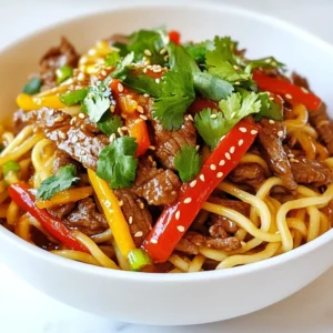 - 400g beef steak, thinly sliced - 250g rice noodles - 2 tablespoons soy sauce - 1 tablespoon hoisin sauce - 1 tablespoon oyster sauce - 2 cloves garlic, minced - 1-inch piece of ginger, grated - 1 red bell pepper, thinly sliced - 2 spring onions, chopped - 2 tablespoons honey - 1 tablespoon sesame oil - Salt and pepper to taste - Sesame seeds and fresh cilantro for garnish For Sticky Beef Noodles, you need fresh and tasty ingredients. The beef steak brings rich flavor and protein. Rice noodles add a nice chewy texture that soaks up the sauce. The sauces—soy, hoisin, and oyster—mix together for a sweet and salty kick. Honey joins the party, making the dish sticky and sweet. Sesame oil gives a nutty finish. Don’t forget the veggies! Garlic and ginger add zest. The red bell pepper adds color and crunch, while spring onions provide a fresh bite. Finally, sesame seeds and cilantro make your dish pop. They add not just taste but a nice look too. With these ingredients, you’re set for a delightful meal. {{ingredient_image_1}} Boil a pot of water. Add the rice noodles and cook until al dente. This usually takes about 4-6 minutes, but check the package for exact times. Drain the noodles and rinse them under cold water. This keeps them from sticking together. Set the noodles aside for later. In a small bowl, whisk together the following ingredients: - 2 tablespoons soy sauce - 1 tablespoon hoisin sauce - 1 tablespoon oyster sauce - 2 tablespoons honey - 1 tablespoon sesame oil - 2 cloves garlic, minced - 1-inch piece of ginger, grated This sauce adds flavor and depth to your dish. Make sure everything mixes well to create a tasty blend. Heat a large frying pan or wok over medium-high heat. Add a little oil to the pan. Sauté the sliced beef for about 2-3 minutes. You want the beef to brown and cook through. Season it with salt and pepper to taste. Once done, remove the beef from the pan and set it aside. In the same pan, add the sliced red bell pepper and chopped spring onions. Stir-fry these for about 2 minutes. You want the vegetables to be bright and slightly tender. This adds a nice crunch and color to the dish. Return the cooked beef to the pan with the vegetables. Pour in the sauce mixture you prepared earlier. Stir everything well to coat all the ingredients. Let it cook for an additional 1-2 minutes until everything is hot. Now, add the cooked rice noodles to the pan. Toss them together with the beef and sauce until well mixed. If it feels too thick, add a splash of water to loosen it up. Finally, sprinkle sesame seeds and fresh cilantro over the noodles before serving. Enjoy your meal! To make the best sticky beef noodles, always cook your noodles al dente. This means they should be firm yet tender. Boil them according to the package instructions. Once done, drain and rinse with cold water. This step is key to prevent sticking. Cold water stops the cooking process and keeps the noodles separate. Adjust the sauce ingredients to fit your taste. If you like it sweeter, add more honey. For a salty kick, increase the soy sauce. You can also use marinated beef. Marinating adds depth to the flavor. Try marinating the beef for at least 30 minutes before cooking. This will make your dish even tastier. For a beautiful presentation, serve the sticky beef noodles in bowls. Garnish with extra spring onions and sesame seeds. This makes the dish look inviting. Using chopsticks adds an authentic touch. It makes eating these noodles more fun and traditional. Enjoy each bite! Pro Tips Beef Selection: Choose a tender cut of beef like sirloin or flank steak for the best texture and flavor. Noodle Cooking: Make sure to rinse the rice noodles under cold water after cooking to prevent them from sticking together. Customize Veggies: Feel free to add other vegetables like broccoli or snap peas for added nutrition and color. Sauce Adjustments: Taste the sauce before adding it to the dish; adjust sweetness or saltiness to suit your preference. {{image_2}} You can switch the beef for other proteins. Chicken works well and cooks quickly. Shrimp adds a nice taste and texture. Tofu is great for a vegetarian option. Each protein brings its own flavor, so feel free to mix it up! For a vegan or vegetarian dish, replace the beef with plant-based options. Use tempeh or seitan for a hearty meal. You can also add more veggies like broccoli, snap peas, or carrots. This makes the dish colorful and packed with nutrients. If you need gluten-free options, use rice noodles and tamari instead of soy sauce. For low-calorie versions, cut back on sauces and use less oil. You can also add more veggies to make it filling without extra calories. These tweaks help you enjoy the dish while sticking to your diet. Store your sticky beef noodles in the fridge right after cooling them down. This keeps them fresh and tasty. Use airtight containers to prevent moisture loss. Glass or plastic containers work well. Make sure to leave some space in the container. This helps the noodles breathe and stay firm. When it’s time to reheat, choose methods that keep the noodles nice. For the microwave, heat for 1-2 minutes. Stir halfway for even warmth. On the stove, heat in a pan over medium heat for about 3-5 minutes, stirring often. If using the oven, preheat it to 350°F. Bake for 10-15 minutes, covered with foil to trap steam. Cooked sticky beef noodles can last about 3-4 days in the fridge. Keep them in a sealed container for best results. For longer storage, you can freeze them. Place in freezer-safe bags, removing as much air as possible. When ready to eat, thaw in the fridge overnight. Then reheat using your favorite method. Sticky beef noodles are a tasty dish made with beef, noodles, and a sweet and savory sauce. This dish has roots in Asian cuisine, especially in Chinese cooking. The noodles soak up the sauce, making them sticky and full of flavor. The beef is tender and cooked fast, adding a nice texture. It often features colorful veggies like bell peppers and spring onions, making it both beautiful and delicious. To spice up your sticky beef noodles, add some chili flakes or fresh chili peppers to the sauce. You can also use spicy sauces like sriracha or chili oil. Start with a small amount and taste as you go. You can always add more heat, but you can't take it away! Yes, you can prepare sticky beef noodles ahead of time. Cook the beef and noodles, then store them in the fridge. Keep the sauce separate until you are ready to eat. When reheating, add a splash of water to keep everything moist. This way, your dish stays tasty and fresh. For side dishes, consider serving steamed broccoli or bok choy for a crunchy contrast. A simple cucumber salad can add a refreshing touch. You could also serve spring rolls or dumplings for a complete meal. These sides complement the flavors of the sticky beef noodles nicely. Sticky beef noodles are packed with flavor and easy to make. You learned about the main ingredients, simple steps, and tasty variations. Remember to cook the noodles just right and use fresh veggies for the best taste. Don't be afraid to try different proteins or tweak the sauce to suit your taste. With the right storage tips, leftovers can still shine. Enjoy creating this delicious dish! I'm sure you’ll impress family and friends with your skills in the kitchen.