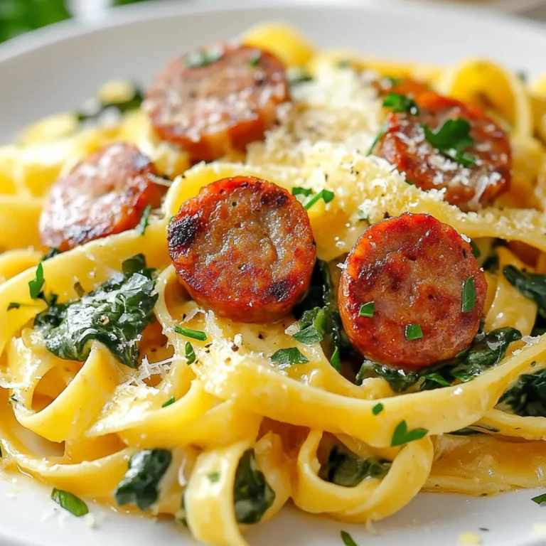 For this recipe, you can choose between two pasta types: penne or fettuccine. Penne has a tubular shape that holds the sauce well. Fettuccine is flat and wide, offering a great texture with the creamy sauce. Both options are easy to find. You can use either based on your preference. I usually go for penne for its bite and sauce-holding abilities. You can use smoked sausage made from chicken or turkey. Both options are lighter than traditional pork sausage. Chicken sausage tends to be milder, while turkey sausage has a bit more flavor. Slice the sausages before cooking. This helps them brown nicely in the skillet. It also allows the smoky flavor to mix better with the sauce. Heavy cream gives the sauce its rich and creamy texture. It blends perfectly with the cheese. Parmesan adds a salty and nutty flavor, enhancing the dish's taste. Use freshly grated Parmesan if you can. It melts better and adds more flavor. Don’t forget the smoked paprika! It adds a hint of smokiness, tying all the flavors together. Salt and pepper balance the dish, so season to your taste. {{ingredient_image_1}} Start by filling a large pot with water. Add a good amount of salt. Bring it to a boil over high heat. Once boiling, add 8 oz of pasta, like penne or fettuccine. Cook the pasta until it is al dente, which means it should still have a bit of bite. Check the package for the right cooking time. After cooking, save ½ cup of the pasta water. Drain the rest of the water and set the pasta aside. Next, grab a large skillet and heat 1 tablespoon of olive oil over medium heat. When the oil is hot, add 2 sliced smoked sausages. These can be chicken or turkey-based for a lighter dish. Cook the sausages for about 5 minutes. You want them golden brown and heated through. This step adds a nice smoky flavor to your pasta. Now it’s time to make the sauce. Add 3 cloves of minced garlic and 1 cup of fresh spinach to the skillet. Sauté these for 2-3 minutes until the spinach wilts and the garlic smells great. Then, pour in 1 cup of heavy cream. Bring this mixture to a gentle simmer. Add ½ cup of grated Parmesan cheese and ½ teaspoon of smoked paprika. Stir everything well and let the cheese melt. If the sauce is too thick, mix in some reserved pasta water until it reaches the right texture. Finally, add the drained pasta to the skillet. Toss it well to coat the pasta in that creamy sausage sauce. Season with salt and pepper to your taste. To cook pasta perfectly, aim for al dente. This means the pasta is firm but not hard. Start by boiling salted water. Use about 1 tablespoon of salt for every 4 quarts of water. Once the water boils, add your pasta. Check the package for cooking times. Taste a piece a minute or two before the time is up. It should have a slight bite. When it's ready, save some pasta water, then drain the rest. Fresh herbs add great flavor to your dish. Use parsley or basil for a fresh touch. Chop them finely before adding to the pasta. You can also try adding a pinch of red pepper flakes for some heat. Smoked paprika is a key spice in this recipe. It adds a rich, smoky flavor that pairs perfectly with the sausage. Don’t skip the seasoning; salt and pepper can really make a difference! Pasta water is your secret weapon for a creamy sauce. It has starch that helps thicken the sauce. If your sauce seems too thick, slowly add some reserved pasta water. Stir and watch as the sauce becomes silky and smooth. This simple trick helps achieve the perfect consistency without losing flavor. Always start with a small amount, then add more if needed. Enjoy the creamy goodness! Pro Tips Choose the Right Pasta: For a creamier sauce, opt for pasta shapes that can hold onto the sauce, such as fettuccine or shells. Enhance Flavor with Herbs: Fresh herbs like basil or parsley not only add a pop of color but also enhance the flavor profile of the dish. Adjust the Creaminess: If you prefer a lighter dish, you can substitute half of the heavy cream with chicken broth or add more reserved pasta water to thin it out. Perfectly Cooked Sausage: Ensure the sausages are browned well to develop deeper flavors; this step is crucial for a delicious meal. {{image_2}} You can boost this dish with veggies. Broccoli adds crunch and color. Just steam or sauté it before adding. Peas bring a sweet pop to each bite. Toss them in with the sausage for a quick cook. Both options mix well with the creamy sauce. Want to switch up the protein? Try kielbasa for a different flavor. It cooks fast and pairs well with the sauce. For a plant-based option, use vegetarian sausage. It still gives that smoky taste. Both choices keep the dish hearty and satisfying. If you need gluten-free, use gluten-free pasta. Options like brown rice or chickpea pasta work well. They cook similarly to regular pasta. Just follow the package instructions. This way, everyone can enjoy the dish without worry. To store leftovers, place the creamy pasta in an airtight container. Make sure it cools to room temperature first. This helps keep the texture nice. Store it in the fridge for up to three days. When you want to eat it again, check for any signs of spoilage, like off smells or colors. If it looks and smells fine, you're good to go! You can freeze this dish for longer storage. Use a freezer-safe container or bag. Make sure to leave some space at the top, as the pasta will expand when frozen. You can store it in the freezer for up to three months. Label the container with the date, so you know when you made it. This way, you can enjoy it later without any guesswork. To reheat, the best method is using the stove. Place the creamy pasta in a skillet over low heat. Add a splash of water or more cream to help restore the creaminess. Stir gently to warm it up. You can also microwave it, but make sure to cover it and heat in short bursts. Stir between each burst to avoid hot spots. Enjoy your creamy pasta just like when you first made it! Yes, you can use different cheeses. Mozzarella or Gouda work well. They add a nice flavor. Cheddar gives a sharp taste. Experiment to find what you love best. This dish pairs great with a simple salad. A green salad freshens up the meal. Garlic bread is another tasty option. It soaks up the creamy sauce well. For drinks, try a light white wine or sparkling water. To add heat, try red pepper flakes. Stir in a teaspoon or more to the sauce. You can also add sliced jalapeños or hot sausage. Taste as you go to find your perfect spice level. This blog post explored key elements for making delicious creamy pasta. We discussed pasta choices like penne or fettuccine and how to select chicken or turkey sausage. I shared tips for cooking perfectly and creating a creamy sauce with heavy cream and Parmesan. You learned about flavor enhancements, veggie additions, and how to store leftovers effectively. In conclusion, you can craft a creamy pasta dish that suits your tastes. Experiment with your ingredients and techniques for the best results. Enjoy the process and make it your own!