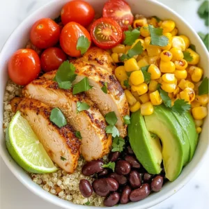 - 2 boneless, skinless chicken breasts - 1 cup uncooked quinoa - 2 cups chicken broth The chicken breasts form the heart of this bowl. They soak up the zesty lime flavor and stay juicy. Quinoa gives a nice texture and packs protein. Using chicken broth adds depth to the quinoa. - 1 large lime (juiced and zested) - 1/4 cup fresh cilantro, chopped (plus extra for garnish) - 1 tablespoon olive oil - 1 teaspoon ground cumin - 1 teaspoon garlic powder - Salt and pepper to taste Lime juice and zest brighten the dish. Fresh cilantro provides a fresh burst of flavor. Olive oil keeps the chicken moist while adding richness. Cumin and garlic powder bring warmth and depth. Salt and pepper round it all out. - 1 cup cherry tomatoes, halved - 1/2 cup black beans, rinsed and drained - 1 avocado, sliced - 1/2 cup corn (fresh, frozen, or canned) Cherry tomatoes offer sweetness and color. Black beans add protein and fiber. Creamy avocado enhances the bowl's richness. Corn adds a lovely crunch and sweetness. Together, these toppings create a colorful and tasty meal. {{ingredient_image_1}} To start, I mix the marinade in a bowl. I add lime juice, lime zest, olive oil, cumin, garlic powder, salt, and pepper. Stir it well to blend the flavors. Next, I add the chicken breasts and coat them evenly. For the best flavor, I let the chicken marinate for at least 30 minutes. If I have more time, I put it in the fridge for up to 2 hours. I rinse the quinoa under cold water to remove any bitterness. In a pot, I combine the rinsed quinoa with chicken broth. I bring it to a boil over medium heat. Once it boils, I reduce the heat to low, cover the pot, and let it simmer for about 15 minutes. After the liquid is absorbed, I fluff the quinoa with a fork. This gives it a nice, light texture. I heat a grill pan or skillet over medium-high heat. I remove the chicken from the marinade and discard the marinade. I cook the chicken for 6-7 minutes on each side. To be sure it's done, I check that the internal temperature reaches 165°F (75°C). After cooking, I let the chicken rest for 5 minutes. This step helps the chicken stay juicy and flavorful. For each serving, I start with a base of fluffy quinoa. Then, I slice the rested chicken and arrange it on top. I add cherry tomatoes, black beans, corn, and sliced avocado. For a lovely touch, I drizzle some lime juice over the bowl and sprinkle fresh cilantro on top. This not only adds flavor but also makes the dish look beautiful. Marinating chicken adds great flavor. I recommend marinating for at least 30 minutes. For even more taste, try marinating up to 2 hours. The lime juice helps tenderize the chicken, making it juicy. If you need a substitute for lime, use lemon juice. You can also swap the olive oil for avocado oil. These changes keep the dish fresh and exciting. To cook perfect quinoa, rinse it under cold water first. This helps prevent it from being gummy. Use chicken broth instead of water for extra flavor. For larger servings, increase the quinoa and broth in a 1:2 ratio. This keeps the texture light and fluffy. Remember, quinoa cooks quickly. Keep an eye on it to avoid overcooking. This bowl pairs well with a side salad or roasted veggies. You can add a dollop of yogurt for creaminess. To keep components fresh, store toppings separately until serving. This way, everything retains its crunch. Drizzle with extra lime juice right before eating for a zesty kick. Enjoy the burst of flavors in every bite! Pro Tips Marinate Longer for More Flavor: If time allows, marinate the chicken for up to 2 hours in the refrigerator. This enhances the flavor and tenderness of the chicken. Use Fresh Ingredients: Opt for fresh cilantro and ripe avocados for the best taste and texture in your bowl. Fresh ingredients elevate the overall dish. Fluff the Quinoa: After cooking, make sure to fluff the quinoa with a fork to prevent it from becoming clumpy. This will give your bowl a light and airy base. Customize Your Bowl: Feel free to add or substitute other veggies like bell peppers or spinach, or swap the black beans for chickpeas for a different flavor profile! {{image_2}} You can switch the chicken for tofu or shrimp. Tofu gives a nice texture, while shrimp adds a seafood twist. Use firm tofu for the best results. For shrimp, cook them until they turn pink and curl. For cooking methods, grill or pan-sear your protein. For tofu, press it to remove water, then marinate and grill it. Shrimp cooks fast, so watch it closely. Feel free to add any veggies you love. Seasonal vegetables like bell peppers or zucchini work well. You can also include leafy greens like spinach or kale for extra nutrients. Try adding roasted sweet potatoes or broccoli for a hearty touch. These options not only boost flavor but also add vitamins and fiber. If you like heat, add jalapeños or your favorite spicy sauce. Slice fresh jalapeños and sprinkle them on top for a fresh bite. For sauce, drizzle some hot sauce or sriracha over the bowl. Adjust spice levels based on your taste. Start with a little, then add more if you want it spicier. This way, everyone can enjoy their meal just how they like it! To keep your chicken bowls fresh, store them in the fridge. Use airtight containers to avoid moisture loss. Glass or BPA-free plastic containers work best. Make sure to cool the bowls before sealing them. This helps prevent condensation. Label the containers with the date. You should eat leftovers within three days for the best taste. Reheat your chicken bowls with care. The microwave is a quick option. Use a microwave-safe dish and cover it to keep moisture. Heat in short bursts of 30 seconds, stirring in between. This helps restore flavor and texture. If you prefer, you can also use a skillet. Heat it on low and add a splash of broth. This keeps the chicken juicy. You can freeze your chicken bowls for later. It’s best to freeze individual components. Store the quinoa, chicken, and veggies in separate bags. This way, you can mix and match later. Use freezer-safe bags and remove as much air as possible. Thaw in the fridge overnight for the best flavor. To maintain taste, avoid thawing in the microwave. Reheat gently on the stove or in the oven. To keep the chicken juicy, marinate it well. Use lime juice, olive oil, cumin, and garlic powder. Let the chicken soak in the marinade for at least 30 minutes. If you have more time, marinate for up to 2 hours. This adds flavor and moisture. When you cook the chicken, use medium-high heat. Grill each side for 6-7 minutes. Check the internal temperature; it should reach 165°F (75°C). After cooking, let the chicken rest for 5 minutes. This helps keep the juices inside. Yes, you can make this recipe gluten-free. The quinoa in this bowl is naturally gluten-free. Just ensure your chicken broth is gluten-free too. Many brands offer gluten-free options. If you use canned corn or beans, check the labels. They should also be gluten-free. Many sides go well with this chicken bowl. Here are some great options: - Grilled veggies: Zucchini or bell peppers add a nice touch. - A fresh salad: Consider a simple green salad with a light dressing. - Tortilla chips: These add a fun crunch. - A fruit salsa: Mango or pineapple salsa can brighten the meal. You can store leftovers in the fridge for up to 3 days. Use an airtight container to keep them fresh. Label the container with the date. When you reheat, make sure the chicken reaches 165°F (75°C) again. This keeps the food safe to eat. This article covered how to make a zesty cilantro lime chicken bowl. We talked about the main ingredients, flavor enhancers, and tasty toppings. I explained how to marinate the chicken and cook perfect quinoa. You learned tips for serving and storing leftovers. In closing, this dish is versatile and packed with flavor. You can easily adjust it to fit your taste. Enjoy making your bowl and experimenting with different ingredients!