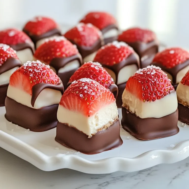 - 1 cup graham cracker crumbs - 1/4 cup unsalted butter, melted - 1 cup cream cheese, softened - 1/2 cup powdered sugar - 1 teaspoon vanilla extract - 1/2 cup fresh strawberries, finely chopped - 1/2 cup whipped cream - 1 cup chocolate chips (milk or dark) - Sea salt for sprinkling These ingredients create a tasty treat. Each one plays a key role. The graham cracker crumbs give a nice crunch. The cream cheese makes the bites creamy and rich. Fresh strawberries add a burst of flavor. - 1/4 cup chopped nuts (like almonds or walnuts) - 1 teaspoon lemon juice - Zest of 1 lemon You can add chopped nuts for more crunch. A hint of lemon juice brightens the flavor. Lemon zest adds a nice touch, too. - Use almond flour instead of graham cracker crumbs for a gluten-free option. - Swap the cream cheese with mascarpone cheese for a lighter taste. - Replace chocolate chips with white chocolate for a sweeter bite. These swaps let you customize the bites. Feel free to get creative! {{ingredient_image_1}} First, I get a medium bowl. I add 1 cup of graham cracker crumbs. Then, I pour in 1/4 cup of melted unsalted butter. I mix it until the crumbs look coated. Next, I line a baking sheet with parchment paper. Using a tablespoon, I scoop out the mixture. I press it down to form small rounds, about 1 inch wide. After that, I place the rounds in the freezer for 15-20 minutes to set. Now, I grab a mixing bowl and add 1 cup of softened cream cheese. I use an electric mixer to beat it until smooth. I slowly add in 1/2 cup of powdered sugar and 1 teaspoon of vanilla extract. I mix it until creamy and well blended. Then, I take 1/2 cup of fresh strawberries and chop them finely. I gently fold the chopped strawberries and 1/2 cup of whipped cream into the cream cheese mixture. This makes a light and fluffy filling. I take the crust rounds out of the freezer. I place a small dollop of the cheesecake filling on each round. I flatten it slightly to form a bite-sized shape. Afterward, I return the bites to the freezer for another 30 minutes to firm up. While they chill, I melt 1 cup of chocolate chips in a microwave-safe bowl. I do this in 20-second intervals, stirring in between until the chocolate is smooth. Once the bites are ready, I dip each one into the melted chocolate, making sure they are coated well. I place them back on the parchment-lined baking sheet. For a gourmet touch, I immediately sprinkle a pinch of sea salt on top of each bite. Finally, I freeze the bites for another 15-20 minutes so the chocolate can set properly. To make your bites just right, follow these steps: - Chill the crust: After mixing the graham cracker crumbs and butter, press them firmly. This helps them hold shape. - Use a spoon: Scoop the crust mixture with a tablespoon. This keeps them uniform in size. - Mix well: Beat the cream cheese until smooth. This makes the filling creamy and rich. - Fold gently: When adding strawberries and whipped cream, fold them in carefully. This keeps the filling light. - Freeze properly: Let each layer chill until set. This helps the bites hold their shape when coated in chocolate. Here are some pitfalls to watch for: - Skipping the chilling steps: If you rush, the bites may not firm up. - Not measuring ingredients: Accurate measurements ensure the right taste and texture. - Overmixing the filling: This can make it too dense. Mix until just combined. - Not using parchment paper: This helps with easy removal once the bites set. - Skipping the sea salt: This tiny touch enhances the flavor. Don't forget it! For a stunning presentation, try these tips: - Use a decorative platter: Arrange the bites neatly. This makes them look inviting. - Garnish with strawberries: Place whole strawberries and mint leaves around the bites. This adds color. - Serve chilled: Keep them in the fridge until serving. This keeps them fresh and tasty. - Pair with drinks: Offer them with a glass of cold milk or iced tea. It makes for a delightful treat. - Include a dipping station: Place extra melted chocolate or fruit sauces on the side for fun! Pro Tips Choose the Right Strawberries: Opt for ripe, fresh strawberries for the best flavor and sweetness. Look for berries that are vibrant in color and have a natural shine. Whip the Cream Properly: Ensure your whipped cream is at soft peaks before folding it into the cheesecake mixture. This helps maintain the light and airy texture of the filling. Perfect Chocolate Coating: When melting chocolate, be careful not to overheat it. Stir frequently and use short intervals in the microwave to prevent it from seizing up. Store for Freshness: Keep the Strawberry Cheesecake Crunch Bites in an airtight container in the freezer. They can be enjoyed for up to a month without losing flavor or texture. {{image_2}} You can swap strawberries for other fruits. Ripe bananas, fresh blueberries, or tart raspberries work great here. Each fruit adds its unique flavor. Bananas give a creamy texture, while blueberries add a burst of sweetness. Raspberries bring a nice tang. Feel free to mix and match for fun bites! Chocolate choice makes a big difference. You can use milk chocolate for sweetness or dark chocolate for a rich taste. White chocolate also works if you like it sweeter. Try adding a sprinkle of cocoa powder or crushed nuts for extra crunch. The chocolate layer can make each bite more exciting. If you want to skip baking, you can still enjoy these bites. Just follow the same steps without baking the crust. The fridge will help set them instead. Chill the bites longer to ensure they firm up nicely. This no-bake version is perfect for hot days when you want a cool treat! To keep your Strawberry Cheesecake Crunch Bites fresh, store them in an airtight container. Place a sheet of parchment paper between layers. This helps avoid sticking. Keep the bites in the fridge for up to five days. Enjoy them cold for a refreshing treat! If you want to save some bites for later, freezing is a great option. First, let the bites set completely in the freezer. Then, place them in a single layer on a baking sheet. Once frozen, move them to a freezer-safe bag. They can last up to three months in the freezer. Make sure to label the bag with the date. These bites taste best when served cold or at room temperature. If you want them warm, microwave them for just a few seconds. Be careful not to overheat them! For serving, arrange the bites on a beautiful platter. Add whole strawberries or mint leaves for a nice touch. This makes your dessert look even more inviting! Yes, you can make these bites ahead of time. I often prepare them the night before. Once they are finished, store them in the fridge. This gives the flavors time to blend. Plus, it saves you time on the day you want to serve them. If you do not have graham crackers, try vanilla wafers or digestive biscuits. Both options work well for the crust. You can also use crushed cookies for a fun twist. Just make sure they are sweet enough to balance the filling. These bites last about three days in the fridge. After that, the texture may change. If you want them to last longer, consider freezing them. They can stay fresh for about a month when frozen. Just remember to let them thaw in the fridge before serving. You now have a clear guide to making delicious crunch bites. We covered key ingredients, step-by-step instructions, and helpful tips. Don't forget the variations to fit your taste. Store any leftovers to enjoy later, and check the FAQs for common questions. These small bites are easy to love and share. Dive in and create your own versions, making dessert fun and tasty!