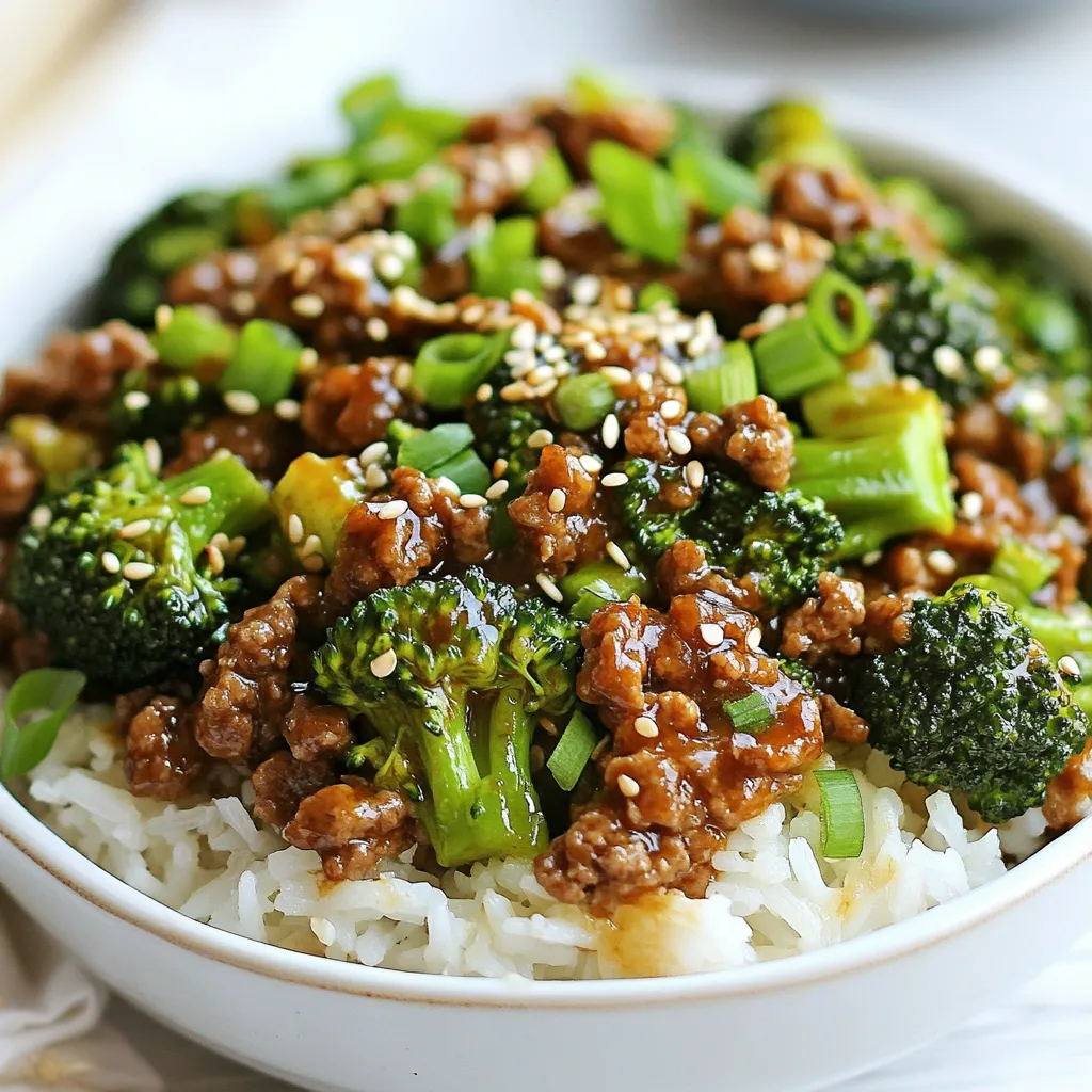 - 1 lb ground beef - 2 cups broccoli florets - 1 medium onion, finely chopped - 3 cloves garlic, minced - 1 tablespoon ginger, grated - 3 tablespoons soy sauce - 2 tablespoons oyster sauce - 1 tablespoon hoisin sauce - 1 teaspoon sesame oil - 1 tablespoon olive oil - Salt and pepper to taste - Cooked jasmine rice - Toasted sesame seeds - Chopped green onions This savory dish starts with ground beef and bright, fresh broccoli. The onion, garlic, and ginger add a depth of flavor. Ground beef is rich in protein, making it a great choice for a filling meal. Broccoli brings vitamins and a nice crunch. The sauces give the dish a savory kick. Soy sauce adds umami, while oyster sauce provides sweetness. Hoisin sauce adds a hint of spice and depth. Sesame oil gives a nutty flavor that ties everything together. Serve this dish over warm jasmine rice. The rice soaks up the tasty sauce. Top it off with toasted sesame seeds and chopped green onions for a beautiful finish. These garnishes add an extra layer of flavor and texture. {{ingredient_image_1}} Start by heating olive oil in a large skillet over medium-high heat. Add the finely chopped onion. Sauté it for about 3 to 4 minutes until it turns translucent. This step builds a strong base for your dish. Next, add the minced garlic and grated ginger. Cook for one more minute until it smells amazing. This mix of onion, garlic, and ginger creates a fragrant foundation that enhances the flavors of the beef and broccoli. Now, increase the heat to high and add the ground beef to the skillet. Cook the beef for about 4 to 5 minutes. Break it apart with a spatula as it cooks. You want it to brown evenly. If there’s extra fat, drain it off. Once the beef is browned, add the broccoli florets to the skillet. Stir everything together and cook for about 3 to 4 minutes. The broccoli should be bright green and tender-crisp. This texture is key; it adds both flavor and crunch. In a separate bowl, mix the soy sauce, oyster sauce, hoisin sauce, and sesame oil. Pour this mixture over the beef and broccoli in the skillet. Add salt and pepper to taste, then stir everything well. This sauce ties the dish together with savory goodness. To thicken the sauce, drizzle the cornstarch mixture over the stir-fry and mix thoroughly. Cook for an additional 2 minutes. This will give your dish a nice, glossy finish. Now, serve your savory beef and broccoli over cooked jasmine rice. Finish with toasted sesame seeds and chopped green onions for a pop of flavor and color. To make this dish truly shine, adjust the seasoning to your taste. Start with the sauces. I recommend using: - 3 tablespoons soy sauce - 2 tablespoons oyster sauce - 1 tablespoon hoisin sauce These ratios give a great balance of sweet and salty. You can add more or less based on your preference. Taste as you go. Cooking ground beef evenly is key. Use a large skillet and break the beef into small pieces as it cooks. This way, it browns nicely without clumping. For the broccoli, aim for tender-crisp. Cook it for about 3-4 minutes until it is bright green. It should still have a slight crunch. This keeps the flavor fresh and vibrant. Prep is crucial for a quicker meal. Chop your onion, garlic, and ginger ahead of time. You can store them in the fridge for easy access. Using pre-cooked rice can save you time. Just heat it while you cook the beef and broccoli. This way, your meal is ready in no time. Enjoy your cooking! Pro Tips Fresh Ingredients: Always use fresh broccoli and high-quality ground beef for the best flavor and texture in your dish. Cooking Time: Keep an eye on the broccoli while cooking; overcooking can lead to a mushy texture. Aim for bright green and tender-crisp. Custom Sauces: Feel free to adjust the sauce based on your taste preferences. Add more soy sauce for saltiness or hoisin for sweetness. Presentation: For a beautiful presentation, garnish your dish with toasted sesame seeds and chopped green onions just before serving. {{image_2}} You can switch out ground beef for other proteins. Ground turkey is a great choice. It has a light flavor that takes on any sauce well. Ground chicken works too. It’s lean and cooks quickly. For a plant-based option, try using tofu. Just press it to remove water, then crumble it before cooking. Each option brings its own flair. Want to boost the nutrition? Add more veggies to your dish! Carrots add a nice crunch. Bell peppers give sweetness and color. Snap peas offer a fresh taste. You can even throw in mushrooms for earthiness. The more, the merrier! Mix and match based on what you like. You can spice things up! To make your dish spicy, add red pepper flakes or sriracha. If you like sweet flavors, try adding a dash of honey or brown sugar. You can also mix in curry powder for an Indian twist. Experiment with flavors to find your favorite! Store any leftovers in an airtight container. This keeps the dish fresh. It is best to refrigerate within two hours. The dish will stay good for about three days. Make sure to let it cool before sealing. This helps avoid condensation inside the container. To freeze the dish, let it cool completely. Use a freezer-safe container or a heavy-duty freezer bag. This helps prevent freezer burn. Label with the date, so you know when to use it. Ground beef and broccoli can be frozen for up to three months. For best results, thaw it in the fridge overnight before reheating. Reheat the dish on the stove for even heating. Use a non-stick skillet on medium heat. Add a splash of water or broth to keep it moist. Stir often to avoid sticking. You can also microwave it, but stir halfway through. This keeps the texture nice and helps heat evenly. Enjoy your savory dinner delight! If you want to avoid soy sauce, try coconut aminos. It has a sweet flavor and works well. Another option is tamari, which is gluten-free. For a quick fix, mix beef broth with a bit of vinegar. This will give you a salty taste without soy. If you need a low-sodium choice, look for low-sodium soy sauce. Each option will change the flavor slightly, so try them to see what you like best. Yes, you can use fresh broccoli! Fresh broccoli has a brighter taste and a nice crunch. Just be sure to cut it into small florets for even cooking. You will need to adjust your cooking time. Fresh broccoli takes about 3-4 minutes to cook until bright green and tender-crisp. Keep an eye on it, so it doesn’t get too soft. This way, you’ll keep that great texture. To make this dish gluten-free, switch the soy sauce for gluten-free options like tamari or coconut aminos. Check the oyster sauce, as some brands add gluten. Choose a gluten-free oyster sauce or skip it altogether. You can also use a mix of beef broth and cornstarch to thicken the sauce. These swaps keep the flavors while making the dish safe for those who avoid gluten. This blog post covered a tasty dish made with ground beef and broccoli. You learned about the main ingredients, sauces, and how to add flavor. We discussed step-by-step cooking instructions and shared tips to save time. You can also explore variations with different proteins and vegetables. In the end, this dish is easy to make and full of flavor. Feel free to adapt it to your taste. Enjoy cooking and experimenting with this recipe!