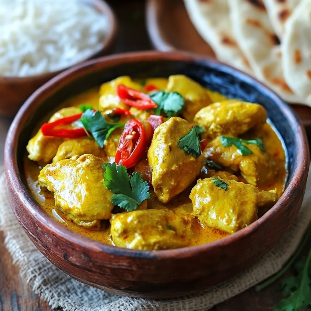 To make this dish, you will need: - 1 kg chicken, cut into pieces - 2 large onions, finely chopped - 3 tomatoes, pureed - 4 cloves garlic, minced - 1 inch ginger, grated - 2 green chilies, slit - 1 cup plain yogurt - 3 tablespoons vegetable oil or ghee These ingredients form the base of your chicken curry. The chicken provides the main protein. The onions add sweetness, while tomatoes bring acidity. Garlic and ginger add warmth, and green chilies give a kick. Yogurt helps to tenderize the chicken and adds creaminess. For flavor, you will need: - 2 teaspoons cumin seeds - 1 teaspoon mustard seeds - 1 teaspoon turmeric powder - 2 teaspoons coriander powder - 1 teaspoon garam masala - Salt to taste These spices create the famous curry flavor. Cumin and mustard seeds add depth. Turmeric gives a warm color and earthiness. Coriander adds a citrusy note, while garam masala rounds off the flavor with warmth and complexity. Salt enhances all the flavors. To finish your dish, consider: - Fresh coriander leaves for garnish Garnishing with coriander adds a fresh taste and vibrant color. You can also serve it with naan or rice to soak up the sauce. A lime wedge adds brightness, making each bite more exciting. {{ingredient_image_1}} To marinate chicken, start with a bowl. Add 1 kg of chicken pieces. Then, mix in 1 cup of plain yogurt, 1 teaspoon of turmeric powder, and salt to taste. The yogurt adds moisture and flavor. It helps tenderize the chicken too. Mix well and cover the bowl. Let it sit for at least 30 minutes. This step is key for great taste. Heat 3 tablespoons of vegetable oil or ghee in a large pan. Use medium heat for best results. Once hot, add 2 teaspoons of cumin seeds and 1 teaspoon of mustard seeds. Let them sizzle until fragrant. Next, add 2 large onions that you have chopped finely. Stir them often. Cook until they turn golden brown. This should take about 10 minutes. Properly sautéed onions add a rich base to your curry. Once the chicken is added, mix it well with the spice blend. Cover the pot and reduce the heat to low. Let it simmer for about 25-30 minutes. This slow cooking makes the chicken tender. Stir occasionally to avoid sticking. If the curry looks too thick, add a bit of water. The sauce should be thick but pourable. Adjust the seasoning if needed. This final step makes the dish perfect. To get the best flavor in your chicken curry, start with fresh spices. Whole spices are better than ground ones. Toast them lightly in oil to bring out their oils and aromas. Use good quality yogurt for marinating. It gives your chicken a creamy texture. Don't rush the cooking of onions; let them brown deeply. This adds richness to your dish. Always simmer your curry gently; this helps the flavors meld well. One big mistake is skipping the marination. Marinating the chicken makes it tender and flavorful. Another common error is not cooking the onion enough. Undercooked onions taste raw and ruin the dish. Avoid using too much water too soon. This can make your curry watery. Lastly, don’t forget to taste as you cook. Adjusting seasoning at the end can save your dish. To make your curry milder, remove the seeds from green chilies. You can also add more yogurt. It cools down the heat. If you want it spicier, use more green chilies or add red chili powder. Start with a small amount and taste. You can always add more later. For a sweet touch, add a bit of sugar or honey. This can balance the spices nicely. Pro Tips Marination Magic: Allow the chicken to marinate for at least 1 hour for deeper flavor absorption from the spices and yogurt. Layering Flavors: Sauté the onions until they are deeply caramelized; this will enhance the overall depth of flavor in your curry. Adjusting Spice Levels: If you prefer a milder curry, remove the seeds from the green chilies before adding them to the pot. Perfect Consistency: For a thicker gravy, let the curry simmer uncovered for the last 10 minutes of cooking. {{image_2}} You can easily adjust this chicken curry for special diets. For a lighter dish, use skinless chicken. If you want a dairy-free option, replace yogurt with coconut milk. This adds creaminess without dairy. For those avoiding gluten, use gluten-free yogurt. You can also skip the ghee and use a plant-based oil. These small swaps keep the flavors rich while meeting dietary needs. India is vast and diverse. Each region has its style of chicken curry. In Punjab, you'll find a creamy, buttery version called butter chicken. The south favors coconut milk and spices, making it different and flavorful. In Bengal, you might see mustard oil and poppy seeds used. Each style tells a story of its region and culture. Explore these variations to add new flavors to your table. Chicken is great, but you can try other proteins too. Goat meat adds a rich flavor and works well with spices. For a vegetarian option, use chickpeas or paneer. These alternatives soak up spices and keep the dish hearty. Tofu is another good choice for a plant-based meal. Each protein brings its own taste, making this curry versatile and exciting. To store leftover chicken curry, let it cool first. Transfer it to an airtight container. Make sure the lid seals tightly. This helps keep the curry fresh. You can store it in the fridge for up to three days. If you want it to last longer, consider freezing. When reheating chicken curry, use a low heat setting. This allows the flavors to blend back together. Stir it often to prevent sticking. You can add a splash of water if it seems too thick. Heat until it's steaming hot, but don’t boil it. This keeps the chicken tender and juicy. Freezing chicken curry is easy. Portion it into smaller containers. Label each container with the date. This way, you know when to use it. You can freeze it for up to three months. When you are ready to eat, thaw it in the fridge overnight. Reheat it gently, and enjoy your tasty meal! Chicken curry has deep roots in Indian cuisine. It comes from the Mughal era. The Mughals introduced rich spices and cooking styles. Over time, chicken curry evolved into many regional varieties. Each region adds its own twist, using local spices and methods. This dish reflects India's diverse food culture and history. You can find different versions in every part of India. Yes, you can use a slow cooker for this recipe. Start by marinating the chicken as usual. Then, sauté the onions, garlic, and ginger in a pan. After that, transfer everything to the slow cooker. Add the spices and tomatoes, and mix well. Set the slow cooker on low for about 6 hours. This method makes the chicken very tender and flavorful. Chicken curry pairs well with several side dishes. Here are some great options: - Naan bread - Basmati rice - Raita (yogurt sauce) - Pickles - Papadam (crispy lentil wafers) These side dishes enhance the meal and add layers of flavor. Enjoy exploring different combinations! In this article, we explored how to make authentic Indian chicken curry. We examined essential ingredients, proper cooking techniques, and tips to enhance flavor. I shared storage info and answered common questions about this dish. As you prepare your own curry, remember that practice makes perfect. Use the tips provided to avoid mistakes. Enjoy the process and make it your own. Each curry you create can be a new adventure in flavor.