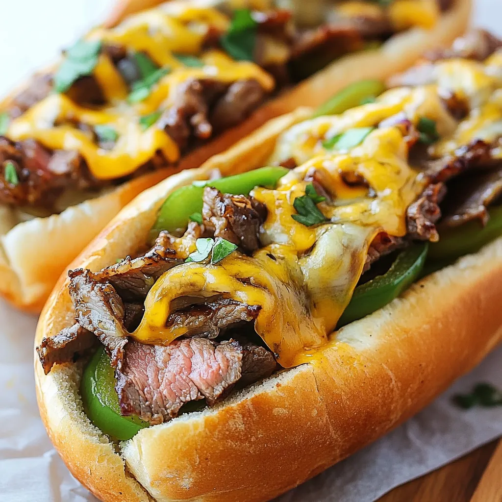 To make a great Philly cheesesteak, gather these key ingredients: - 1 lb ribeye steak, thinly sliced - 1 large onion, thinly sliced - 1 large green bell pepper, sliced - 4 hoagie rolls - 8 slices provolone cheese Ribeye steak is perfect because it is juicy and tender. Thin slices cook fast and absorb flavors well. Onions and bell peppers add sweetness and crunch. Provolone cheese melts nicely, creating the classic cheesesteak experience. You can add more flavor with these optional ingredients: - 2 cloves garlic, minced - Hot sauce, for garnish - Suggested seasonings: Try adding your favorite spices. Black pepper and paprika work well. Garlic gives depth to the dish, while hot sauce adds a spicy kick. Seasonings can enhance the taste and make it your own. Feel free to adjust based on what you enjoy! {{ingredient_image_1}} To start, take 1 pound of ribeye steak and slice it thinly. I like to use a sharp knife for this. Next, place the steak in a bowl. Add salt, pepper, and half of the minced garlic. Mix it well to ensure every piece gets coated. Let this marinate for about 15 minutes. This helps the flavors soak in and makes the steak tasty. While the steak marinates, heat 1 tablespoon of olive oil in a large skillet over medium heat. Add one large onion, thinly sliced, and one green bell pepper, also sliced. Sauté these for about 8 to 10 minutes. The goal is to get them soft and slightly caramelized. This step is important because caramelization adds sweetness and depth to your dish. After that, add the remaining garlic and cook for one more minute. Once done, transfer the veggies to a plate and set them aside. Now, use the same skillet to cook the steak. Add the second tablespoon of olive oil and increase the heat to medium-high. Add the marinated steak to the skillet. Cook for 3 to 4 minutes, stirring occasionally. It is crucial not to overcrowd the pan. This gives the steak a nice sear. When the steak is browned, return the sautéed vegetables to the skillet. Mix all ingredients together and cook for another 1 to 2 minutes to heat everything through. Next, reduce the heat to low. Divide the steak and vegetable mixture into four portions in the skillet. Place 2 slices of provolone cheese on top of each portion. Cover the skillet for 2 to 3 minutes. This helps the cheese melt nicely. Once melted, you are ready to assemble your sandwiches. To get the best sear, start with a hot skillet. Heat your pan over medium-high heat. This helps lock in the juices and gives flavor. Do not overcrowd the pan. If you add too much steak at once, it steams instead of sears. Cook in batches if needed. This way, each piece gets that nice brown crust. Cover the skillet when melting cheese. This traps heat and helps the cheese melt evenly. Place two slices of provolone on each portion of steak. If you want to switch things up, try different cheeses like mozzarella or cheddar. Each cheese brings a unique flavor to your sandwich. For an authentic look, wrap your sandwiches in parchment paper. This gives a casual street-food vibe. Serve them with crispy fries or a fresh salad on the side. A little garnish of chopped parsley can add color and freshness. This makes your meal feel complete and appealing. Pro Tips Slice the Steak Thinly: Ensure the ribeye is sliced as thinly as possible to allow it to cook quickly and remain tender. Use High Heat for Searing: Cooking the steak on high heat helps achieve that beautiful caramelization and enhances the flavor. Experiment with Cheese: While provolone is traditional, feel free to mix in mozzarella or cheddar for a different flavor profile. Rest the Sandwiches: Let the assembled sandwiches rest for a minute before serving to allow the cheese to set and prevent sogginess. {{image_2}} Philly cheesesteak sandwiches change from place to place. Different regions use different types of cheese. Provolone cheese rules in Philly, but some places use Cheez Whiz or American cheese. Each cheese gives its own taste and texture. You can also add fun ingredients. Mushrooms and different peppers are popular choices. Some people love spicy banana peppers or sweet bell peppers. Others like to add sautéed mushrooms for a rich flavor. These add-ins make each sandwich unique. If you want a lighter option, choose leaner cuts of meat. Sirloin or chicken can work well. These choices reduce fat but still taste great. You can also try low-carb wraps instead of hoagie rolls. Lettuce wraps can make a fresh and crunchy base. For plant-based eaters, there are tasty swaps. Use mushrooms or seitan instead of steak. These options give a meaty bite. For cheese, try vegan cheese or cashew cream. These replacements melt nicely and taste good. You can also add beans or lentils for protein. With these swaps, everyone can enjoy a delicious cheesesteak! To store leftovers, place them in an airtight container. Make sure to cool the sandwich first. You can refrigerate it for up to three days. If you want to keep it fresh longer, consider freezing. Reheat the Philly cheesesteak in a skillet over low heat. This keeps the bread crispy and the filling warm. Cover the skillet to help the cheese melt. You can also use a microwave, but it may make the bread soggy. To avoid this, heat in short bursts, checking often. Yes, you can freeze a Philly cheesesteak. First, let it cool completely. Wrap each sandwich tightly in plastic wrap, then place them in a freezer bag. To thaw, move it to the fridge overnight. For best results, reheat in a skillet after thawing. This keeps the texture and flavor intact. The Philly cheesesteak started in the 1930s in Philadelphia. It came from a hot dog vendor. Pat Olivieri, the vendor, put beef on bread. A cab driver loved it. Soon, others wanted to try it. Pat opened a shop, and the cheesesteak grew famous. It became a part of Philly culture and pride. People now enjoy it worldwide, but it still holds roots in its hometown. Yes, you can make this recipe ahead of time. Cook the steak and veggies, then store them. Place them in an airtight container in the fridge. They will stay fresh for up to three days. When you are ready to eat, reheat them in a skillet. Add cheese to melt before serving on hoagie rolls. This makes meal prep easy and fast! If you visit Philadelphia, try Pat's King of Steaks or Geno's Steaks. Both are famous for their classic cheesesteaks. You can also check out Jim's Steaks and Steve's Prince of Steaks. Each place has its style, and you can taste the love in every bite. Don't forget to order with or without onions, depending on your taste! In this blog post, we explored how to make a classic Philly cheesesteak. You learned about essential ingredients like ribeye steak, onions, and provolone cheese. I shared step-by-step instructions for preparing the steak and sautéing vegetables. We discussed tips for perfecting the dish and even variations for different tastes and diets. Remember, whether you're a meat lover or need vegetarian options, there's a cheesesteak for everyone. Enjoy creating this dish that brings friends and family together. Now, roll up your sleeves and get cooking!