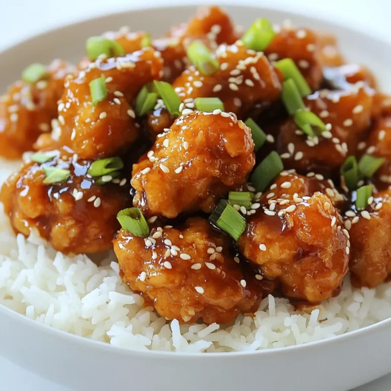 To make General Tso's Chicken, you need to gather these key ingredients: - 1 pound boneless, skinless chicken breasts, cut into bite-sized pieces - 1/2 cup cornstarch - 1/4 cup all-purpose flour - 1 teaspoon baking powder - Salt and pepper, to taste - 2 large eggs, beaten - 3 tablespoons vegetable oil (for frying) - 2 cloves garlic, minced - 1 tablespoon fresh ginger, minced - 1/4 cup soy sauce - 2 tablespoons rice vinegar - 2 tablespoons honey - 1 tablespoon chili paste (adjust for spice preference) - 1 tablespoon sesame oil - 2 green onions, finely chopped - Sesame seeds, for garnish These ingredients create a crispy chicken with a sweet and spicy sauce. If you have dietary needs, you can make some swaps: - Gluten-Free: Use gluten-free flour instead of all-purpose flour. - Low-Carb: Try almond flour in place of cornstarch and flour. - Vegan: Substitute chicken with tofu or tempeh. Use a vegan egg replacement. - Nut-Free: Ensure that the soy sauce is nut-free, and skip sesame oil if needed. These swaps keep the dish tasty while respecting dietary needs. When buying ingredients, choosing good brands makes a difference. Here are my favorites: - Soy Sauce: Kikkoman or Tamari for gluten-free options. - Cornstarch: Bob's Red Mill is a trusted brand. - Chili Paste: Huy Fong Foods Sriracha for heat with flavor. - Honey: Manuka honey is a great choice for quality. Using these brands can enhance your cooking experience and flavor. {{ingredient_image_1}} To start, gather your chicken pieces. Use 1 pound of boneless, skinless chicken breasts. Cut them into bite-sized pieces. In a bowl, mix 1/2 cup of cornstarch, 1/4 cup of flour, 1 teaspoon of baking powder, salt, and pepper. This mixture gives the chicken a nice crunch. Dip the chicken pieces in 2 beaten eggs. Then, coat them well in the cornstarch mix. Make sure each piece is evenly covered. Next, heat 3 tablespoons of vegetable oil in a skillet over medium-high heat. Once the oil is hot, add the chicken in batches. Fry the chicken for about 5-7 minutes. You want them to be golden brown and cooked through. Remove them and drain on paper towels. This helps to remove extra oil, keeping them crispy. In the same skillet, reduce the heat to medium. Add 2 minced cloves of garlic and 1 tablespoon of minced ginger. Sauté for about 30 seconds until fragrant. In a small bowl, whisk together 1/4 cup of soy sauce, 2 tablespoons of rice vinegar, 2 tablespoons of honey, and 1 tablespoon of chili paste. If you like it spicier, add more chili paste. Pour this mixture into the skillet. Bring it to a gentle simmer, stirring to combine all the flavors. Now, add the fried chicken back into the skillet. Toss everything together to coat the chicken in the sauce. Cook for an additional 2-3 minutes until heated through. Remove from heat and mix in 2 chopped green onions. For a beautiful presentation, serve the chicken on a platter over steamed jasmine rice. Garnish with sesame seeds and more green onions. Add a side of pickled vegetables for extra color and taste. Enjoy your homemade General Tso's Chicken! To get that perfect crunch, use cornstarch. It makes the chicken crispier. Dip each piece of chicken in beaten eggs first. Then coat it well in the cornstarch mix. Fry in hot oil to seal in the crunch. Fry in batches so the oil stays hot. This way, you avoid steaming the chicken. One common mistake is overcrowding the pan. When you add too much chicken at once, it lowers the oil's temperature. This leads to soggy chicken instead of crispy. Another mistake is not heating the oil enough. Always test the oil with a small piece first. If it bubbles and sizzles, it’s ready for frying. Lastly, don’t skip the resting step. Let the chicken drain on paper towels after frying to remove excess oil. For a zesty twist, add fresh lemon juice or lime juice to the sauce. This brightens up the flavors. You can also mix in some grated orange zest. It adds a nice citrusy note. If you like heat, try adding more chili paste or sliced fresh chilies. For a nutty flavor, sprinkle in some toasted sesame seeds before serving. This gives a great crunch and taste. Pro Tips Use Cold Chicken: Starting with cold chicken helps it maintain moisture during cooking, resulting in a juicier and more tender final dish. Double Frying: For extra crunch, consider double frying the chicken. Fry it once to cook through, let it rest, then fry again briefly for a crispy exterior. Adjusting Spice Levels: Feel free to modify the amount of chili paste based on your spice tolerance. You can also add some sliced fresh chilies for more heat. Garnishing: For a pop of color and flavor, sprinkle additional fresh herbs or citrus zest on top before serving. {{image_2}} You can easily make a vegetarian version of General Tso's Chicken. Instead of chicken, use tofu or tempeh. Firm tofu works best. Cut it into bite-sized pieces and press it to remove excess water. Coat it in the same cornstarch mixture. Fry until golden and crispy. For added flavor, marinate the tofu in soy sauce for 30 minutes before cooking. This gives it a rich taste. Follow the same steps for the sauce, and you’ll enjoy a tasty vegetarian meal. If you're looking for healthier options, there are simple swaps. Substitute the all-purpose flour with almond flour or whole wheat flour. This adds more nutrients. You can also bake the chicken instead of frying it. Use an air fryer for a crispy finish with less oil. For the sauce, reduce the honey or use a sugar substitute. This makes it less sweet and lowers the calories. These changes make the dish lighter while keeping it flavorful. For those who love heat, spice it up! Add more chili paste to the sauce. You can also include sliced fresh chilies, like jalapeños or Thai bird chilies. Mix them in when you sauté the garlic and ginger. For an extra kick, sprinkle crushed red pepper flakes on top before serving. Adjust the spice level to your liking, and enjoy a fiery twist on this classic dish! To keep your General Tso's Chicken fresh, store it in an airtight container. Let it cool to room temperature first. This helps prevent steam from making it soggy. You can keep it in the fridge for up to three days. If you want to keep it longer, freezing is a good option. When reheating, use the stovetop if you can. Heat it in a pan on medium heat. Add a splash of water or broth to keep it moist. Stir often until it's heated through. This way, the chicken stays crispy. If using a microwave, cover it loosely to avoid drying out. Heat in short bursts, stirring in between. To freeze General Tso's Chicken, portion it into freezer-safe bags. Remove as much air as possible before sealing. Label the bags with the date. It can last up to three months in the freezer. When ready to eat, thaw it overnight in the fridge. Then, reheat using the stovetop method for the best taste. General Tso's Chicken comes from Chinese cuisine. It is named after a Chinese general, Tso Tsung-t'ang. The dish became popular in the United States in the 1970s. Many believe it was created by Chinese chefs in America. It's not a common dish in China, but it has gained fame worldwide. To make General Tso's Chicken less spicy, reduce or skip the chili paste. You can also use mild sauces or add more honey. This will balance out the heat with sweetness. Taste your sauce before adding the chicken. Adjust the flavors to match your preference. Yes, you can use other proteins! Tofu works well for a vegetarian option. Shrimp or beef can also be used if you prefer. Just adjust the cooking time as needed. Ensure your protein is cooked through and coated in the sauce. General Tso's Chicken pairs great with steamed jasmine rice. You can also serve it with fried rice for extra flavor. Stir-fried vegetables add color and crunch. Egg rolls or spring rolls make tasty appetizers too. These sides will round out your meal perfectly. General Tso's Chicken is more than just a tasty dish; it's an experience. We covered key ingredients, cooking steps, and tips for that perfect crunch. You learned how to adapt the recipe for different diets and tastes. We also discussed how to store and reheat leftovers properly. In the end, this dish is simple to make and fun to customize. Enjoy making it your own and impressing friends and family with your skills.
