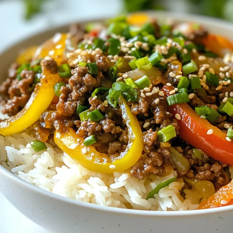 To make a tasty Beef Pepper Rice Bowl, you will need: - 1 cup jasmine rice - 1 lb ground beef - 1 bell pepper (red, yellow, or green), thinly sliced - 1 onion, thinly sliced - 2 cloves garlic, minced - 1 tablespoon soy sauce - 1 tablespoon oyster sauce - 1 teaspoon sesame oil - 1 tablespoon vegetable oil - Salt and pepper to taste These ingredients combine to create a flavorful dish that is sure to please. The ground beef brings rich flavor, while the bell pepper and onion add color and crunch. Jasmine rice serves as a perfect base, soaking up all the delicious sauce. For added flair, consider these garnishes: - Chopped green onions - Sesame seeds These garnishes not only make the dish look great but also enhance the taste. Green onions give a fresh crunch, and sesame seeds add a nutty flavor. To prepare this dish, gather the following kitchen tools: - Medium pot - Large skillet or wok - Spatula - Fork for fluffing rice Having the right tools makes cooking smoother and more enjoyable. A good skillet helps you achieve that nice sear on the beef, while a pot cooks the rice just right. {{ingredient_image_1}} First, rinse 1 cup of jasmine rice under cold water. This helps remove excess starch. Rinse until the water runs clear. In a medium pot, combine the rinsed rice with 2 cups of water. Bring it to a boil over high heat. Once boiling, reduce the heat to low. Cover the pot and let it simmer for 15 minutes. The water should absorb fully. After 15 minutes, remove the pot from heat. Let it sit covered for another 5 minutes. Finally, fluff the rice with a fork to make it light and airy. In a large skillet or wok, heat 1 tablespoon of vegetable oil over medium-high heat. Add 1 thinly sliced onion and cook it until it turns translucent, about 3-4 minutes. Then, add 2 cloves of minced garlic and 1 thinly sliced bell pepper. Sauté these for another 2-3 minutes until the pepper becomes tender. Next, push the vegetable mixture to one side of the skillet. Add 1 pound of ground beef to the empty side. Break the beef apart using a spatula. Cook it until it is browned and fully cooked, which takes about 5-7 minutes. Once the beef is cooked, mix it with the veggies. Stir in 1 tablespoon of soy sauce, 1 tablespoon of oyster sauce, and 1 teaspoon of sesame oil. Season with salt and pepper to taste. Cook everything together for another 2-3 minutes to meld the flavors. Taste and adjust the seasoning if needed. To serve, take a generous scoop of the fluffy jasmine rice and place it in a bowl. Top it with the savory beef and pepper mixture. For a bright finish, sprinkle chopped green onions and sesame seeds on top. This adds color and a nice crunch. Enjoy your Beef Pepper Rice Bowl! To get fluffy rice, rinse jasmine rice well. Rinse until the water runs clear. This helps remove extra starch. Use two cups of water for one cup of rice. Bring it to a boil, then cover and simmer. Let it sit for five minutes after cooking. Fluff it gently with a fork. This method gives you the best texture. Seasoning is key to a tasty dish. Soy sauce adds savory depth, while oyster sauce brings sweetness. Sesame oil adds a nice nutty flavor. Don’t forget to taste your mix! Adjust the salt and pepper to suit your taste. A little extra soy sauce can enhance the umami flavor. When cooking ground beef, use medium-high heat. This helps it brown nicely. Break the beef into small pieces as it cooks. This ensures even cooking. Mix it well with the veggies for great flavor. Cook until no pink remains. This usually takes about five to seven minutes. Make sure to stir frequently for even cooking. Pro Tips Use Cold Water for Rinsing: Rinsing the rice under cold water helps to remove excess starch, resulting in fluffier rice once cooked. Cook on Medium-High Heat: Cooking the beef on medium-high heat allows it to brown nicely, enhancing the overall flavor of the dish. Adjust Sauce to Taste: Feel free to adjust the soy sauce and oyster sauce quantities according to your preference for saltiness and richness. Add More Veggies: You can incorporate additional vegetables like carrots or snap peas to increase the nutritional value and add color to the dish. {{image_2}} You can switch the ground beef for other meats. Ground turkey or chicken work well. These proteins have a lighter flavor but still get nice and juicy. If you want a richer taste, use thinly sliced beef or pork. Just remember to adjust the cooking time based on the protein you choose. For chicken, cook it fully before mixing with veggies. For pork, make sure it reaches a safe temperature. If you want a plant-based option, you can use tofu or tempeh. Press the tofu to remove extra water before cooking. Cut it into cubes and fry until golden. You can also use chickpeas for added protein and texture. For a heartier dish, add mushrooms or jackfruit. Both add a nice umami flavor. Make sure to use vegan sauces, like soy sauce or coconut aminos, instead of oyster sauce. Want to add some heat? You can easily spice up your beef pepper rice bowl. Add sliced jalapeños or chili flakes while cooking. If you like it mild, skip the peppers. For a sweet heat, try adding a bit of sriracha or chili garlic sauce. Mix it into the beef mixture to blend flavors well. Always taste as you go, so you can find the right heat for you. To keep your Beef Pepper Rice Bowl fresh, store it in airtight containers. Cool the dish to room temperature before sealing. This helps prevent moisture buildup. Leftovers are best enjoyed within two to three days. Make sure to keep the rice and beef mixture separate if possible. This keeps the rice from becoming mushy. When you are ready to eat, reheat the beef and rice separately for best results. Use a microwave-safe dish for the rice. Add a splash of water to keep it moist. Heat it for 1-2 minutes, stirring halfway through. For the beef mixture, heat it in a skillet over medium heat. Stir until warmed through, about 5 minutes. This method keeps the flavors fresh and lively. If you want to freeze the Beef Pepper Rice Bowl, place the cooled portions in freezer-safe bags. Squeeze out as much air as you can before sealing. Label the bags with the date. You can freeze it for up to three months. To thaw, move it to the fridge overnight. Reheat as mentioned above. Enjoy a homemade meal even when you're busy! A Beef Pepper Rice Bowl is a tasty dish made with fluffy rice, ground beef, and fresh veggies. You cook jasmine rice, sauté bell peppers, onions, and garlic, then mix in seasoned beef. This dish offers a perfect blend of flavors, making it filling and delicious. It’s a quick meal that you can whip up in about 35 minutes. Yes, you can use brown rice. It has a nuttier flavor and more fiber. Brown rice takes longer to cook than jasmine rice, so adjust the cooking time. Cook brown rice with twice the water and let it simmer until tender. This change makes the dish healthier while still tasting great. To make a gluten-free Beef Pepper Rice Bowl, swap regular soy sauce for gluten-free soy sauce or tamari. Check your oyster sauce for gluten-free options too. The other ingredients, like rice and veggies, are naturally gluten-free. This way, you can enjoy the same great taste without the gluten. You can find Beef Pepper Rice Bowls at many Asian restaurants, especially in Japanese or Korean cuisine. Some casual dining spots may offer their own version as well. Check local menus or delivery apps to discover nearby places that serve this flavorful dish. In this article, we explored how to make a Beef Pepper Rice Bowl. We covered key ingredients, cooking steps, and helpful tips. You learned about variations and how to store leftovers safely. This dish is fun and flexible, allowing creative options. Use different proteins or make it vegetarian. Let your taste guide you in adjusting flavors. With the right steps, you can enjoy a tasty meal anytime.