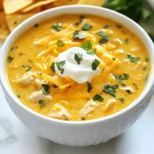 - Chicken and Broth Components - 1 lb boneless, skinless chicken breasts - 4 cups chicken broth - Vegetables and Aromatics - 1 tablespoon olive oil - 1 medium onion, diced - 2 cloves garlic, minced - 1 bell pepper, chopped (any color) - 1 can (14 oz) diced tomatoes with green chilies - 1 can (15 oz) black beans, drained and rinsed - 1 can (15 oz) corn, drained - Spices and Seasonings - 1 tablespoon chili powder - 1 teaspoon cumin - 1 teaspoon paprika - Salt and pepper to taste - Toppings and Serve Suggestions - 1 cup shredded cheddar cheese (plus extra for topping) - 1/2 cup sour cream (for serving) - Fresh cilantro, chopped (for garnish) - Tortilla chips (for serving) Having the right ingredients makes all the difference. You want fresh chicken and a rich broth. The veggies add color and taste. I love using onion, garlic, and bell pepper to build flavor. Tomatoes with green chilies give a nice kick. Black beans and corn add heartiness. The spices tie everything together. Top it off with cheese, sour cream, and cilantro. Crunchy tortilla chips complete the bowl. With these ingredients, you create a warm hug in a bowl, perfect for any day. {{ingredient_image_1}} Sautéing the Onions and Peppers First, heat 1 tablespoon of olive oil in a large pot over medium heat. Add the diced onion. Sauté the onion until it turns soft and clear, which takes about 5 minutes. Then, stir in 2 cloves of minced garlic and 1 chopped bell pepper. Cook this mix for 3 to 4 minutes, just until the bell pepper softens. Cooking the Chicken and Combining Ingredients Next, add 1 pound of boneless chicken breasts to the pot. Pour in 1 can of diced tomatoes, 4 cups of chicken broth, 1 can of black beans, and 1 can of corn. Sprinkle in 1 tablespoon of chili powder, 1 teaspoon of cumin, 1 teaspoon of paprika, and some salt and pepper to taste. Bring this mixture to a boil. Once boiling, lower the heat and cover the pot. Let it simmer for about 20 to 25 minutes, until the chicken is fully cooked. Shredding the Chicken After the chicken cooks, take it out of the pot. Use two forks to shred the chicken into bite-sized pieces. Return the shredded chicken back into the pot and stir well. Adding Cheese and Adjusting Seasoning Now, add 1 cup of shredded cheddar cheese to the pot. Stir until the cheese melts and blends into the soup. Taste your soup and adjust the seasoning, adding more salt or pepper if needed. Simmering for Flavor Enhancement Let the soup simmer for another 5 minutes. This allows all the flavors to mix well. Now, your Chicken Enchilada Soup is ready to serve! Optimal Cooking Times For the best flavor, cook the soup low and slow. After bringing it to a boil, lower the heat. Simmer for about 20-25 minutes. This time lets the chicken cook through and the flavors blend well. How to Shred Chicken Easily To shred chicken like a pro, remove it from the pot first. Use two forks. Hold one fork in each hand. Pull the chicken apart gently until it’s in nice, even pieces. This method is quick and keeps the chicken tender. Overcooking Chicken Be careful not to overcook the chicken. If you cook it too long, it can get dry. Stick to the cooking time of 20-25 minutes for juicy chicken. Not Seasoning Properly Always taste your soup before serving. If it needs more flavor, add salt, pepper, or spices. The right seasonings make your soup pop with flavor. Don’t skip this step! Pro Tips Use Rotisserie Chicken: For a quicker option, substitute cooked rotisserie chicken to save time on prep and cooking. Spice It Up: Adjust the spice level by adding more chili powder or diced jalapeños for an extra kick. Make It Creamy: For a richer flavor, stir in a little cream cheese or heavy cream at the end for added creaminess. Garnish Creatively: Experiment with different toppings like avocado slices, lime wedges, or sliced green onions for a fresh twist. {{image_2}} To make a vegetarian version of this soup, swap the chicken for a can of chickpeas or extra black beans. This keeps it hearty and satisfying. You can also use vegetable broth instead of chicken broth for a full flavor. When cooking, sauté the onions, garlic, and peppers just as you would in the original recipe. Then, add the beans, tomatoes, corn, and spices. Simmer until everything is hot. You can also add zucchini or spinach for extra veggies. Using a slow cooker is easy and great for busy days. Start by sautéing the onions, garlic, and peppers in a pan. This step adds more flavor. After that, add all the ingredients to the slow cooker, including the chicken, beans, and spices. Step-by-Step Slow Cooker Instructions: 1. Sauté onions, garlic, and bell pepper in a skillet. 2. Place the sautéed mix in the slow cooker. 3. Add the chicken, diced tomatoes, broth, beans, corn, and spices. 4. Cook on low for 6-8 hours or high for 4-5 hours. 5. Shred the chicken before serving and stir in the cheese. For best results, check the chicken around the last hour of cooking. You can adjust the heat level easily. For a milder soup, skip the diced tomatoes with green chilies and use regular diced tomatoes. Add a pinch of sugar to balance the flavors if needed. If you like it spicy, add jalapeños or a dash of hot sauce. You can also use spicy cheese for more kick. Recommended Add-ons: - Avocado slices for creaminess - Extra cheese for richness - Fresh lime juice for a zesty touch Experiment with these variations to find your favorite! To store your chicken enchilada soup, let it cool first. Once cool, place it in an airtight container. This way, it stays fresh and tasty. You want to keep it in the fridge. The best practice is to eat it within 3 to 4 days. The soup may lose its flavor after that. You can freeze chicken enchilada soup for later use. For freezing, let the soup cool completely. Then pour it into a freezer-safe container or bag. Ensure you leave some space at the top because it will expand. Label the container with the date. The soup will keep well for up to 3 months in the freezer. When you want to eat it, take it out of the freezer. Thaw it overnight in the fridge. If you’re in a hurry, you can use the microwave. Just make sure to stir it often. To reheat, pour it into a pot on low heat. Stir until hot. Add a splash of chicken broth if it seems thick. Enjoy your delicious soup again! Can I use frozen chicken? Yes, you can use frozen chicken. Just add the chicken directly to the pot. Cook it a bit longer. Make sure it reaches 165°F before serving. What can I use instead of black beans? If you don't have black beans, try pinto beans or kidney beans. Both add great flavor and texture to the soup. How can I make it gluten-free? To make this soup gluten-free, check your broth and canned goods. Use gluten-free broth and ensure your spices are free from gluten. Best Side Dishes to Pair Serve your soup with warm cornbread or a fresh green salad. Both add nice balance to the meal. You can also serve tortilla chips for extra crunch. Meal Prep Ideas for Busy Days Make a big batch of this soup on a weekend. Store it in the fridge for quick meals during the week. It reheats well and tastes even better the next day! This blog post covered how to make a delicious soup, from key ingredients to cooking methods. You learned about sautéing veggies, perfecting flavors, and avoiding mistakes. We also discussed variations like vegetarian options and slow cooker methods. Lastly, I shared tips for storing leftovers and answered common questions. Use this guide to create a soup that warms you up and delights your taste buds. Enjoy cooking and experimenting with flavors!