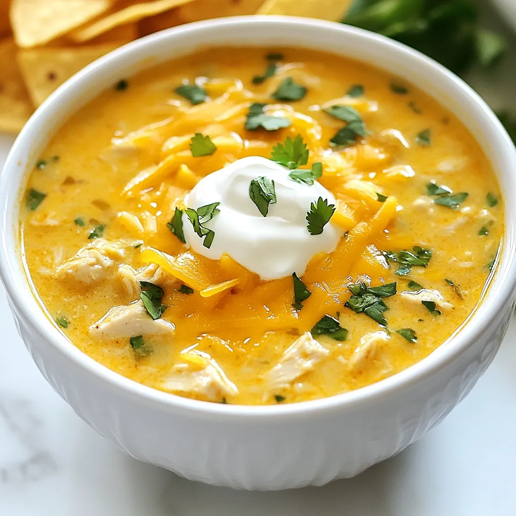 - Chicken and Broth Components - 1 lb boneless, skinless chicken breasts - 4 cups chicken broth - Vegetables and Aromatics - 1 tablespoon olive oil - 1 medium onion, diced - 2 cloves garlic, minced - 1 bell pepper, chopped (any color) - 1 can (14 oz) diced tomatoes with green chilies - 1 can (15 oz) black beans, drained and rinsed - 1 can (15 oz) corn, drained - Spices and Seasonings - 1 tablespoon chili powder - 1 teaspoon cumin - 1 teaspoon paprika - Salt and pepper to taste - Toppings and Serve Suggestions - 1 cup shredded cheddar cheese (plus extra for topping) - 1/2 cup sour cream (for serving) - Fresh cilantro, chopped (for garnish) - Tortilla chips (for serving) Having the right ingredients makes all the difference. You want fresh chicken and a rich broth. The veggies add color and taste. I love using onion, garlic, and bell pepper to build flavor. Tomatoes with green chilies give a nice kick. Black beans and corn add heartiness. The spices tie everything together. Top it off with cheese, sour cream, and cilantro. Crunchy tortilla chips complete the bowl. With these ingredients, you create a warm hug in a bowl, perfect for any day. {{ingredient_image_1}} Sautéing the Onions and Peppers First, heat 1 tablespoon of olive oil in a large pot over medium heat. Add the diced onion. Sauté the onion until it turns soft and clear, which takes about 5 minutes. Then, stir in 2 cloves of minced garlic and 1 chopped bell pepper. Cook this mix for 3 to 4 minutes, just until the bell pepper softens. Cooking the Chicken and Combining Ingredients Next, add 1 pound of boneless chicken breasts to the pot. Pour in 1 can of diced tomatoes, 4 cups of chicken broth, 1 can of black beans, and 1 can of corn. Sprinkle in 1 tablespoon of chili powder, 1 teaspoon of cumin, 1 teaspoon of paprika, and some salt and pepper to taste. Bring this mixture to a boil. Once boiling, lower the heat and cover the pot. Let it simmer for about 20 to 25 minutes, until the chicken is fully cooked. Shredding the Chicken After the chicken cooks, take it out of the pot. Use two forks to shred the chicken into bite-sized pieces. Return the shredded chicken back into the pot and stir well. Adding Cheese and Adjusting Seasoning Now, add 1 cup of shredded cheddar cheese to the pot. Stir until the cheese melts and blends into the soup. Taste your soup and adjust the seasoning, adding more salt or pepper if needed. Simmering for Flavor Enhancement Let the soup simmer for another 5 minutes. This allows all the flavors to mix well. Now, your Chicken Enchilada Soup is ready to serve! Optimal Cooking Times For the best flavor, cook the soup low and slow. After bringing it to a boil, lower the heat. Simmer for about 20-25 minutes. This time lets the chicken cook through and the flavors blend well. How to Shred Chicken Easily To shred chicken like a pro, remove it from the pot first. Use two forks. Hold one fork in each hand. Pull the chicken apart gently until it’s in nice, even pieces. This method is quick and keeps the chicken tender. Overcooking Chicken Be careful not to overcook the chicken. If you cook it too long, it can get dry. Stick to the cooking time of 20-25 minutes for juicy chicken. Not Seasoning Properly Always taste your soup before serving. If it needs more flavor, add salt, pepper, or spices. The right seasonings make your soup pop with flavor. Don’t skip this step! Pro Tips Use Rotisserie Chicken: For a quicker option, substitute cooked rotisserie chicken to save time on prep and cooking. Spice It Up: Adjust the spice level by adding more chili powder or diced jalapeños for an extra kick. Make It Creamy: For a richer flavor, stir in a little cream cheese or heavy cream at the end for added creaminess. Garnish Creatively: Experiment with different toppings like avocado slices, lime wedges, or sliced green onions for a fresh twist. {{image_2}} To make a vegetarian version of this soup, swap the chicken for a can of chickpeas or extra black beans. This keeps it hearty and satisfying. You can also use vegetable broth instead of chicken broth for a full flavor. When cooking, sauté the onions, garlic, and peppers just as you would in the original recipe. Then, add the beans, tomatoes, corn, and spices. Simmer until everything is hot. You can also add zucchini or spinach for extra veggies. Using a slow cooker is easy and great for busy days. Start by sautéing the onions, garlic, and peppers in a pan. This step adds more flavor. After that, add all the ingredients to the slow cooker, including the chicken, beans, and spices. Step-by-Step Slow Cooker Instructions: 1. Sauté onions, garlic, and bell pepper in a skillet. 2. Place the sautéed mix in the slow cooker. 3. Add the chicken, diced tomatoes, broth, beans, corn, and spices. 4. Cook on low for 6-8 hours or high for 4-5 hours. 5. Shred the chicken before serving and stir in the cheese. For best results, check the chicken around the last hour of cooking. You can adjust the heat level easily. For a milder soup, skip the diced tomatoes with green chilies and use regular diced tomatoes. Add a pinch of sugar to balance the flavors if needed. If you like it spicy, add jalapeños or a dash of hot sauce. You can also use spicy cheese for more kick. Recommended Add-ons: - Avocado slices for creaminess - Extra cheese for richness - Fresh lime juice for a zesty touch Experiment with these variations to find your favorite! To store your chicken enchilada soup, let it cool first. Once cool, place it in an airtight container. This way, it stays fresh and tasty. You want to keep it in the fridge. The best practice is to eat it within 3 to 4 days. The soup may lose its flavor after that. You can freeze chicken enchilada soup for later use. For freezing, let the soup cool completely. Then pour it into a freezer-safe container or bag. Ensure you leave some space at the top because it will expand. Label the container with the date. The soup will keep well for up to 3 months in the freezer. When you want to eat it, take it out of the freezer. Thaw it overnight in the fridge. If you’re in a hurry, you can use the microwave. Just make sure to stir it often. To reheat, pour it into a pot on low heat. Stir until hot. Add a splash of chicken broth if it seems thick. Enjoy your delicious soup again! Can I use frozen chicken? Yes, you can use frozen chicken. Just add the chicken directly to the pot. Cook it a bit longer. Make sure it reaches 165°F before serving. What can I use instead of black beans? If you don't have black beans, try pinto beans or kidney beans. Both add great flavor and texture to the soup. How can I make it gluten-free? To make this soup gluten-free, check your broth and canned goods. Use gluten-free broth and ensure your spices are free from gluten. Best Side Dishes to Pair Serve your soup with warm cornbread or a fresh green salad. Both add nice balance to the meal. You can also serve tortilla chips for extra crunch. Meal Prep Ideas for Busy Days Make a big batch of this soup on a weekend. Store it in the fridge for quick meals during the week. It reheats well and tastes even better the next day! This blog post covered how to make a delicious soup, from key ingredients to cooking methods. You learned about sautéing veggies, perfecting flavors, and avoiding mistakes. We also discussed variations like vegetarian options and slow cooker methods. Lastly, I shared tips for storing leftovers and answered common questions. Use this guide to create a soup that warms you up and delights your taste buds. Enjoy cooking and experimenting with flavors!