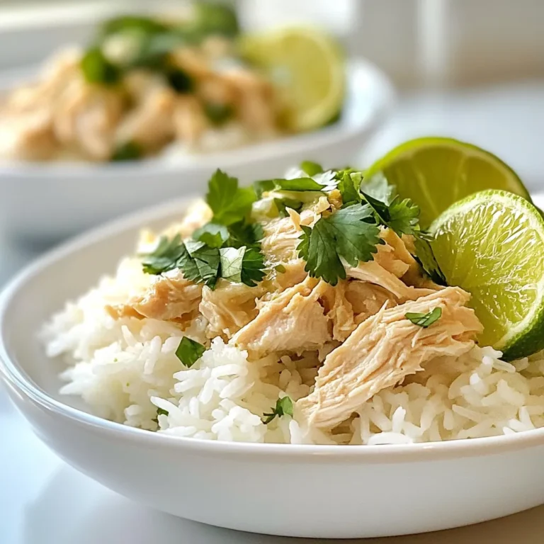 To create your Coconut Lime Crockpot Chicken, you need a few key ingredients. They will work together to bring out the vibrant flavors of this tropical dish. - Chicken and Marinade Components - 2 lbs boneless, skinless chicken breasts - 1 can (13.5 oz) coconut milk - Juice and zest of 2 limes - 1 tablespoon honey - 2 garlic cloves, minced - 1 teaspoon fresh ginger, grated - 1 tablespoon soy sauce (or tamari for gluten-free) - Spices and Seasonings - 1 teaspoon ground cumin - 1 teaspoon salt - ½ teaspoon black pepper - Garnishing Essentials - Fresh cilantro, for garnish Each ingredient plays a vital role. The coconut milk adds creaminess. The lime juice brings a bright, zesty kick. Ginger and garlic provide depth and warmth. Cumin, salt, and pepper enhance the overall flavor. Finally, fresh cilantro adds a touch of color and fresh taste when you serve the dish. Gather these ingredients, and you’re ready to make a meal that will impress your family and friends! {{ingredient_image_1}} Layering the Chicken in the Crockpot Start by placing the chicken breasts in the bottom of your crockpot. Lay them flat to ensure even cooking. It’s important that the chicken is not stacked. This way, all pieces soak up the flavor. Mixing the Coconut Lime Sauce In a mixing bowl, add the coconut milk, lime juice, and zest of the limes. Then, mix in the honey, minced garlic, grated ginger, soy sauce, cumin, salt, and pepper. Whisk until everything blends well. This sauce is key to giving your chicken that delicious flavor. Coating the Chicken Now, pour the coconut lime mixture over the chicken. Make sure each piece is coated well with the sauce. This step locks in the taste and keeps the chicken moist while cooking. Low and Slow Cooking Instructions Cover the crockpot and set it to cook on low for 6-8 hours. You can also cook on high for 3-4 hours if you’re short on time. The chicken will cook slowly and become very tender. Shredding and Mixing After Cooking Once the time is up, use two forks to shred the chicken right in the crockpot. Stir the shredded chicken into the sauce. This mixes all the flavors together, making every bite tasty. Adjusting Seasoning After mixing, taste the chicken. If you want more flavor, add more lime juice or salt. Adjusting the seasoning at this stage makes a big difference in taste. Garnishing for Presentation When serving, garnish with fresh cilantro. This adds a pop of color and flavor. For an appealing look, serve the chicken over jasmine rice or quinoa, and add a lime wedge on the side. Enjoy your meal! Cooking Time Variations I often adjust the cooking time based on my schedule. If you use the low setting, cook for 6-8 hours. On high, 3-4 hours works best. I find that the longer cooking time makes the chicken more tender. Keep an eye on it if you’re short on time. You want it cooked but not dry. Best Practices for Shredding Chicken Shredding chicken can be fun! After cooking, use two forks to pull the chicken apart. This method works well and helps mix the sauce. If you want it really easy, try shredding it in the crockpot itself. Just be gentle to avoid splashing the sauce everywhere. Suggested Seasoning Adjustments The basic flavors shine, but you can tweak them. Add a little more lime juice for extra zing. A pinch of salt can enhance the taste too. If you love garlic, add one more clove. Experiment and see what you enjoy most! Adding Heat with Chili Peppers If you like spice, consider adding chili peppers. Jalapeños or serranos can bring a nice kick. Just chop them finely and mix them in the sauce. Start with a small amount to find your balance. You can always add more if needed. Pro Tips Marinate for More Flavor: For an extra burst of flavor, consider marinating the chicken in the coconut lime mixture for a few hours or overnight before cooking. Use Fresh Ingredients: Whenever possible, use fresh garlic and ginger instead of powdered forms to enhance the overall flavor of the dish. Check for Doneness: Always check the chicken for doneness; it should reach an internal temperature of 165°F (75°C) before serving. Customize with Vegetables: Feel free to add vegetables like bell peppers or snap peas to the crockpot for a nutritious and colorful addition. {{image_2}} Using Different Proteins You can switch up the chicken for other proteins. Try pork or beef. Both work well with the coconut lime flavors. If you prefer fish, use salmon. Cook for less time to keep it tender. Dairy-Free Chocolate Substitutions If you want a sweeter twist, add a dairy-free chocolate option. Use cocoa powder with a bit of honey. This gives a rich flavor that matches the coconut and lime. Crunchy Toppings Add some crunch on top for fun. Try crispy fried onions or chopped nuts. These add a nice texture contrast to the tender chicken. You can also use crushed tortilla chips for a unique twist. Flavor Pairings Pair this dish with fresh fruits. Mango or pineapple adds sweetness and brightness. You can also serve it with a fresh salad. The cool greens balance the warm, rich chicken. After your meal, store any leftovers in the fridge. Put the chicken in a clean container. Make sure it is air-tight to keep it fresh. You can keep Coconut Lime Chicken in the fridge for up to three days. For best results, let the chicken cool down before sealing it. This helps prevent moisture buildup. If you want to keep it longer, consider freezing it. To freeze Coconut Lime Chicken, start with cooled leftovers. Place the chicken in a freezer-safe bag or container. Be sure to remove as much air as possible to avoid freezer burn. You can freeze it for up to three months. When you're ready to eat, take it out of the freezer. Let it thaw overnight in the fridge. You can also use the microwave for a quicker thaw. When reheating, aim for low heat. This keeps the chicken moist and tasty. You can use a skillet or microwave. If using a skillet, add a splash of coconut milk or water to keep it juicy. Stir often until heated through. If you microwave, heat it in short bursts. Stir in between to ensure even heating. Enjoy your delicious Coconut Lime Chicken again! Can I use frozen chicken breast? Yes, you can use frozen chicken breast. Just extend the cooking time. It will take about 8-10 hours on low to cook through. Always check the internal temperature to ensure it reaches 165°F. How can I make it spicier? To add spice, mix in chopped jalapeños or crushed red pepper flakes. You can also add a dash of hot sauce to the coconut lime sauce for extra heat. Adjust the amount to match your spice level. What sides pair well with this dish? Coconut lime chicken tastes great with jasmine rice or quinoa. You can also serve it with steamed veggies or a fresh salad. A side of black beans adds a nice touch too. Can I make it meal prep-friendly? Absolutely! This dish is perfect for meal prep. Cook a larger batch, shred the chicken, and store it in individual containers. It stays tasty for a few days in the fridge. Enjoy it throughout the week! In this blog post, we explored a delicious Coconut Lime Crockpot Chicken recipe. We discussed the key ingredients, preparation steps, and cooking process. I shared tips for perfecting the dish, variations to keep it exciting, and storage info for your leftovers. This recipe is simple and full of flavor. You’ll impress family and friends with minimal effort. Enjoy the cooking adventure and make this dish your own!