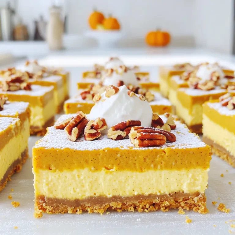 To make delicious pumpkin pecan cheesecake squares, you will need the following ingredients: - 1 ½ cups graham cracker crumbs - ½ cup unsalted butter, melted - ¼ cup brown sugar - 2 (8 oz) packages cream cheese, softened - 1 cup pumpkin puree - 1 cup granulated sugar - 3 large eggs - 1 teaspoon vanilla extract - 1 teaspoon ground cinnamon - ½ teaspoon ground nutmeg - ¼ teaspoon ground ginger - ¼ teaspoon salt - 1 cup pecans, chopped You can customize your pumpkin pecan cheesecake squares with a few optional ingredients: - A pinch of ground cloves for extra spice - A splash of maple syrup for sweetness - Swirls of caramel sauce for a richer flavor If you need gluten-free options, use gluten-free graham cracker crumbs. For dairy-free options, look for dairy-free cream cheese. You can also swap eggs with flaxseed meal or chia seeds for a vegan option. Always check labels to ensure safety for your diet. Start by preheating your oven to 350°F (175°C). Grab a 9x13-inch baking pan. Grease it, then line it with parchment paper. Leave some paper hanging over the sides. This helps you lift out the cheesecake later. In a medium bowl, mix 1 ½ cups of graham cracker crumbs, ½ cup of melted unsalted butter, and ¼ cup of brown sugar. Stir it until it looks like wet sand. This will be your crust. Now, press this mixture firmly into the bottom of the pan. Make sure it’s even. Bake this crust for 8-10 minutes. It should be set and slightly golden. Once done, take it out and let it cool. In a large mixing bowl, beat 2 packages of softened cream cheese with an electric mixer. Mix it until it’s smooth and creamy. Slowly add in 1 cup of granulated sugar. Beat it until it’s well combined. Next, add 1 cup of pumpkin puree, 3 large eggs, 1 teaspoon of vanilla extract, 1 teaspoon of ground cinnamon, ½ teaspoon of ground nutmeg, ¼ teaspoon of ground ginger, and ¼ teaspoon of salt. Mix it all together until the filling is smooth. Gently fold in 1 cup of chopped pecans. This adds a nice crunch to your cheesecake. Pour this mixture over the cooled crust. Spread it evenly. Bake it in the oven for 30-35 minutes. The edges should be set, but the center should still jiggle a little. It will firm up as it cools. After baking, take it out and let it cool on a wire rack. Once it’s cool, pop it in the fridge. Chill it for at least 4 hours, or overnight if you can wait. This helps the flavors blend well. When you’re ready to serve, lift the cheesecake out of the pan using the parchment paper. Cut it into squares. For a nice touch, dust the top with powdered sugar. Add a dollop of whipped cream and a sprinkle of chopped pecans on each square. Enjoy! To get the best crust, start with fresh graham cracker crumbs. You can crush them in a food processor or place them in a zip-top bag and crush them with a rolling pin. Mix them well with melted butter and brown sugar. This mix should feel like wet sand. Press it firmly into the bottom of your pan. Bake it until it is just golden. This step ensures a crunchy base that holds the filling well. One common mistake is overmixing the filling. Mix just until smooth. Overmixing can add too much air and lead to cracks. Another mistake is not letting the bars cool completely before cutting. This can make the squares fall apart. Also, avoid skipping the refrigerating step. Chilling helps the texture firm up. These steps keep your squares looking great and tasting delicious. You can boost the flavor of your cheesecake squares in simple ways. Use fresh spices instead of ground ones for a stronger taste. Adding a splash of maple syrup can enhance the pumpkin flavor too. If you love nuts, sprinkle more chopped pecans on top before baking for added crunch. You can also add a pinch of sea salt to the filling. This will make the sweet notes pop even more. {{image_2}} You can mix it up with your pumpkin pecan cheesecake squares. Try adding chocolate chips for a sweet twist. You can also use maple syrup instead of granulated sugar for a richer taste. If you love spice, add more cinnamon or a splash of clove. Each change brings a new flavor to your squares. You can adjust this recipe to fit your needs. For a gluten-free version, use gluten-free graham crackers or almond flour for the crust. If you want a dairy-free cheesecake, try using cashew cream or coconut cream instead of cream cheese. You can use flax eggs as a substitute for regular eggs for a vegan option. These swaps keep the yummy taste while fitting different diets. Mini versions of these squares are a fun treat. Use a muffin tin lined with cupcake liners. Pour the filling into each liner and bake as usual. They will bake faster, so check them around 20 minutes. These bites are perfect for parties or gatherings. They are easy to serve and look great on a platter. Little hands can grab them easily! To keep your pumpkin pecan cheesecake squares fresh, store them in the fridge. Use an airtight container to prevent them from drying out. If you do not have one, cover them tightly with plastic wrap. These squares stay tasty for up to five days in the fridge. If you want to save some for later, freezing is a great option. First, let the squares cool completely. Then, cut them into individual pieces. Wrap each square in plastic wrap and place them in a freezer-safe bag. They can last in the freezer for about three months. When you're ready to enjoy, simply thaw them in the fridge overnight. Leftovers should be stored correctly to maintain their flavor. Place any uneaten squares in the fridge in an airtight container. Make sure to separate layers with parchment paper to avoid sticking. If you have a lot left, consider freezing half. This way, you can enjoy them again later without worry. Yes, you can make these squares ahead of time. They taste even better after they chill. I recommend making them a day before you plan to serve them. Just let them cool completely, then refrigerate them. This helps the flavors blend nicely. Look for the edges to be set, but the center should still jiggle a bit. This means it is not overcooked. The cheesecake will firm up as it cools down. Trust your eyes; a slight jiggle is a good sign. If you need a substitute, try using mascarpone cheese. It has a similar texture and taste. You can also use Greek yogurt for a lighter option. Both will still give you a creamy filling for your squares. This blog post covered all you need for making delicious pumpkin pecan cheesecake squares. We explored key ingredients, offered step-by-step instructions, and shared helpful tips. You learned about variations, storage tips, and answers to common questions. These easy squares blend flavors and satisfy many diets. I hope you feel ready to bake and enjoy this treat with friends or family. Happy baking!