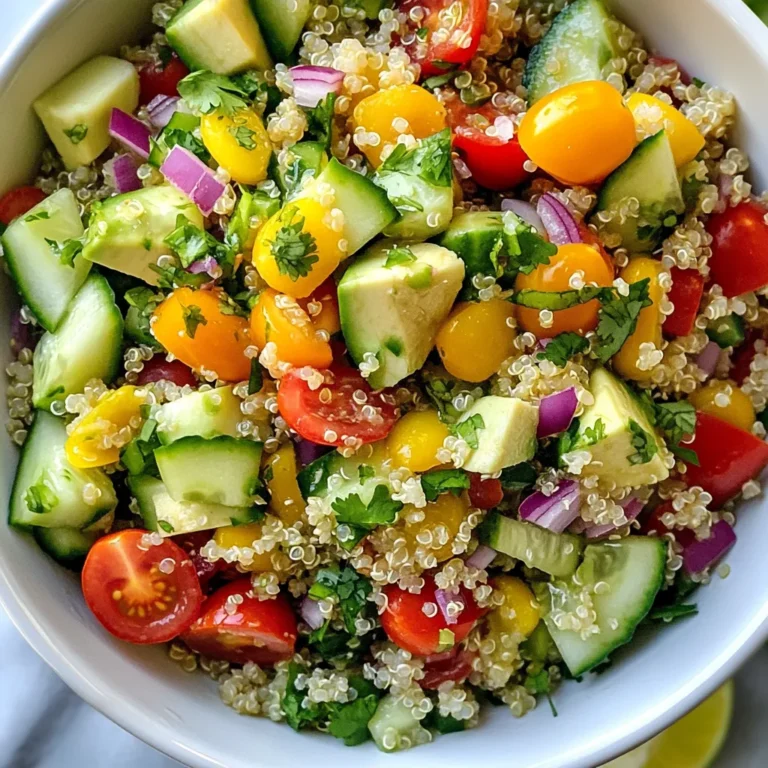 To make this bright and tasty cilantro lime quinoa salad, you will need: - 1 cup quinoa, rinsed and drained - 2 cups vegetable broth or water - 1 cup cherry tomatoes, halved - 1 cucumber, diced - 1 red bell pepper, diced - 1 can (15 oz) black beans, rinsed and drained - 1 avocado, diced - 1/2 cup fresh cilantro, chopped - 1/4 cup red onion, finely chopped - Juice of 2 limes - 3 tablespoons olive oil - 1 teaspoon cumin - Salt and pepper to taste If you can’t find some ingredients, don’t worry! Here are some easy swaps: - Instead of quinoa, you can use bulgur or farro. - Swap black beans for chickpeas or kidney beans. - Use lime juice from a bottle if fresh limes are not available. - For a creamier taste, you can replace avocado with Greek yogurt. - If you don’t have fresh cilantro, parsley makes a good alternative. This salad is not only tasty but also good for you! Each serving has: - Calories: 300 - Protein: 10g - Carbohydrates: 45g - Fat: 12g - Fiber: 12g - Sugars: 2g With these ingredients, you're set for a fresh and healthy meal! Each bite offers a mix of flavors and good nutrition. {{ingredient_image_1}} To start, bring 2 cups of vegetable broth or water to a boil in a medium saucepan. This adds taste and nutrients. Once it boils, add 1 cup of rinsed quinoa. Reduce heat to low and cover the pot. Let it simmer for about 15 minutes. The quinoa will absorb all the liquid and become fluffy. After 15 minutes, take it off the heat. Let it cool for about 10 minutes. Fluff it gently with a fork to separate the grains. While the quinoa cools, grab a large mixing bowl. In this bowl, add the cooled quinoa. Then, toss in 1 cup of halved cherry tomatoes, 1 diced cucumber, and 1 diced red bell pepper. Next, add 1 can of black beans that you’ve rinsed and drained. Don’t forget to include 1 diced avocado, 1/2 cup of chopped fresh cilantro, and 1/4 cup of finely chopped red onion. Mix gently to combine all the fresh, vibrant ingredients. Now, let’s make the dressing. In a small bowl, squeeze the juice of 2 limes. Add 3 tablespoons of olive oil, 1 teaspoon of cumin, and a pinch of salt and pepper. Whisk it all together until it blends well. This dressing will add a zesty kick to your salad. Drizzle the dressing over the quinoa mixture and toss gently. Make sure every ingredient is coated. Taste the salad and adjust the seasoning. You can add more lime juice, salt, or pepper if you wish. To cook fluffy quinoa, start by rinsing one cup of quinoa in water. This step removes any bitter taste. Next, bring two cups of vegetable broth or water to a boil in a medium saucepan. Once boiling, add the rinsed quinoa. Reduce the heat to low, cover, and let it simmer for about 15 minutes. After the time is up, remove the pot from the heat. Let it sit for 10 minutes to steam. Finally, fluff the quinoa with a fork. This method gives you perfectly cooked quinoa every time. To boost the flavor of your quinoa salad, use fresh ingredients. Always opt for ripe cherry tomatoes and a bright cucumber. Add fresh lime juice and good olive oil for a zesty kick. A teaspoon of cumin brings warmth and depth to the dish. Don’t forget to season with salt and pepper to taste. Mixing in fresh herbs like cilantro adds a vibrant touch. Adjust the lime juice as needed to suit your taste. This makes every bite more enjoyable. For a stunning presentation, use a large bowl to serve your salad. Layer the ingredients for a colorful look. Garnish the top with extra cilantro and lime wedges. This not only looks good but also adds more flavor. You can also serve individual portions for a nice touch at a gathering. A sprinkle of additional cumin on top gives a hint of spice. These small details make your salad appealing and fun to eat. Pro Tips Rinse the Quinoa: Rinsing quinoa before cooking removes its natural coating, called saponin, which can taste bitter. This step ensures a more pleasant flavor in your salad. Choose Fresh Ingredients: For the best flavor and nutrition, opt for fresh vegetables and herbs. Look for vibrant colors and firm textures when selecting your produce. Customize the Dressing: Feel free to adjust the lime juice and olive oil to suit your taste. Adding a pinch of sugar or a dash of hot sauce can create a unique flavor profile. Make it Ahead: This salad keeps well in the refrigerator, making it a great option for meal prep. Just add the avocado right before serving to prevent browning. {{image_2}} You can easily boost the protein in your cilantro lime quinoa salad. Try adding grilled chicken, shrimp, or tofu. Each of these choices adds unique taste and texture. For a simple boost, mix in some nuts or seeds. Pumpkin seeds or slivered almonds work great. They add crunch and nutrition. This salad is already vegan and gluten-free, but you can make it even more so. If you want a different flavor, swap the black beans for chickpeas. They give a nice twist and keep it hearty. Also, check your vegetable broth. Ensure it is gluten-free if you need that option. Using seasonal vegetables makes this salad fresh and exciting. In spring, add asparagus or snap peas for crunch. Summer is perfect for ripe peaches or corn. In fall, roasted sweet potatoes add warmth. Winter calls for hearty veggies like brussels sprouts. These changes keep your salad vibrant and satisfying. To keep your cilantro lime quinoa salad fresh, store it in an airtight container. Make sure the salad is cool before sealing it. This way, you limit moisture and keep flavors intact. Place the container in the fridge. It stays fresh for about 3 to 5 days. If you notice any changes in smell or color, it's best to toss it. You can freeze cilantro lime quinoa salad, but avoid freezing the fresh avocado and tomatoes. These ingredients don't thaw well. To freeze, portion the salad into freezer-safe bags or containers. Remove as much air as possible before sealing. It can last up to 2 months in the freezer. When ready to eat, thaw it in the fridge overnight. Cilantro lime quinoa salad is best enjoyed fresh. However, if you store it properly, it can last a few days. For serving, make sure to give it a good stir before you dig in. Add fresh lime juice or a drizzle of olive oil for extra flavor. You can pair it with grilled chicken or fish for a complete meal. Yes, you can make this salad ahead of time. It tastes great after the flavors mix. I suggest making it a few hours before serving. You can also store it overnight in the fridge. Just keep the dressing separate until you are ready to eat. This way, the salad stays fresh and crunchy. Cilantro Lime Quinoa Salad pairs well with many dishes. You can serve it with grilled chicken or fish for a complete meal. It also goes great with tacos or wraps. If you want a lighter meal, serve it with a side of fresh fruit. This salad is versatile and fits many types of meals. Leftovers of this salad last about three to four days in the fridge. Make sure to keep it in an airtight container. If the salad looks or smells off, it’s best to throw it away. Enjoy the fresh flavors while they last. This blog post covered the essential ingredients and methods for making a tasty quinoa salad. You learned how to cook fluffy quinoa, mix fresh ingredients, and prepare a delicious dressing. I shared tips for flavor and serving, plus variations to customize your salad. Finally, we talked about storage and answered common questions. Remember, this salad is easy to personalize and perfect for any meal. Enjoy your cooking and get creative with your ingredients!